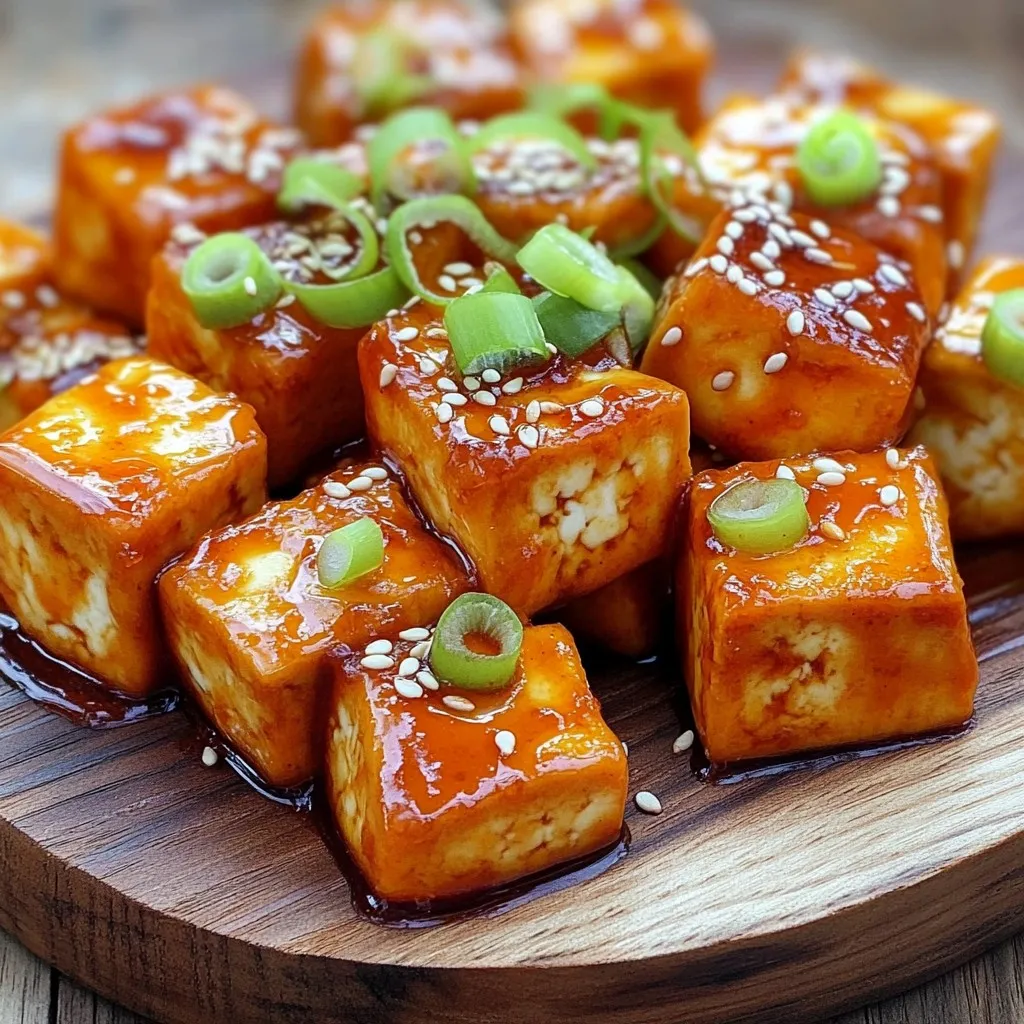 - 14 oz firm tofu, drained and pressed - 3 tablespoons honey - 2 tablespoons Sriracha sauce - 2 tablespoons cornstarch - 2 tablespoons olive oil - 1 tablespoon soy sauce (or tamari for gluten-free) - 1 teaspoon garlic powder - 1 teaspoon ginger powder - Green onions, sliced (for garnish) - Sesame seeds (for garnish) - Salt and pepper to taste Gathering the right ingredients sets the stage for a tasty dish. Firm tofu provides a solid base, and honey adds sweetness. The Sriracha sauce gives it a spicy kick. Cornstarch is key for crunch. Olive oil helps the tofu crisp up nicely. Soy sauce, or tamari, brings in umami flavor. For seasoning, garlic and ginger powders give depth. Green onions and sesame seeds are excellent for garnish. Remember to adjust salt and pepper to your taste. With these ingredients, you create a delightful balance of flavors and textures. Each bite is a perfect mix of sweet, spicy, and savory. Enjoy the process of cooking and the rewards of a delicious meal! Draining and Pressing Tofu Start by draining the firm tofu. This helps remove extra water. Wrap the tofu in a clean kitchen towel. Place a heavy object on top. Let it press for 15-20 minutes. This step makes the tofu crispier. Cutting Tofu into Cubes Once pressed, take the tofu out of the towel. Cut it into bite-sized cubes. Aim for pieces about one inch each. This size helps them cook evenly. Whisking Marinade Ingredients In a large bowl, add the marinade ingredients. Combine 3 tablespoons honey, 2 tablespoons Sriracha, 1 tablespoon soy sauce, 1 teaspoon garlic powder, and 1 teaspoon ginger powder. Add salt and pepper to your taste. Whisk everything together until smooth. Marinating Time and Tips Add the tofu cubes to the marinade. Gently toss to coat each cube. Let the tofu marinate for at least 15 minutes. If you have time, marinate it overnight for more flavor. Coating with Cornstarch After marinating, sprinkle 2 tablespoons of cornstarch over the tofu. Toss gently to coat the cubes again. This will help create a nice crispy texture. Preheating the Air Fryer Preheat your air fryer to 375°F (190°C). This takes about 5 minutes. Preheating helps cook the tofu evenly. Air Frying Steps and Tips Lightly brush the air fryer basket with olive oil. This keeps the tofu from sticking. Place the coated tofu cubes in a single layer. Do not overcrowd them; it’s better to cook in batches. Air fry for 15-20 minutes. Shake the basket halfway through to ensure even cooking. The tofu should turn golden brown and crispy. Pressing tofu is very important. It helps remove water, making the tofu firmer. To press tofu, wrap it in a clean towel and place a weight on top. Leave it for 15-20 minutes. This step makes the tofu crispy. To cook evenly, cut tofu into equal cubes. Aim for bite-sized pieces. Lay them flat in the air fryer basket. Avoid stacking them to ensure even cooking. Shake the basket halfway through cooking for the best results. To add more flavor, try adding spices like smoked paprika or cumin. These spices bring a nice twist. You can also add garlic powder for extra depth. This combination makes the dish more vibrant. If you like heat, adjust the Sriracha amount. Add more for a spicy kick. Or, mix in chili flakes for a different flavor. You can even use honey to balance the heat if it gets too spicy. Pair your crispy tofu with fluffy rice or steamed veggies. These sides complement the dish well. You can also serve it with a fresh salad for a light meal. For a fun twist, try it in tacos or wraps. Add some crunchy veggies and a drizzle of sauce. You can also sprinkle some sesame seeds and green onions on top for a beautiful finish. This adds flavor and makes it look great. {{image_2}} You can use different types of tofu for this dish. Firm tofu is best for a crispy texture. Soft tofu works too, but it may not hold its shape well. If you want a firmer bite, choose extra-firm tofu. It will give a nice crunch. If you follow a different diet, there are great substitutes. Tempeh is a fantastic choice. It has a nutty flavor and is high in protein. You can also use seitan, which mimics meat well. For a soy-free option, try chickpeas. They add protein and a unique taste. You can switch up the sauce for different flavors. Try BBQ sauce for a smoky twist. A teriyaki glaze adds sweetness. For a tangy kick, use a mustard sauce. You can also mix hot sauce with your favorite fruit jam for a fruity heat. Adjust the sweetness to your liking. If you prefer less sugar, reduce the honey. You can also swap it for maple syrup. This option keeps it vegan and is just as sweet. Experiment and find your favorite balance! If you don’t have an air fryer, you can bake the tofu. Preheat your oven to 400°F (200°C). Spread the marinated tofu on a baking sheet. Bake for 25-30 minutes, flipping halfway through for even crisping. Pan-frying works well too. Heat a tablespoon of olive oil in a skillet over medium heat. Add the coated tofu and cook for about 5-7 minutes on each side. This method gives you a nice golden crust. Enjoy the crispy goodness no matter how you cook it! To store your leftover crispy honey Sriracha tofu, follow these steps: - Refrigeration: Place the tofu in an airtight container. This keeps it fresh for up to three days. - Best Practices: Make sure the tofu is cool before sealing. This helps prevent moisture buildup, which can make the tofu soggy. - Freezing Instructions: If you want to freeze it, use a freezer-safe bag or container. It can last for up to three months. Keep in mind that freezing may affect its texture. When reheating tofu, you want to keep it crispy. Here are some methods to do that: - Oven Method: Preheat your oven to 375°F (190°C). Spread the tofu on a baking sheet. Bake for about 10-15 minutes, flipping halfway through. - Air Fryer Method: You can also use the air fryer! Set it to 375°F (190°C) for 5-7 minutes. This helps regain that crispy texture. - Microwave Method: If you’re in a hurry, use the microwave. However, this method can make the tofu soft. Heat in short bursts, checking often. Maintaining crispiness is key. Avoid covering the tofu while reheating, as this traps steam. Enjoy your tasty leftovers! Yes, you can use extra firm tofu. Extra firm tofu has less water, making it denser. This type holds its shape well during cooking. It also gets crispier in the air fryer. Firm tofu works, but extra firm gives a better texture. Yes, this recipe can be gluten-free. To make it gluten-free, use tamari instead of soy sauce. Tamari is a gluten-free alternative and gives a similar taste. Always check labels to ensure your other ingredients are gluten-free. This way, you can enjoy the dish without worry. This recipe is already vegan if you use plant-based honey. Regular honey is not vegan. You can replace honey with maple syrup or agave nectar. Both options add sweetness without animal products. Enjoy a fully vegan dish that everyone will love! By using firm tofu, sweet honey, and spicy Sriracha, you can create a tasty dish. Following the step-by-step guide helps you prepare, marinate, and cook with ease. Remember to press the tofu for the best texture and explore variations for more flavors. Store any leftovers properly to enjoy later. Cooking can be fun and healthy. Keep trying new methods and flavors. You’ll master this recipe and impress anyone who tries your dishes. Enjoy your cooking adventures!