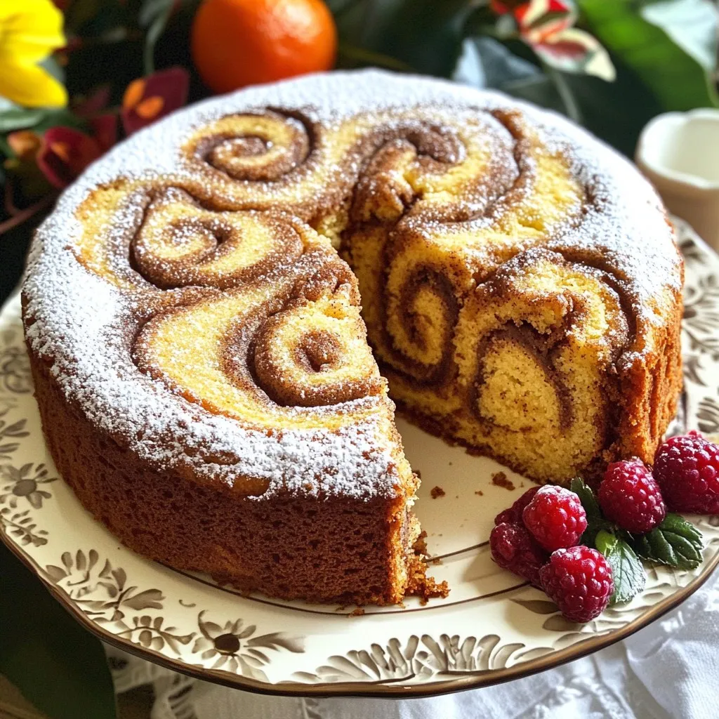 - 2 cups all-purpose flour - 1/2 teaspoon baking powder - 1/2 teaspoon baking soda - 1 teaspoon ground cinnamon - 1/4 teaspoon salt - 1/2 cup unsalted butter, softened - 1 cup granulated sugar - 2 large eggs - 1 teaspoon vanilla extract - 1/2 cup sour cream - 1/2 cup light brown sugar, packed - 1 tablespoon ground cinnamon (for swirl) - 1/2 cup chopped walnuts (optional) - Powdered sugar (for dusting) When I gather the ingredients for my Cinnamon Swirl Coffee Cake, I feel the excitement. Each one plays a role in creating a soft, moist cake filled with a warm, sweet swirl. For the dry ingredients, I start with all-purpose flour. It gives the cake structure. Baking powder and baking soda help it rise. Ground cinnamon and salt add flavor. Together, they form a solid base. Next, I focus on the wet ingredients. I use unsalted butter for a rich taste. Granulated sugar sweetens and helps with texture. The eggs bring moisture and bind everything together. I add vanilla extract for a hint of warmth and sour cream for creaminess. This mix creates a lovely batter. For the cinnamon swirl, I combine light brown sugar and ground cinnamon. This mix creates a sweet, spicy layer inside the cake. If I want some crunch, I add chopped walnuts. Finally, I always dust the finished cake with powdered sugar. It gives a beautiful finish and a touch of sweetness. With these ingredients ready, I can’t wait to bake! Each step brings me closer to a delicious treat. First, you need to preheat your oven to 350°F (175°C). This step is key for even baking. While the oven heats, grab a 9-inch round cake pan or a square baking dish. Grease the pan well with butter or cooking spray, then dust it with flour. This prevents sticking and ensures a clean release. In a medium bowl, whisk together the following dry ingredients: - 2 cups all-purpose flour - 1/2 teaspoon baking powder - 1/2 teaspoon baking soda - 1 teaspoon ground cinnamon - 1/4 teaspoon salt Give these a good mix and set them aside. This helps to combine everything evenly. In a large mixing bowl, cream together: - 1/2 cup unsalted butter, softened - 1 cup granulated sugar Use an electric mixer for about 3 to 4 minutes until the mixture is light and fluffy. This is a crucial step for texture. Next, beat in 2 large eggs, one at a time. Then, add in 1 teaspoon of vanilla extract and mix it in well. Now, add in 1/2 cup of sour cream to the butter mixture. Mix until it is blended smoothly. Gradually add the dry ingredient mixture to the wet ingredients. Stir just until combined. Remember, do not overmix! This keeps the cake soft and tender. In a small bowl, combine: - 1/2 cup light brown sugar, packed - 1 tablespoon ground cinnamon If you like, mix in 1/2 cup of chopped walnuts for a nice crunch. Next, pour half of the batter into the prepared pan. Sprinkle half of the cinnamon-sugar mixture over this layer. Repeat with the remaining batter and cinnamon mixture. Now for the fun part! Use a butter knife to gently swirl the mixture through the batter. Aim for a light swirl to keep those layers nice. Place the cake in the preheated oven and bake for 35-40 minutes. To check for doneness, insert a toothpick into the center. If it comes out clean, the cake is ready. Once baked, let it cool in the pan for about 10 minutes. Then, transfer it to a wire rack to cool completely. How to prevent overmixing Overmixing can ruin your cake's texture. Mix the wet and dry ingredients just until they blend. A few lumps are okay. This keeps your cake light and fluffy. Achieving the perfect swirl To create a nice swirl, layer half of the batter in the pan. Top it with half of the cinnamon-sugar mix. Then add the rest of the batter and sprinkle the remaining mix. Use a butter knife to gently swirl. Go slow to keep the layers visible. Enhancing presentation For a lovely look, cut the cake into even slices. Serve it on a pretty plate. A sprinkle of powdered sugar gives it a nice touch. Fresh fruit or whipped cream adds color and flavor. Pairing with beverages This cake goes well with coffee or chai. A warm cup of tea also works. These drinks enhance the cake's flavors and make a great snack. Mistakes in ingredient measurements Too much or too little of an ingredient can change the cake. Always measure carefully. Use a kitchen scale for precision. This helps you get the best texture and taste. Not cooling the cake properly Let the cake cool in the pan for about 10 minutes. Then move it to a wire rack. This prevents sogginess and keeps the bottom from getting mushy. Proper cooling makes your cake just right for serving. {{image_2}} You can change the flavor of your coffee cake easily. Adding fruits like apples or raisins brings natural sweetness. Chopped apples work great, adding moisture and flavor. Raisins add a chewy texture that pairs well with cinnamon. You can also try different nuts. Pecans or almonds can give a nice crunch. Just chop them up and mix them into the batter or sprinkle on top. If you need gluten-free options, use a gluten-free flour blend. Many blends work well in cakes and keep the texture light. For a vegan version, swap eggs for flax eggs. Mix one tablespoon of flaxseed meal with three tablespoons of water. Let it sit for a few minutes to thicken. Use plant-based butter and dairy-free sour cream too. These changes keep the taste delicious and friendly for all diets. Seasonal flavors can make your cake special. In fall, add nutmeg or pumpkin spice for a warm taste. These spices blend beautifully with cinnamon. For the holidays, think about adding peppermint or ginger. You can even toss in a handful of dried cranberries for a festive touch. These twists will make your coffee cake a star at any gathering! To store your cake short-term, cover it tightly with plastic wrap. This keeps it moist. You can place it in the fridge for up to a week. If you want to freeze it, wrap it well in foil or plastic wrap. This way, it stays fresh for about three months. For long-term storage, keep it in an airtight container. This helps prevent it from drying out. When you want to enjoy a slice, remove it from the container. Let it sit at room temperature for about 30 minutes. You can also reheat slices in the microwave for 10-15 seconds. This brings back its soft texture. Cinnamon swirl coffee cake stays fresh for about one week in the fridge. If frozen, it can last up to three months. Look for signs of spoilage, like a dry or hard texture. If you see mold, discard it. Always trust your senses; if it smells off, it’s best to toss it. To check if your coffee cake is ready, use the toothpick test. Insert a toothpick into the center of the cake. If it comes out clean, the cake is done. If it has batter on it, give it more time. You can also look for visual clues. The cake should be golden brown and spring back when lightly touched. If the edges pull away from the pan, that’s another sign it’s ready. Yes, you can use other flours in this recipe. Whole wheat flour adds a nutty taste. Almond flour makes the cake moist but can be denser. Oat flour gives a unique flavor and texture. Each option changes the cake's final taste and feel. Adjusting flour means you may need to tweak the liquid. Keep an eye on the texture; it should remain fluffy and tender. If you need a substitute for sour cream, you have options. Greek yogurt works well and keeps the cake moist. You can also use buttermilk for a tangy flavor. For dairy-free choices, try coconut yogurt or silken tofu blended smooth. Each alternative changes the taste and creaminess. Keep this in mind when choosing your substitute. You’ve learned how to make a delicious cinnamon swirl cake with easy steps. We covered all the key ingredients, from dry to wet, and even options for variations. I shared essential tips on baking and common mistakes to avoid. Remember, you can customize this cake for different diets or seasons. Store your cake properly to keep it fresh longer. Enjoy the baking process, and have fun sharing your cake with others!