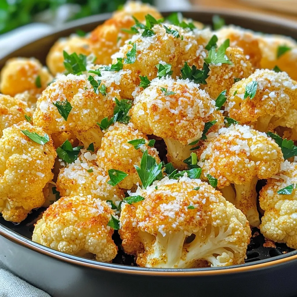 - 1 medium head of cauliflower - 3 tablespoons olive oil - 4 cloves garlic, minced The main star of this dish is the cauliflower. I love using a medium head, as it gives the perfect amount for sharing. The olive oil adds richness and helps the spices stick. Minced garlic gives that great punch of flavor. - 1/2 cup grated Parmesan cheese - 1 teaspoon onion powder - 1 teaspoon garlic powder - 1/2 teaspoon crushed red pepper flakes (optional) Seasoning is key here. I use Parmesan cheese for a salty kick. Onion powder and garlic powder boost the flavor. If you like heat, add red pepper flakes. It’s optional, but I recommend it for a nice kick! - Salt and pepper to taste - 2 tablespoons fresh parsley, chopped When it comes to garnishes, fresh parsley is my go-to. It adds color and freshness. Don't forget to season with salt and pepper! It makes a big difference in taste. 1. First, preheat your air fryer to 400°F (200°C). This takes about 5 minutes. 2. Next, cut a medium head of cauliflower into florets. Make sure they are similar in size. This helps them cook evenly. 1. In a large bowl, combine 3 tablespoons of olive oil, 4 minced garlic cloves, 1 teaspoon of onion powder, and 1 teaspoon of garlic powder. 2. If you like some heat, add 1/2 teaspoon of crushed red pepper flakes. 3. Sprinkle in salt and pepper to taste. Mix everything well. 4. Add the cauliflower florets to the bowl and toss them in the mixture. Make sure each piece is coated. 5. Finally, sprinkle 1/2 cup of grated Parmesan cheese over the cauliflower and toss again. 1. Place the coated cauliflower florets in the air fryer basket in a single layer. You may need to do this in batches. 2. Air fry the cauliflower at 400°F (200°C) for 10 to 12 minutes. 3. Halfway through cooking, shake the basket. This helps the cauliflower brown evenly. 4. Cook until the cauliflower is golden brown and crispy. Enjoy a tasty side dish that is simple and packed with flavor! Using fresh garlic gives you a strong taste. Fresh garlic adds a bright, bold flavor. Minced garlic works too, but it lacks that punch. Seasoning well is also key. Don’t skip the salt and pepper. They help bring out the taste. Cook in batches if needed. Overcrowding the air fryer makes it hard for heat to circulate. This can lead to uneven cooking. Aim for golden brown crispness. Shake the basket halfway through cooking. This helps all sides get that nice crunch. Herbs enhance flavor and look. Fresh parsley adds color and freshness. You can also use thyme or chives for a twist. Consider adding a squeeze of lemon juice. It brightens the dish and adds zing. For visual appeal, try a sprinkle of extra Parmesan. It makes the dish pop! {{image_2}} You can change the flavor of Air Fryer Garlic Parmesan Cauliflower in fun ways. - Different Cheeses: Try adding cheddar for a sharp taste or feta for a tangy kick. Both melt well and add creaminess. - Spice Levels: If you like heat, add more crushed red pepper flakes. You can also mix in cayenne pepper for extra zing. Mixing in other veggies can make this dish even better. - Extra Vegetables: Bell peppers and broccoli pair nicely with cauliflower. Just chop them small and add to the mix. - Spicy Version: For a fiery twist, drizzle some hot sauce over the cauliflower before serving. It adds a burst of flavor! Making this dish fit your diet is easy. - Vegan Option: Skip the Parmesan cheese to make it vegan. You can use nutritional yeast for a cheesy flavor. - Gluten-Free: This dish is naturally gluten-free. Just ensure the spices you use do not contain gluten. Store any leftover Air Fryer Garlic Parmesan Cauliflower in an airtight container. This keeps it fresh and tasty. It will last in the fridge for about 3 to 4 days. When ready to eat again, just reheat it. Yes, you can freeze cooked cauliflower! To freeze, let it cool completely. Then place it in a freezer-safe bag or container. Try to remove as much air as possible to avoid freezer burn. It can last for up to 2 months in the freezer. To reheat, use the air fryer for the best texture. Set it to 350°F (175°C) and heat for about 5 minutes. This keeps the cauliflower crispy. You can also use a microwave, but it may become soggy. If you choose the microwave, heat in short intervals and check often. It takes about 10 to 12 minutes to cook this dish in the air fryer. Start by preheating your air fryer to 400°F (200°C) for 5 minutes. Then, air fry your cauliflower florets, shaking the basket halfway through. This step helps ensure even cooking and browning. Yes, you can use frozen cauliflower. However, you may need to adjust the cooking time. Frozen cauliflower often contains more water. Make sure to thaw and drain it before coating it with the oil and seasonings. This step will help keep your dish crispy. This tasty side dish pairs well with many main courses. You can serve it with grilled chicken, steak, or fish. It also goes well with pasta dishes or as part of a veggie platter. The flavors add a nice touch to any meal. Yes, you can make this dish in the oven. Preheat your oven to 425°F (220°C). Spread the cauliflower on a baking sheet in a single layer. Bake for 20 to 25 minutes, flipping once halfway through. This method gives a nice, roasted flavor. Absolutely! If you love garlic, feel free to add a bit more. You can increase the minced garlic to 5 or 6 cloves. Just remember, too much garlic may overpower the dish. Taste as you go to find your perfect balance. This post detailed how to make delicious Air Fryer Garlic Parmesan Cauliflower. You learned about the key ingredients, the step-by-step cooking process, and ways to add flavor. I shared tips to get the best texture and how to store leftovers. Experimenting with variations keeps the dish fresh and fun. Remember, a great recipe lets you tailor it to your taste. Enjoy the crunch and savor each bite!