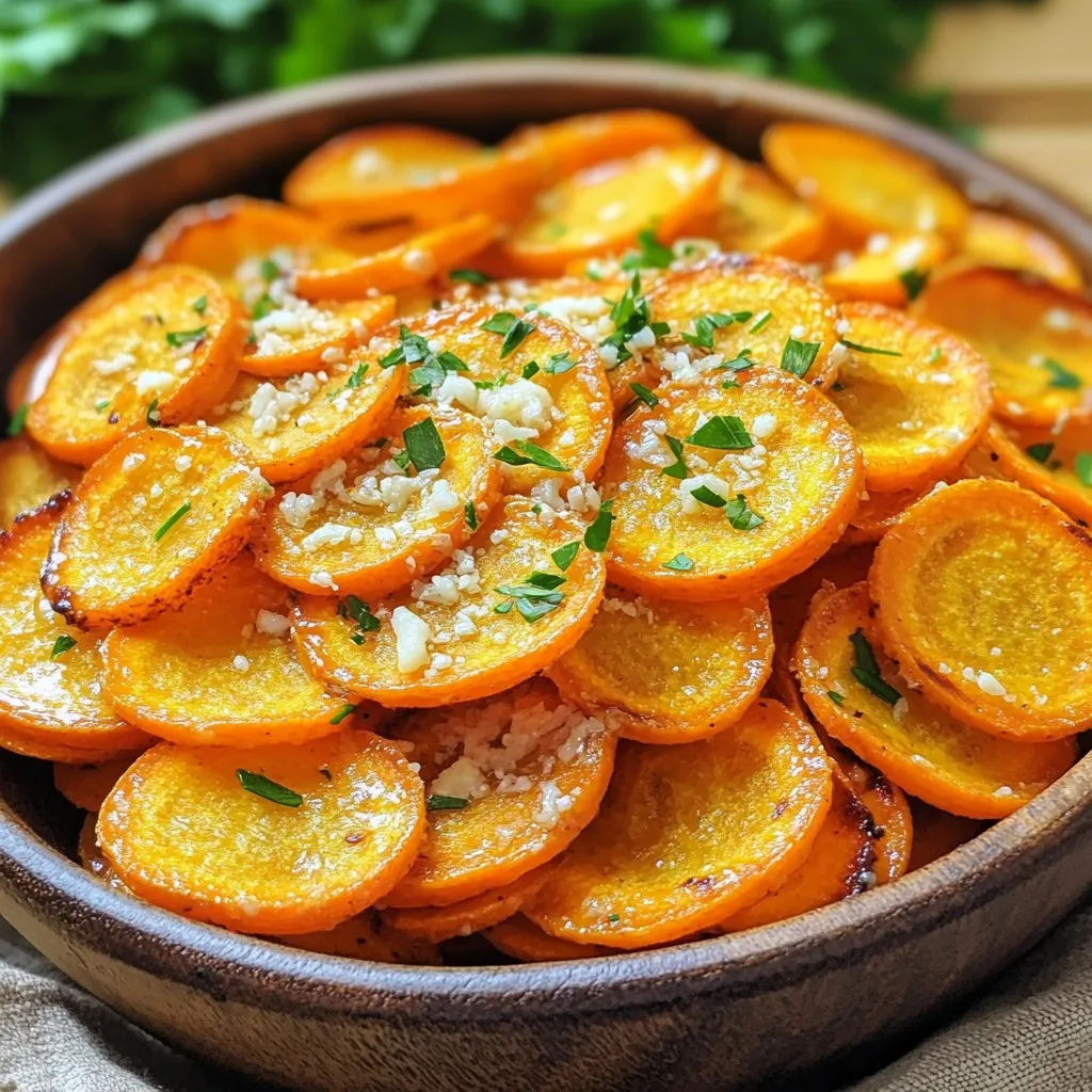 To make Air Fryer Garlic Parmesan Carrot Chips, you need simple ingredients. Here’s what you’ll need: - 4 large carrots, peeled and sliced into thin rounds - 2 tablespoons olive oil - 3 cloves garlic, minced - 1/4 cup grated Parmesan cheese - 1 teaspoon garlic powder - 1/2 teaspoon paprika - Salt and pepper to taste - Fresh parsley, chopped (for garnish) You can find these items in any grocery store. Fresh carrots will give you the best flavor. Olive oil adds a nice richness and helps the chips crisp up well. Garlic and garlic powder bring a lovely aroma and taste. The Parmesan cheese adds a savory kick that pairs perfectly with the carrots. Paprika gives a subtle warmth, while salt and pepper enhance all the flavors. For garnish, fresh parsley adds a pop of color and freshness. Enjoy your cooking! - Preheat the Air Fryer Set your air fryer to 375°F (190°C). Let it heat for about 5 minutes. This step helps the carrot chips cook evenly. - Prepare the Carrots Start with 4 large carrots. Peel them and slice them into thin rounds. Thin slices will crisp up well. - Mix the Ingredients In a bowl, add the sliced carrots. Pour in 2 tablespoons of olive oil. Add 3 cloves of minced garlic, 1 teaspoon of garlic powder, and 1/2 teaspoon of paprika. Season with salt and pepper. Toss everything until the carrots are coated. - Air Frying the Carrot Chips Add the coated carrot slices to the air fryer basket. Make sure they are in a single layer. This helps them cook evenly. Air fry for 15-18 minutes. - Shaking the Basket Halfway through cooking, shake the basket. This ensures that all sides of the chips get crispy. When they turn golden brown, they are done. - Cooling the Chips Once cooked, take the chips out of the air fryer. Let them cool for a minute or two. This helps them become even crispier. - Optional Garnishes For extra flavor, sprinkle more Parmesan cheese on top. You can also add chopped fresh parsley for a nice touch. This makes your chips look great and taste even better. Achieving Maximum Crispiness To get the crispiest carrot chips, slice the carrots thin. Aim for about 1/8 inch thick. This helps them cook faster and crisp up better. Toss the carrot slices well with olive oil and seasonings. Make sure every slice gets a good coating. Spread them in a single layer in the air fryer basket. Overlapping slices can lead to soggy chips. Troubleshooting Common Issues If your chips are not crispy, check the slice thickness. Thicker slices won’t crisp well. If they are too soft, try increasing the cooking time by a few minutes. Always shake the basket halfway through cooking. This helps them cook evenly. Keep an eye on them to avoid burning. Suggested Seasonings While garlic and Parmesan are a great start, you can mix in other flavors. Try adding some cayenne for heat or lemon zest for brightness. For a smoky flavor, use smoked paprika instead of regular paprika. You can also add onion powder for extra depth. Alternative Cheeses Parmesan is classic, but you can switch things up. Try using cheddar for a sharper taste. Feta cheese adds a nice tang. If you want something creamier, go for mozzarella. Just make sure to adjust the amount so they don’t get too heavy. {{image_2}} You can use more than just carrots for chips. Sweet potatoes make a great choice. They are naturally sweet and crispy when cooked. Slice them thin, just like carrots. Toss them with olive oil, garlic, and cheese. Then, air fry them like you would with carrot chips. Zucchini is another fun option. It has a mild taste and cooks quickly. Slice the zucchini into thin rounds. Coat them with olive oil and your favorite spices. Air fry until they are golden and crunchy. You’ll love how light and tasty they are. You can change up the flavors with different herbs. Try adding fresh rosemary or thyme. These herbs give your chips a fresh taste. You can also use dried herbs if fresh ones are not available. If you like some heat, add chili powder. It gives the chips a nice kick. Just a little will do. Start with a pinch, and taste before adding more. Mixing spices keeps your snacks exciting and fun to eat. - Best Practices for Storage To keep your carrot chips fresh, store them in an airtight container. This helps maintain their crunch. You can keep them at room temperature for one day. If you want to save them longer, refrigerate them. They stay fresh for about three days in the fridge. - Reheating Tips To reheat your chips, use the air fryer. Set it to 350°F (175°C) and cook for about 5 minutes. This will help bring back their crunch. Avoid using the microwave, as it may make them soggy. - How Long Do They Last? Homemade carrot chips last about three days in the fridge. If left out at room temperature, they stay good for one day. Always check for freshness before eating. - Signs of Spoilage Look for any signs of mold or an off smell. If the chips feel soft or chewy, they are likely bad. Toss them out if you find anything strange. It’s better to be safe than sorry! Can I use baby carrots instead? Yes, you can use baby carrots. They are small and sweet. However, cut them into thin slices. This helps them crisp up nicely in the air fryer. What can I serve with garlic parmesan carrot chips? These chips pair well with dips like hummus or ranch. You can also serve them with sandwiches or salads for a crunchy side. How do I know when they are done? The carrot chips are done when they turn golden brown. You can also taste one to check for crispness. If they feel soft, give them a few more minutes. Can I make them in the oven instead? Yes, you can bake them in the oven. Preheat your oven to 400°F (200°C). Spread the chips on a baking sheet in a single layer. Bake for 20-25 minutes, flipping halfway through. Are carrot chips healthy? Yes, carrot chips are a healthy snack. They are low in calories and high in fiber. You get the benefits of carrots while enjoying a crunchy treat. What are the nutritional benefits of carrots? Carrots are rich in vitamins A and K. They also contain potassium and antioxidants. Eating them can support eye health and boost your immune system. You now have all the steps to make tasty garlic parmesan carrot chips. Gather your ingredients, follow the steps, and enjoy a healthy snack. Remember to cool them before serving and try different veggies or spices for variety. Store leftovers properly to keep them fresh. These chips are not just fun to make; they are a great way to enjoy more veggies. Make your next snack time a hit with this easy recipe!
