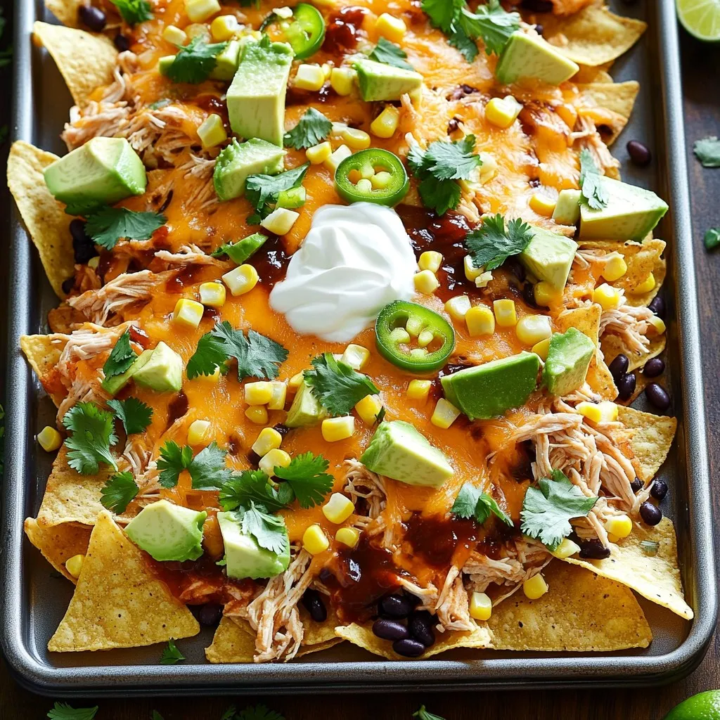 To make your Sheet Pan BBQ Chicken Nachos, gather these items: - 2 cups cooked chicken, shredded - 1 cup BBQ sauce (your favorite variety) - 1 large bag tortilla chips - 2 cups shredded cheddar cheese - 1 cup black beans, drained and rinsed - 1 cup corn kernels (fresh or frozen) - 1 jalapeño, sliced - 1/2 cup diced red onion - 1/4 cup fresh cilantro, chopped - 1 avocado, diced (for topping) - Sour cream (for serving) - Lime wedges (for serving) You can swap out some ingredients if you want. Here are a few ideas: - Use rotisserie chicken instead of cooking chicken yourself. It saves time. - Try a different cheese, like pepper jack, for a spicy twist. - Use pinto beans instead of black beans for a different flavor. - Swap corn for sautéed bell peppers for added crunch. - Use Greek yogurt instead of sour cream for a lighter option. The quality of your ingredients matters. Here’s how to pick the best: - Choose fresh chicken. If possible, buy organic or free-range. - Select a BBQ sauce that you love. Taste it before you buy. - Look for thick, sturdy tortilla chips. They should hold toppings well. - Buy block cheese and shred it yourself. It melts better than pre-shredded. - Pick ripe avocados. They should be slightly soft when gently squeezed. These choices will make your nachos taste even better! First, gather your cooked chicken. I like to use leftover rotisserie chicken. It saves time and adds flavor. Shred the chicken into small pieces. In a bowl, mix the shredded chicken with the BBQ sauce. Ensure every piece is well-coated. This step adds a sweet and tangy flavor. You can use any BBQ sauce you love! Now, it’s time to build your nachos. Start by spreading the tortilla chips on a large sheet pan. Make sure they are in a single layer. This helps each chip get its share of toppings. Next, spoon the BBQ chicken mixture evenly over the chips. Don’t hold back; let every chip get some chicken. Now, sprinkle the shredded cheddar cheese on top. Add black beans, corn, jalapeño slices, and diced red onion. These toppings add color and taste! Preheat your oven to 400°F (200°C). Once it’s ready, slide the sheet pan into the oven. Bake for 10-12 minutes. Watch for the cheese to melt and bubble. This is when the nachos turn golden and delicious. After baking, remove the pan from the oven. Garnish with fresh cilantro and diced avocado. This adds freshness and looks great! Serve your nachos straight from the pan. Don’t forget a side of sour cream and lime wedges for an extra kick! To get that gooey, melty cheese, use a mix of cheeses. I recommend sharp cheddar and Monterey Jack. These cheeses melt well and add great flavor. Spread the cheese evenly across the nachos. This helps every chip get some cheese. Bake at 400°F until bubbly. Keep an eye on it; you want it melted, not burnt. Layering is key to tasty nachos. Start with tortilla chips on the bottom. This base holds everything together. Next, add the BBQ chicken. Make sure to spread it all over. Then, sprinkle on the black beans and corn. These add texture and taste. Lastly, finish with cheese. Each layer builds flavor, making every bite better. Choose a BBQ sauce you love. A smoky sauce can add depth to your nachos. If you want extra kick, mix in some spices. A dash of cayenne or smoked paprika can do wonders. You can also add some honey for sweetness. This will balance the flavors and make your BBQ chicken nachos pop! {{image_2}} To make BBQ veggie nachos, swap the chicken for veggies. Use a mix of bell peppers, zucchini, and mushrooms. Sauté them in a pan until they are soft. Then, coat them in your favorite BBQ sauce. Follow the same steps as the chicken nachos. Spread the tortilla chips on a sheet pan. Top with the BBQ veggies, cheese, and your other toppings. Bake until the cheese melts. This version is tasty and colorful. Want a spicy twist? Add heat with diced jalapeños or sliced serrano peppers. You can mix them in with the BBQ chicken or sprinkle them on top. For even more spice, try a hot BBQ sauce. You can also add crushed red pepper flakes to the cheese before baking. This will give your nachos a nice kick. Just be careful not to overdo it if you like milder flavors. Customize your nachos with different toppings! Try black olives for a briny bite. Fresh tomatoes will add a juicy burst. You can also use green onions for a fresh crunch. Swap out the cilantro for fresh parsley if you prefer. If you love avocados, add slices or guacamole. Serve with a side of sour cream for dipping. These options make it easy to please everyone at the table. After enjoying your nachos, store any leftovers in an airtight container. This keeps them fresh and tasty. Let the nachos cool down before you pack them. Layer the chips and toppings carefully. You want to avoid soggy chips. If possible, keep the chips separate from the toppings. This helps them stay crunchy longer. To reheat your nachos, use the oven for best results. Preheat your oven to 350°F (175°C). Spread the nachos on a baking sheet. Heat them for about 10 minutes or until warm. If you want, cover them with foil to keep them from browning too much. You can also microwave them. Just use a microwave-safe plate and heat for 30-second bursts. Check and stir in between until they are hot. Meal prepping is easy with these nachos. You can prepare the chicken with BBQ sauce ahead of time. Store it in the fridge for up to three days. Chop your veggies, like onions and jalapeños, and keep them in separate containers. On nacho night, just assemble everything on the sheet pan. This way, you save time and enjoy a quick meal! Yes, you can! Feel free to mix it up. Some good options are Monterey Jack, pepper jack, or mozzarella. Each cheese adds its own taste. Try a blend for a richer flavor. Just remember to use cheese that melts well for that gooey goodness. You can make small changes. Use baked tortilla chips instead of regular ones. Swap out the cheese for a lighter version, like reduced-fat cheese. Add more veggies, such as diced tomatoes or bell peppers. You can also use grilled chicken instead of BBQ for fewer calories. These nachos pair well with many sides. A fresh salad adds a nice crunch. Guacamole or salsa can also be great dips. For drinks, consider lemonade or iced tea. These options balance the rich flavors of the nachos. In this blog post, you learned how to create delicious BBQ chicken nachos. We covered the key ingredients, helpful tips, and step-by-step instructions. You also discovered variations, like vegetarian options and spicy twists. Finally, you gained knowledge about storing and reheating leftovers. With these insights, you can now make nachos that impress. Enjoy customizing and sharing your tasty dish with friends and family! Happy cooking!
