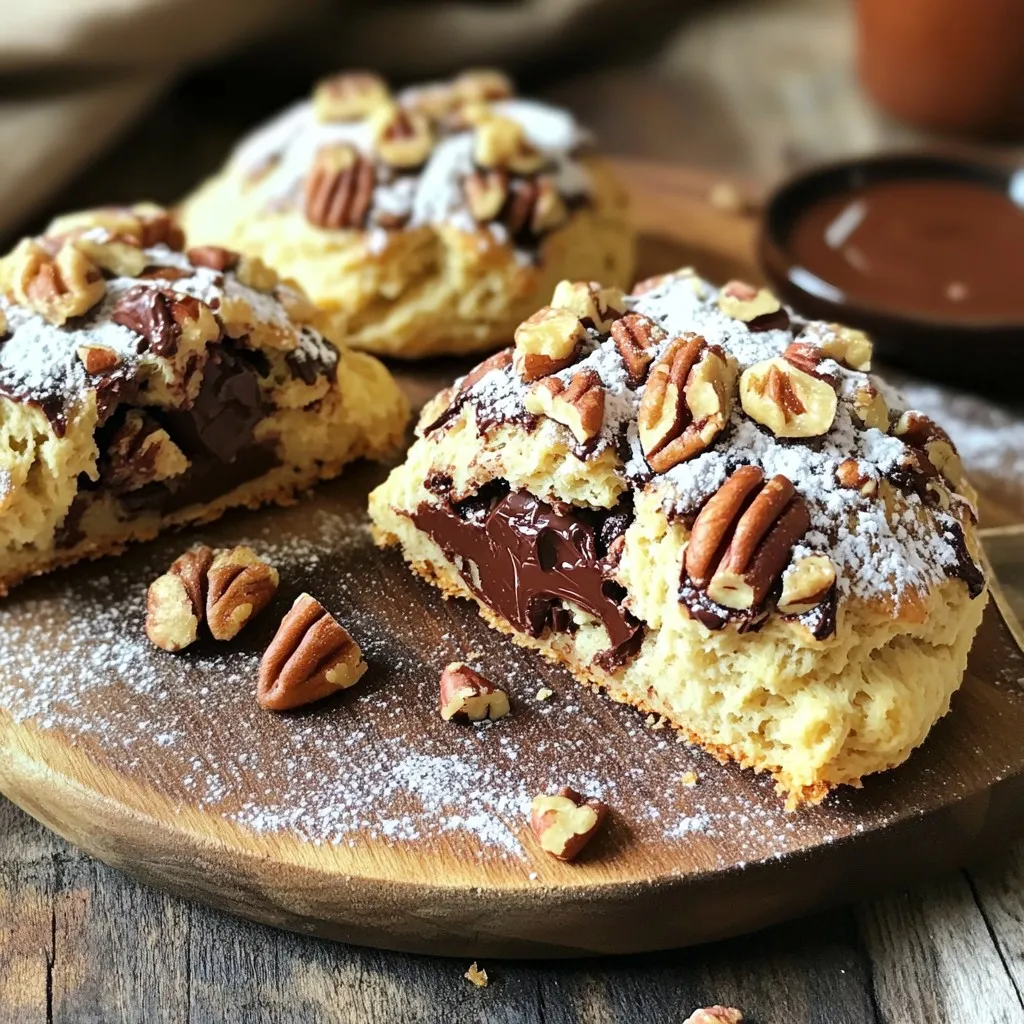- 2 cups all-purpose flour - 1/3 cup granulated sugar - 1 tablespoon baking powder - 1/2 teaspoon salt - 1/2 cup cold unsalted butter, cubed - 1/2 cup chopped pecans - 1/2 cup chocolate chips (semi-sweet or dark) - 3/4 cup heavy cream - 1 teaspoon vanilla extract - 1 large egg, beaten (for egg wash) Each ingredient plays a key role in making these scones. The flour gives structure. Sugar adds sweetness and helps with browning. Baking powder makes the scones rise. The salt enhances all the flavors. Cold butter creates a flaky texture. Chopped pecans add crunch and flavor. Chocolate chips bring rich sweetness, and cream keeps the dough moist. Vanilla extract adds depth to the taste. You can easily swap out ingredients based on your taste. If you want a different nut, try walnuts or almonds. For chocolate, use milk chocolate for a sweeter taste or white chocolate for a creamy touch. If you need a nut-free option, simply skip the pecans. The scones will still be delicious without them. 1. Preheat your oven to 400°F (200°C). Line a baking sheet with parchment paper. 2. In a large bowl, whisk together 2 cups of all-purpose flour, 1/3 cup of sugar, 1 tablespoon of baking powder, and 1/2 teaspoon of salt. Mix well. 3. Add 1/2 cup of cold, cubed unsalted butter. Use your fingers or a pastry cutter to blend the butter into the flour until it looks like coarse crumbs. 4. Stir in 1/2 cup of chopped pecans and 1/2 cup of chocolate chips. Make sure they’re evenly mixed in. 5. In a separate bowl, combine 3/4 cup of heavy cream with 1 teaspoon of vanilla extract. Pour this into the dry mix. Stir gently until it’s just combined. The dough should feel slightly sticky. 6. Turn the dough onto a floured surface. Pat it into a circle about 1-inch thick. Cut the circle into 8 equal wedges. 7. Place the scone wedges on the prepared baking sheet with space between them. Brush the tops with a beaten egg for a nice golden finish. 8. Bake for 15-20 minutes. They should be lightly browned, and a toothpick should come out clean when inserted in the center. 9. Let the scones cool slightly on a wire rack before serving. - Use cold butter for flaky scones. - Don’t overmix the dough; it should be slightly sticky. - Brush the tops of the scones for a beautiful finish. - Serve warm with powdered sugar or chocolate sauce for a treat. To get the best texture in your scones, keep your butter cold. Use cubed butter straight from the fridge. When you mix it with the flour, stop when it looks like coarse crumbs. This will keep your scones flaky. Also, don't overmix the dough. Mix until just combined. A slightly sticky dough is perfect for scones. One mistake is using warm butter. It can make your scones dense. Another mistake is overworking the dough. If you mix too much, your scones will be tough. Lastly, remember to space the scones on the baking sheet. They need room to rise and bake evenly. Serve your scones warm for the best taste. A dusting of powdered sugar adds a nice touch. You can also pair them with whipped cream or chocolate sauce. These options enhance the rich flavors of chocolate and pecans. Enjoy them with a cup of coffee or tea for a perfect treat! {{image_2}} You can change the flavors of your scones easily. Try adding orange zest for a fresh twist. A sprinkle of cinnamon can make them warm and cozy. You could also use different chocolate, like white chocolate or milk chocolate. Each option gives you a unique taste. Want to make gluten-free scones? Use a gluten-free flour blend instead of all-purpose flour. Check that your baking powder is gluten-free as well. You might need to add a bit more cream to keep the dough moist. This way, everyone can enjoy these tasty treats. Feel free to swap out the pecans for walnuts or almonds. Both nuts add a nice crunch and flavor. You can also mix in dried fruits like cranberries or cherries. For the chocolate chips, try butterscotch or peanut butter chips for something different. There are many ways to make these scones your own! To keep your Chocolate Pecan Scones fresh, store them in an airtight container. This helps to trap moisture and flavors. Line the container with parchment paper to absorb any excess moisture. You can keep them at room temperature for up to two days. If you want them to last longer, consider refrigeration. Freezing scones is a great way to enjoy them later. First, let the scones cool completely. Wrap each scone in plastic wrap and place them in a freezer bag. Remove as much air as you can to prevent freezer burn. Label the bag with the date. These scones can stay fresh in the freezer for up to three months. When you're ready to enjoy your scones, preheat your oven to 350°F (175°C). Unwrap the scones and place them on a baking sheet. Heat them for about 10-15 minutes. This warms them through and restores their crisp crust. You can also microwave individual scones for about 15-20 seconds, but they might lose some crunch. Enjoy your warm, tasty scones! Yes, you can use whole wheat flour. It adds a nutty taste. It also makes the scones a bit denser. I suggest mixing half whole wheat and half all-purpose flour. This mix keeps the scones light and fluffy while adding flavor. Leftovers can last for up to three days. Store them in an airtight container at room temperature. If you want them to last longer, you can freeze them. They will keep well in the freezer for up to three months. Yes, you can make the dough ahead of time. Wrap it tightly in plastic wrap and refrigerate it. Use the dough within two days for the best results. When you’re ready to bake, just cut and shape the scones. Then, bake them as usual for fresh treats. In this post, I covered how to make delicious scones, focusing on ingredients, steps, and tips. I shared ingredient notes and gave easy substitutions. You learned preparation, baking instructions, and the best tips for texture. Plus, I included variations and ways to store scones. Remember, baking is fun and meant to be shared. Enjoy experimenting with flavors and textures. Follow the tips, avoid common mistakes, and savor every bite!