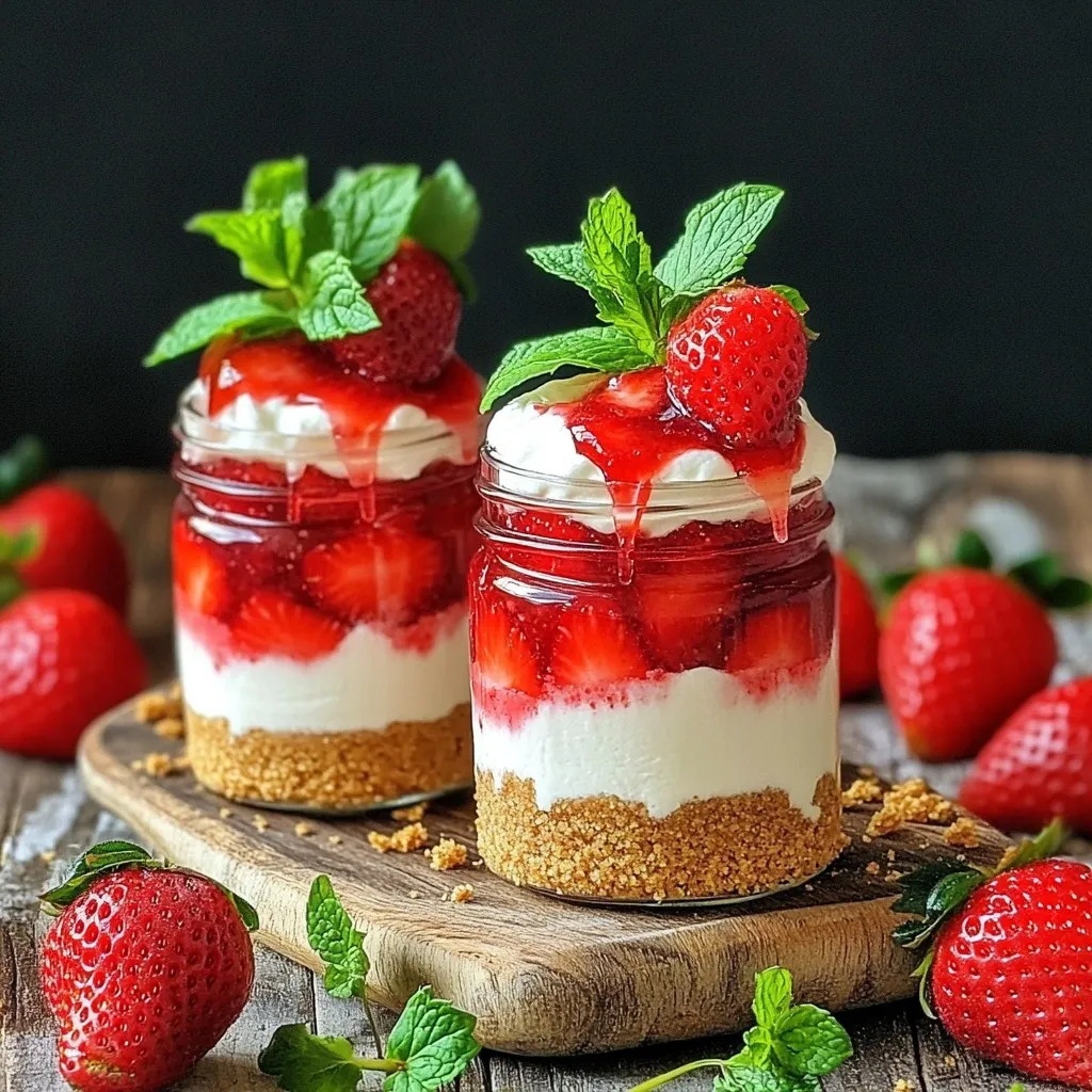 To create your no-bake strawberry cheesecake jars, you need these key ingredients: - 1 cup graham cracker crumbs - 4 tablespoons melted butter - 2 cups cream cheese, softened - 1 cup powdered sugar - 1 teaspoon vanilla extract - 1 cup heavy whipping cream - 2 cups fresh strawberries, hulled and sliced - 2 tablespoons sugar (for strawberries) - Fresh mint leaves (for garnish) These ingredients work together to create a creamy, sweet, and fruity dessert. The graham cracker crumbs form the crust, while the cream cheese and heavy cream give the filling its rich texture. You can customize your no-bake strawberry cheesecake jars with these alternative ingredients: - Use crushed cookies instead of graham crackers for a different crust flavor. - Replace cream cheese with mascarpone for a lighter texture. - Swap strawberries for blueberries or raspberries for a berry mix. - Try honey instead of sugar for a natural sweetness. These options allow you to make the recipe your own. Play around with flavors and textures to find your favorite combination! For this recipe, you will need a few essential utensils and equipment: - Medium mixing bowl for the crust - Large mixing bowl for the cream cheese filling - Electric mixer or whisk for beating the cream cheese - Rubber spatula for folding in whipped cream - Small jars or glasses for serving - Measuring cups and spoons for precise measurements Having these items on hand will make your preparation smooth and enjoyable. You’ll be ready to whip up these delightful jars in no time! First, grab a medium bowl. Add 1 cup of graham cracker crumbs and 4 tablespoons of melted butter. Mix it well. You want the crumbs to be fully coated. This step is key for a yummy crust. Next, divide the mixture into 4 small jars. Press it down firmly. Make sure it forms a nice, even layer at the bottom. Now, take a large mixing bowl. Beat 2 cups of softened cream cheese with 1 cup of powdered sugar and 1 teaspoon of vanilla extract. Mix until it becomes smooth and creamy. This filling is what makes your cheesecake special. In a separate bowl, whip 1 cup of heavy whipping cream. Keep going until you see stiff peaks form. Gently fold this whipped cream into the cream cheese mixture. Be careful not to deflate the whipped cream. This keeps your filling light and airy. It's time to layer everything! Start by adding half of the cream cheese filling over the crust in each jar. Then, take 2 cups of fresh strawberries. Toss them with 2 tablespoons of sugar in a small bowl. Let them sit for about 10 minutes. This helps the strawberries become juicy. Spoon a layer of these strawberries over the cream cheese in each jar. Next, add the rest of the cream cheese mixture on top. Smooth it out with a spatula. Finally, add another layer of the juicy strawberries. Cover the jars with lids or plastic wrap. Refrigerate them for at least 4 hours. For the best taste, leave them overnight. Enjoy your delicious no-bake strawberry cheesecake jars! To get a smooth and creamy cheesecake, use softened cream cheese. Cold cream cheese makes lumps. Beat the cream cheese until it is light and fluffy. Mix it with powdered sugar and vanilla extract. Then, whip the heavy cream until it is stiff. Gently fold the whipped cream into the cream cheese. This keeps the mixture light and airy. Avoid over-mixing, as it can deflate the whipped cream. The right balance gives you a perfect cheesecake that melts in your mouth. Garnishing adds beauty to your cheesecake jars. Use fresh mint leaves for a pop of color. Whole strawberries around the jars create a rustic look. You can also drizzle some strawberry sauce on top. A sprinkle of graham cracker crumbs adds texture. These simple touches make your dessert look more appealing. A beautiful presentation makes it taste even better! Want to make these jars fast? Prepare your ingredients in advance. You can crush the graham crackers and store them in a bag. Whip the cream ahead of time and keep it in the fridge. You can also slice the strawberries early. Just toss them with sugar to keep them fresh. If you’re short on time, use a store-bought crust. These tips help you enjoy making this dessert without stress. {{image_2}} You can swap strawberries for other berries. Raspberries, blueberries, or blackberries work great. Use the same method for layering. Each berry brings its own flavor. Raspberries add a nice tartness, while blueberries give a sweet touch. Adjust the sugar based on the berry's sweetness. This way, you can enjoy a fruity twist. To make this dessert gluten-free, choose gluten-free graham crackers. They taste just like the regular ones. You can also use crushed nuts or oats. Mix them with melted butter for the crust. This version keeps the taste and texture you love. No one will know it’s gluten-free! Want to make it even richer? Add a chocolate layer! Melt some chocolate and let it cool slightly. Spread a layer of melted chocolate over the cream cheese mixture. You can use dark, milk, or white chocolate. This adds a delicious surprise in each bite. Chocolate and strawberries create a classic combo that everyone loves. To keep your no-bake strawberry cheesecake jars fresh, use airtight containers. Cover each jar tightly with a lid or plastic wrap. This helps stop air from getting in and keeps the flavors bright. Store them in the fridge. They will stay good for up to four days. If you plan to eat them later, don’t add the mint leaves until you are ready to serve. You can freeze these jars if you want to keep them longer. First, let the jars chill in the fridge for a few hours. After that, wrap each jar well in plastic wrap. Then, place them in a freezer bag. This will keep them safe from freezer burn. They can last for up to three months in the freezer. When you want to eat them, move the jars to the fridge to thaw overnight. The best time to enjoy your no-bake strawberry cheesecake jars is within four days of making them. The flavors taste fresh and delicious at this point. If you store them longer, the strawberries may lose their juicy texture. For the best taste, eat them cold straight from the fridge. This treat is perfect for summer days or special occasions. Yes, you can use low-fat cream cheese. It will change the taste and texture slightly. The cheesecake may not be as rich, but it still works well. I recommend letting it soften fully before mixing. This helps it blend smoothly with the other ingredients. You can keep the jars in the fridge for up to 3 days. Make sure they are covered tightly. The flavors will blend and taste even better after a day. Just remember to add mint leaves right before serving for freshness. Yes, you can make these jars ahead of time. Preparing them the night before is a great idea. This gives the cheesecake time to set and the strawberries to soak in their juices. Just store them in the fridge until you are ready to serve. This guide covered how to create no-bake strawberry cheesecake jars. We explored essential and alternative ingredients, tools, and step-by-step instructions. You learned tips for texture, presentation, and time-saving methods. We also discussed tasty variations, storage tips, and answered common questions. Now, you have the tools to make delicious, customizable cheesecake jars. Enjoy creating and sharing this delightful treat with others. Happy baking!