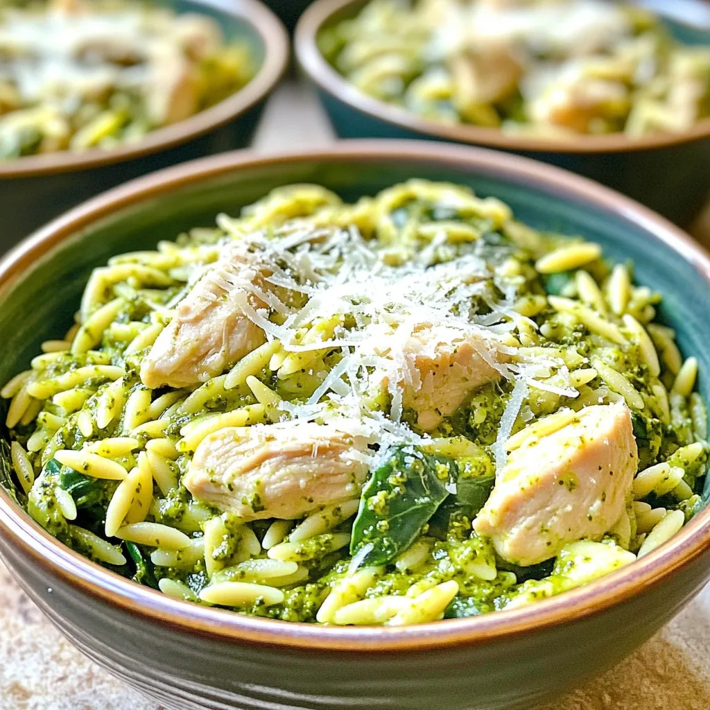 - 1 lb chicken breast - 1 cup orzo pasta - 2 cups chicken broth - 1/2 cup heavy cream - 1/2 cup pesto - 1 cup spinach - 1 small onion - 3 cloves garlic - 1 tablespoon olive oil - Salt and pepper - Grated Parmesan cheese - Extra pesto drizzle The main ingredients in this dish create a creamy and flavorful meal. Chicken breast gives a nice protein boost. Orzo pasta adds a fun texture that soaks up all the tasty flavors. The chicken broth keeps everything moist and rich. For veggies, I love using fresh spinach for a pop of color and nutrients. The onion and garlic add depth to the dish. Olive oil helps to sauté the onion and garlic, making them fragrant and tasty. If you want to make it extra special, consider garnishing with grated Parmesan cheese. A drizzle of extra pesto adds a nice finishing touch and more flavor. All these ingredients come together to make One-Pan Creamy Pesto Chicken Orzo a delightful meal. 1. Start by dicing the chicken into small, even pieces. This helps it cook evenly. 2. Next, dice the onion finely. Mince the garlic cloves. This adds great flavor. 3. Measure out the orzo pasta, chicken broth, heavy cream, and pesto. Keep everything ready. 1. Heat olive oil in a large skillet over medium heat. It should shimmer but not smoke. 2. Add the diced onion and sauté for 3 to 4 minutes. It should turn translucent. 3. Stir in the minced garlic and cook for 1 more minute. You want it fragrant. 4. Increase the heat to medium-high and add the diced chicken. Season with salt and pepper. 5. Cook the chicken for 5 to 7 minutes. You want it browned and cooked through. 6. Add the orzo pasta and stir well. Make sure it combines with the chicken mixture. 7. Pour in the chicken broth and bring it to a gentle boil. Then reduce the heat to low. 8. Cover the skillet and let it simmer for about 10 minutes. The orzo should be tender. 1. Once the orzo is cooked, stir in the heavy cream and pesto. Mix until smooth. 2. Add the chopped spinach and cook for another 2 to 3 minutes. It should wilt nicely. 3. Taste your dish and adjust the seasoning if needed. A little more salt can help! - Serve the creamy pesto chicken orzo in shallow bowls. - Garnish with grated Parmesan cheese for a nice touch. - Drizzle extra pesto on top for added flavor. - Pair this dish with a simple green salad for balance. - Consider a light white wine, like Sauvignon Blanc, to enhance the meal. - Fresh herbs like basil or parsley can brighten the dish. - Add red pepper flakes for a spicy kick. - Substitute chicken with shrimp or tofu for variety. - Use dairy-free cream for a lighter option or dietary needs. - Add sun-dried tomatoes for a tangy twist. - To get the perfect orzo texture, stir it often while cooking. - Avoid sticky pasta by using enough broth and stirring well. - Cook orzo until al dente, as it will continue to soak up liquid. - Ensure the skillet is not overcrowded to allow even cooking. - Let the dish sit for a few minutes after cooking for better flavor melding. {{image_2}} You can change the protein in this dish. Shrimp works great instead of chicken. Just cook it until it’s pink. Tofu is another good choice. It adds nice texture. You can also make it vegetarian by adding more veggies. Try bell peppers, zucchini, or mushrooms. They give the dish great flavor and color. Want to switch up the sauce? You can make homemade pesto with fresh basil, nuts, and garlic. It tastes amazing! If you want a creamier sauce, try sour cream or yogurt. They add a nice tang. Mixing in different herbs can also create new flavors. Experiment with what you have. For gluten-free needs, use gluten-free pasta. There are many options that work well. You can also make a low-carb version with spiralized zucchini or cauliflower rice. Both options are tasty and healthy. They soak up the sauce nicely, making your meal light and fresh. Store your One-Pan Creamy Pesto Chicken Orzo in the fridge. First, let it cool for about 30 minutes. This step helps prevent condensation in the container. Use an airtight container for the best results. Glass or BPA-free plastic containers work well. Your dish will stay fresh for about 3 to 4 days in the fridge. You can freeze this dish for later enjoyment. First, let it cool completely. Once cooled, place it in a freezer-safe container or a heavy-duty freezer bag. Squeeze out as much air as you can to prevent freezer burn. It should stay good for up to 3 months in the freezer. To thaw, move it to the fridge overnight. This slow thawing keeps the texture nice. When you’re ready to eat, reheat your dish gently. The best way is to use a skillet over low heat. Stir often to ensure even warming. You can add a splash of chicken broth or cream to keep it creamy. Avoid using the microwave if you can, as it may dry out the dish or make it rubbery. Keep an eye on it to prevent overcooking. Enjoy your meal again! One-Pan Creamy Pesto Chicken Orzo takes about 30 minutes to cook. You spend 10 minutes on prep and 20 minutes cooking. This dish is quick and perfect for busy nights. Yes, you can make this dish ahead. Cook it fully, then store it in the fridge. It stays fresh for up to three days. Just reheat it in a pan over low heat. Add a splash of broth to keep it creamy. You can use half-and-half or coconut cream instead of heavy cream. Both options add creaminess. If you want a lighter choice, try Greek yogurt. It gives a nice tangy flavor. Absolutely! You can change the ingredients to fit your taste. If you don’t like spinach, swap it for peas or broccoli. You can also adjust the flavor by using less pesto or adding cheese. This recipe is flexible for everyone’s palate. In this blog post, we explored how to make a tasty One-Pan Creamy Pesto Chicken Orzo. We covered essential ingredients, cooking steps, and helpful tips to boost flavor and presentation. Remember, you can adapt this recipe to fit your needs by changing proteins or sauces. Keep in mind the storage tips to enjoy leftovers later. Cooking should be fun and easy. I hope this dish brings joy to your table and inspires you to experiment in the kitchen. Enjoy every bite!
