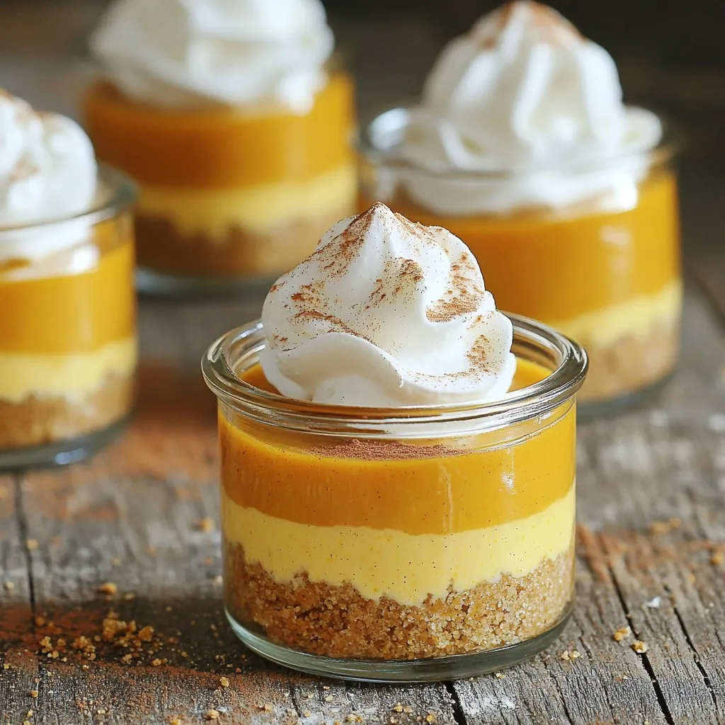 To make No-Bake Pumpkin Pie Cheesecake Cups, you need some simple ingredients. Here’s what you’ll need: - 1 cup pumpkin puree - 8 oz cream cheese, softened - 1/2 cup powdered sugar - 1 teaspoon vanilla extract - 1 teaspoon pumpkin pie spice - 1/2 cup heavy whipping cream - 1 cup crushed graham crackers - 4 tablespoons melted butter - 2 tablespoons brown sugar - Whipped cream for topping - Ground cinnamon for sprinkling Each ingredient plays a key role. The pumpkin puree gives a rich flavor and color. Cream cheese adds a creamy texture and sweetness. Powdered sugar sweetens the mix without graininess. Vanilla extract enhances overall taste. Pumpkin pie spice brings warmth and a classic fall flavor. Heavy cream ensures a light and fluffy filling. The graham crackers form a crunchy base, while melted butter helps bind it. Brown sugar adds extra depth. Finally, whipped cream and cinnamon make for a lovely finishing touch. Now that you have the ingredients, you’re ready to create a tasty treat that’s perfect for any occasion! 1. In a medium bowl, combine the crushed graham crackers, melted butter, and brown sugar. Mix until it looks like wet sand. 2. Divide this mixture into your serving cups. Press it down firmly to create a nice crust layer. 1. In a large bowl, beat the softened cream cheese with an electric mixer until it's smooth and creamy. 2. Add in the pumpkin puree, powdered sugar, vanilla extract, and pumpkin pie spice. Mix until everything blends well and is smooth. 1. Spoon or pipe the pumpkin cheesecake mixture over the graham cracker crust in each cup. Fill them about three-quarters full. 2. Chill the cups in the refrigerator for at least 4 hours or until they are set. This helps the flavors meld and the texture firm up. To whip cream well, start with a cold bowl. Use cold heavy cream too. Beat it until you see stiff peaks. This helps the filling stay light and airy. Chilling is key. After you fill the cups, let them chill for at least four hours. This helps the flavors blend and the texture set. You can garnish these cups in many ways. A dollop of whipped cream adds a nice touch. A sprinkle of ground cinnamon makes it look fancy. Pair these cups with a warm cup of cider or coffee. The flavors blend perfectly, and it makes a great dessert drink combo. One big mistake is overmixing the filling. Mix just until smooth. Overmixing can make it heavy. Also, make sure to press the crust firmly in the cups. A loose crust will crumble and make a mess when you serve. Keep these tips in mind for a perfect treat! {{image_2}} You can add fun flavors to your no-bake pumpkin pie cheesecake cups. Adding chocolate or caramel can make them extra special. Just drizzle chocolate or caramel sauce on top before serving. You can also mix in chocolate chips for a sweet surprise. Using different spices can change the vibe too. Try adding nutmeg or ginger to bring out more warmth. These little changes can take your dessert to a new level. If you need gluten-free options, use almond flour or gluten-free graham crackers for the crust. This way, everyone can enjoy the treat. For a dairy-free version, swap cream cheese with a dairy-free cream cheese. You can use coconut cream in place of heavy cream for the filling. These swaps keep the flavor while fitting different diets. Presentation matters! Use fun cups like mason jars or fancy glasses. This adds charm to your dessert. Layering the pumpkin filling and crust can make it look even better. You can alternate layers of crust and filling for a pretty effect. Don’t forget to top with whipped cream and a sprinkle of cinnamon for a beautiful finish. To keep your no-bake pumpkin pie cheesecake cups fresh, store them in the refrigerator. Use an airtight container to block moisture and odors. If you plan to eat them later, use plastic wrap or a sealed jar. This helps maintain their creamy texture and flavor. For freezing, these cheesecake cups can stay fresh for up to three months. Make sure they are fully set before freezing. Wrap each cup tightly with plastic wrap and then place them in a freezer bag. This keeps them from getting freezer burn. When you want to enjoy them, move them to the fridge to thaw overnight. The shelf life of your cheesecake cups is about four to five days in the fridge. Always check for signs of spoilage. If you see any mold or if the texture has changed, it’s best to discard them. Signs of spoilage include an off smell or separation of the filling. If the whipped cream has turned watery, that is also a sign. Keep these tips in mind to enjoy your tasty treats longer! Yes, you can make these cups ahead of time. I suggest making them a day before you plan to serve. This gives the flavors time to blend. Plus, the cheesecake will set better. Yes, you can use fresh pumpkin. Start with about 1 1/4 cups of fresh pumpkin. First, roast the pumpkin until soft, then puree it. This will add a nice fresh flavor to your cups. You can tell when they are set by looking for a firm texture. The tops should not jiggle when you gently shake them. They should feel cool and firm to the touch. This blog covers how to make delicious pumpkin cheesecake cups. You learned about the ingredients, step-by-step instructions, and useful tips. Remember to chill the cheesecake for the best texture and to avoid common mistakes like overmixing. Feel free to explore variations, like adding chocolate or making gluten-free options. Store them right in the fridge or freezer for longer freshness. With these easy steps, you can impress friends and family with a tasty fall dessert. Enjoy making these delightful cups!