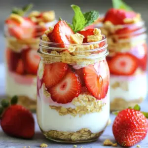 - 1 cup rolled oats - 1 ½ cups unsweetened almond milk (or milk of choice) - 1 cup fresh strawberries, hulled and sliced - 2 tablespoons Greek yogurt (or dairy-free yogurt) - 1 tablespoon honey or maple syrup (adjust to taste) - Crushed graham crackers for topping (optional) - ½ teaspoon vanilla extract - ¼ teaspoon almond extract - 1 tablespoon chia seeds - Pinch of salt In this simple recipe for strawberry shortcake overnight oats, you need just a few key ingredients. First, rolled oats form the base. They are hearty and soak up flavors well. Next, you will add almond milk, or any milk you prefer, to make it creamy. Fresh strawberries are a must. Their sweet and juicy flavor makes these oats shine. If you want a richer taste, add Greek yogurt or a dairy-free option. Honey or maple syrup adds just the right sweetness. Flavor enhancers like vanilla and almond extract boost the taste. Chia seeds add nutrition and a fun texture. A pinch of salt rounds it all out. For a crunchy finish, sprinkle crushed graham crackers on top. Feel free to make it your own! You can adjust the sweetness or swap in different fruits. The recipe is flexible, so get creative and enjoy! - In a medium bowl, combine the rolled oats, almond milk, Greek yogurt, honey or maple syrup, vanilla extract, almond extract, chia seeds, and a pinch of salt. - Mix well until all ingredients are fully combined. This step is key. You want everything to blend nicely. - Gently fold in the sliced strawberries. Save a few for topping later. Their flavor makes this dish special. - Divide the mixture evenly into two mason jars or airtight containers. This makes a perfect serving size. - Seal the jars and place them in the refrigerator to chill overnight. The oats need time to soak up the liquid and soften. - In the morning, give the oats a good stir to combine. If the oats seem thick, add a splash of milk to loosen it up. - Top the overnight oats with the reserved strawberry slices. Add a sprinkle of crushed graham crackers and a few fresh mint leaves for garnish. This adds a nice touch! To make your strawberry shortcake overnight oats even better, you can adjust the sweetness. If you want more sweetness, add more honey or maple syrup. Start with one tablespoon, then taste. You can add a bit more if you like it sweeter. If you want to keep it dairy-free, use almond milk or any plant-based milk. You can also swap Greek yogurt with dairy-free yogurt. This makes it just as creamy without the dairy. Finding the right texture for your oats is key. If you want them thicker, use less milk. If you like them creamy, add more milk. You can adjust it based on your taste. For added crunch, sprinkle crushed graham crackers on top. This adds a fun texture that reminds you of shortcake. You can also add nuts or seeds for extra crunch. When serving your oats, think about how they look. You can leave them in the jars for a rustic feel. Or, transfer them to bowls for a more elegant look. For a fresh touch, add mint leaves on top. They not only look nice but also add a burst of flavor. Drizzle some honey on top for an extra sweet finish. Enjoy your beautiful and tasty oats! {{image_2}} You can switch up the flavors in your strawberry shortcake overnight oats. Try adding other berries like blueberries or raspberries. This mix adds color and taste. You can also sprinkle in spices like cinnamon or nutmeg. These spices give warmth and depth to the dish. If you're vegan, swap out the Greek yogurt for dairy-free yogurt. Use maple syrup instead of honey for sweetness. For gluten-free oats, make sure to choose certified gluten-free rolled oats. This way, everyone can enjoy this breakfast! Seasonal fruits make great additions to your oats. In summer, use fresh peaches or cherries. In fall, add apples or pears for a cozy twist. You can also adapt your oats for holidays. Try themed toppings like pumpkin spice for Halloween or red and green fruits for Christmas. This makes breakfast fun and festive! Strawberry shortcake overnight oats stay fresh in the fridge for up to 3 days. To store them well, use airtight containers or mason jars. This keeps the oats moist and prevents them from absorbing too much air. Yes, you can freeze these oats! They last up to 2 months in the freezer. To freeze, place them in freezer-safe containers. When you're ready to eat, move them to the fridge to thaw overnight. You can also thaw them in the microwave for a quick treat. Don't waste any oats! You can use leftover oats in creative ways. Try blending them into smoothies for added fiber. You can also bake them into muffins or bars. Add your favorite fruits or nuts to transform them into a new dish. To make your overnight oats creamy, use rolled oats. They soak up liquid well. Choose a milk with fat, like whole milk or almond milk. Adding Greek yogurt also boosts creaminess. Mix your oats well with all liquids. Let them sit overnight. The longer they soak, the creamier they get. Quick oats cook faster. They can make your oats mushy. Rolled oats are best for overnight oats. They keep a chewy texture. If you only have quick oats, use less liquid. This helps keep them from becoming too soft. Overnight oats stay fresh for about four days in the fridge. Use airtight containers to keep them safe. If you see any change in color or smell, toss them. For the best taste, eat them within two days. This keeps them fresh and delicious. In this post, we explored how to make delicious overnight oats. We covered key ingredients like rolled oats and fresh strawberries. You learned step-by-step how to prepare and store them. We shared tips for customizing flavor and texture based on your taste. Remember, making overnight oats is easy and fun. It's a healthy way to start your day. Get creative with fruits and toppings to make it your own. Enjoy your tasty and nutritious breakfast!