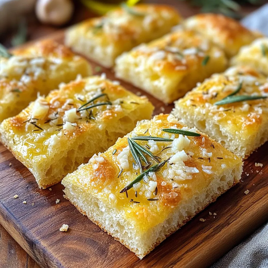 - 2 cups all-purpose flour - 1 teaspoon instant yeast - 1 teaspoon sugar - 1 teaspoon salt - 3/4 cup warm water (110°F/43°C) - 1/4 cup olive oil (plus more for drizzling) - 3 cloves garlic, minced - 1/2 cup grated Parmesan cheese - Fresh rosemary, chopped (for garnish) - Sea salt (for sprinkling) Gather your ingredients first. This helps the process go smoothly. Start with the flour and yeast. Instant yeast works well and needs no proofing. Just mix it with sugar and warm water. The warm water helps activate the yeast quickly. Next, add the flour and salt. The salt adds flavor and controls the yeast. You want a shaggy dough. It should not be too sticky or dry. If it is, adjust with more water or flour. Don’t forget the olive oil! It adds richness and flavor. Use some in the dough and save some for drizzling later. Minced garlic is a must. Fresh garlic gives a strong, tasty punch. The Parmesan cheese melts beautifully on top, adding a rich, savory note. Finally, fresh rosemary gives a lovely smell. It also adds a pop of color. Sea salt on top makes every bite special. Enjoy the process of gathering and prepping these simple, fresh ingredients! 1. In a large bowl, combine warm water, instant yeast, and sugar. Let this sit for about 5 minutes. You will see it get frothy. 2. Add 2 cups of flour and 1 teaspoon of salt into the yeast mixture. Stir it until a shaggy dough forms. 3. Transfer this dough to a lightly floured surface. Knead the dough for about 5 minutes. It should feel smooth and elastic. 1. Place the kneaded dough in a greased bowl. Cover it with a kitchen towel. 2. Let it rise in a warm spot for about 1 hour. It should double in size. 1. Preheat your oven to 400°F (200°C). This ensures even baking. 2. Once the dough has risen, punch it down gently. Then, transfer it to a greased baking sheet. 3. Using your fingers, stretch the dough into a rectangle or circle. Aim for about 1-inch thick. 4. In a small bowl, mix minced garlic with a drizzle of olive oil. Brush this garlic oil over the dough. 5. Sprinkle 1/2 cup of grated Parmesan cheese evenly on top. Add fresh rosemary and a sprinkle of sea salt for extra flavor. 1. Allow the dough to rest for an extra 20 minutes while the oven heats up. 2. Bake the focaccia in the preheated oven for 20-25 minutes. Look for a golden brown color. 3. Once baked, remove it from the oven. Drizzle with olive oil for added taste. Let it cool slightly before slicing. - Use freshly minced garlic for stronger flavor. Fresh garlic gives a bold taste that dried garlic cannot match. The aroma fills your kitchen and makes your focaccia unforgettable. - Experiment with additional toppings like olives or sun-dried tomatoes. These add unique flavors and textures. You can mix and match to find your favorite combination. - Rest the dough adequately for better rise. This step is key. Letting the dough sit helps it become light and fluffy. - Adjust baking time for desired crispness. Every oven is different. Keep an eye on your focaccia to achieve the golden crust you want. - Serve warm with herbs for garnish. A sprinkle of fresh rosemary makes the focaccia look and taste great. - Cut it into squares for easier serving. This way, everyone can enjoy a piece without hassle. Plus, it looks neat on the plate. {{image_2}} You can make your focaccia even more special. Add mixed Italian herbs into the dough. This gives a nice flavor boost. You can also swap out the rosemary for oregano or thyme. Each herb adds its own unique taste. If you love cheese, try this twist. Incorporate other cheeses like mozzarella or cheddar into the dough. You can also sprinkle cheese on top. This makes it extra cheesy and delicious. The gooey texture will wow your guests. Want a gluten-free version? Simply replace all-purpose flour with a gluten-free flour blend. Make sure to check the ingredients. You might need to adjust the liquid amount too. Add a little more or less water to get the right dough texture. This way, everyone can enjoy your focaccia! To keep your leftover focaccia fresh, store it in an airtight container at room temperature. This keeps the bread soft and tasty. If you leave it out, it can get hard and dry. When you're ready to enjoy it again, simply reheat it gently before serving. If you want to save some for later, slice the focaccia first. Wrap each slice in plastic wrap tightly. This helps to keep the bread fresh in the freezer. When you’re ready to eat it, you can either thaw it at room temperature or reheat it directly from the freezer. It’s quick and easy! The best way to reheat your focaccia is in the oven. This method gives it a crispy texture that feels fresh-baked. Just preheat the oven to 350°F (175°C) and warm it for about 10 minutes. If you're in a hurry, you can use the microwave for a quick warm-up. However, this may not give you the same crispy results as the oven. It takes about 1 hour and 45 minutes to make Garlic Parmesan Focaccia. This time includes prep, rise, and bake. Here’s the breakdown: - Prep Time: 15 minutes - Rise Time: 1 hour - Bake Time: 20 to 25 minutes You can enjoy fresh focaccia in no time! Yes, you can use dried herbs if you don’t have fresh ones. When using dried herbs, use less. Dried herbs are stronger in flavor. A good rule is to use one-third of the amount. So, if a recipe calls for one tablespoon of fresh rosemary, use one teaspoon of dried. Garlic Parmesan Focaccia tastes great with many dips and sides. Here are some ideas: - Olive oil and balsamic vinegar for dipping - Hummus for a creamy touch - Tomato soup for a cozy meal - Fresh salad for a light side These pairings make the focaccia even better! Absolutely! This recipe is perfect for new bakers. Here are some tips to help you: - Follow each step carefully for the best results. - Don’t rush the rise; let the dough double in size. - Use your fingers to shape the dough; it’s fun and easy. With practice, you’ll soon bake like a pro! Making Garlic Parmesan Focaccia is easy and fun. We explored key ingredients like flour and yeast. I shared simple steps to make the dough rise and bake it until golden. You can customize it with herbs or other cheeses. Proper storage and reheating tips keep your focaccia fresh. This recipe is great for beginners and seasoned cooks alike. With just a few simple steps, you will enjoy delicious bread that impresses. Make this tasty focaccia your next baking project!