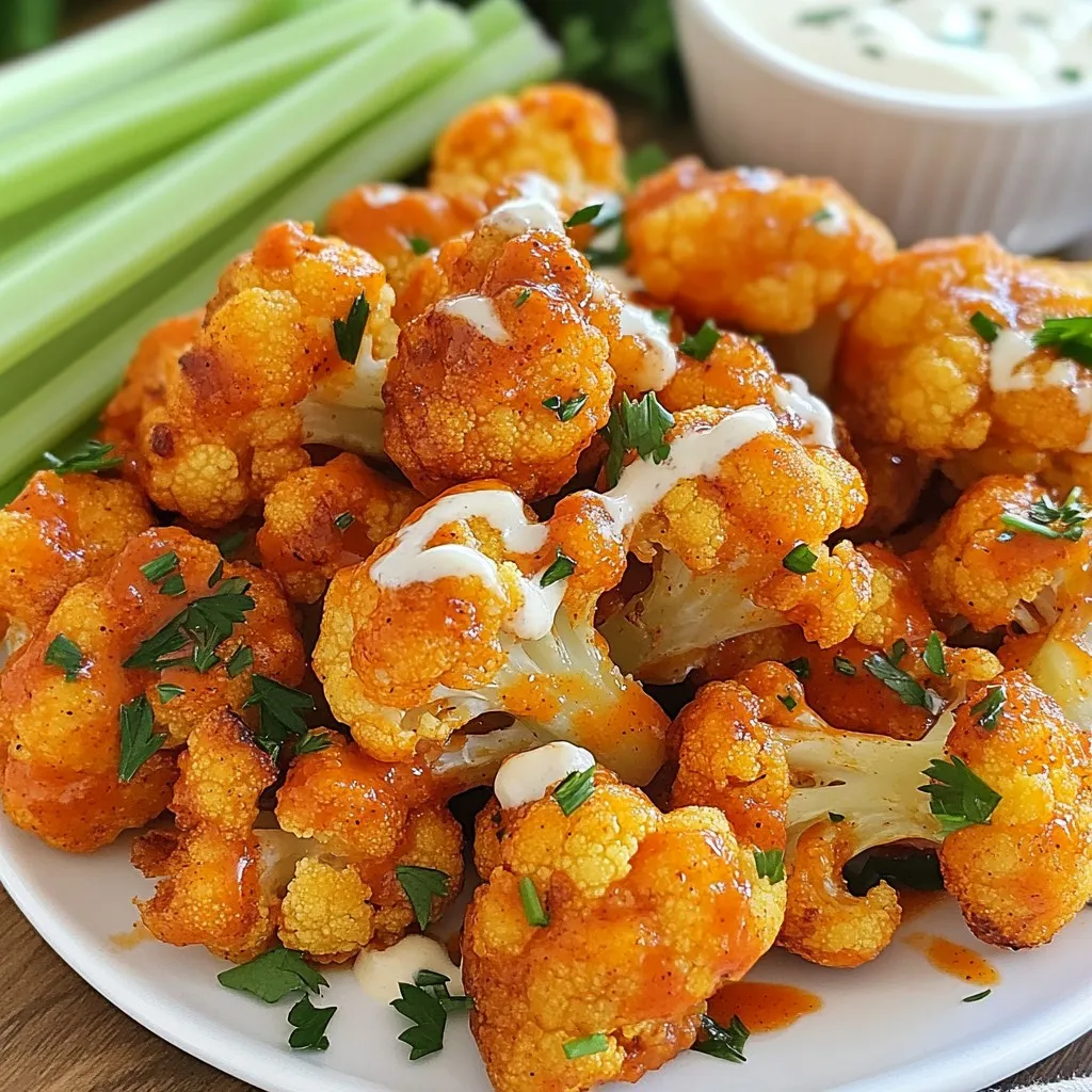 - 1 large head of cauliflower, cut into bite-sized florets - 1 cup all-purpose flour - 1/2 cup water - 1 teaspoon garlic powder - 1 teaspoon onion powder - 1 teaspoon smoked paprika - 1/2 teaspoon salt - 1/4 teaspoon black pepper - 1/2 cup buffalo sauce (store-bought or homemade) - 1 tablespoon olive oil - Fresh parsley, chopped (for garnish) - Optional: celery sticks and ranch dressing for serving When I make Air Fryer Buffalo Cauliflower, I love using fresh and simple ingredients. Start with one large head of cauliflower. Cut it into bite-sized florets so they cook evenly. You want a nice crunch! Next, I prepare the batter. I mix 1 cup of all-purpose flour with 1/2 cup of water in a bowl. Then, I add some spices for flavor. I use 1 teaspoon of garlic powder, onion powder, and smoked paprika. I also add 1/2 teaspoon of salt and 1/4 teaspoon of black pepper. This mix gives the cauliflower a tasty coat. Now, it's time for the star of the show: the buffalo sauce! I use 1/2 cup of buffalo sauce. You can buy it or make your own. It adds the heat and tang we crave. To help the cauliflower crisp up, I add 1 tablespoon of olive oil. For garnish, I chop fresh parsley. This adds a pop of color and freshness. You can serve the cauliflower with celery sticks and ranch dressing. They balance the heat and add extra flavor. Enjoy your time cooking this simple and fun dish! {{ingredient_image_1}} First, rinse the large head of cauliflower under cool water. This helps remove dirt. Then, cut it into bite-sized florets. Aim for uniform pieces to ensure even cooking. After cutting, pat the florets dry with a paper towel. This step is key to achieving crispiness later on. Next, grab a mixing bowl. In it, combine 1 cup of all-purpose flour and 1/2 cup of water. Add 1 teaspoon of garlic powder, 1 teaspoon of onion powder, 1 teaspoon of smoked paprika, 1/2 teaspoon of salt, and 1/4 teaspoon of black pepper. Whisk the mixture until smooth. Ensure there are no lumps. A well-mixed batter will coat the cauliflower perfectly. Now, dip each cauliflower floret into the batter. Make sure they are fully coated. Let any excess batter drip off before placing them in the air fryer. Preheat your air fryer to 390°F (200°C) for about 5 minutes. While it heats up, lightly grease the air fryer basket with 1 tablespoon of olive oil. Once preheated, arrange the coated florets in a single layer. You may need to cook in batches, depending on your air fryer size. Cook the cauliflower for 12–15 minutes. Halfway through, shake the basket for even crispiness. The florets should look golden and crispy when done. Once cooked, transfer the cauliflower to a large bowl. Drizzle 1/2 cup of buffalo sauce over them. Gently toss to coat every piece evenly. For extra flavor, return the sauced cauliflower to the air fryer for another 3–5 minutes. This helps set the sauce. When finished, take out the cauliflower and place it on a serving platter. Garnish with chopped fresh parsley for a pop of color. Serve hot with celery sticks and ranch dressing for dipping. Enjoy your tasty and spicy snack! To get that perfect crunch, dry the cauliflower well before cooking. After rinsing, use a paper towel to pat the florets dry. This step helps the batter stick and keeps excess moisture away. Next, focus on the batter consistency. Mix flour, water, and seasonings until smooth. A thick batter sticks better, so avoid making it too runny. If your air fryer is small, cook in batches. This ensures each cauliflower floret gets enough hot air to crisp up. Overcrowding the basket can lead to soggy pieces. Keep an eye on the time; it should take about 12 to 15 minutes. Shake the basket halfway through to help all sides crisp evenly. Garnishing adds a nice touch. After cooking, sprinkle fresh parsley over the cauliflower. It brightens the dish and adds color. Serve with celery sticks for crunch and ranch dressing for dipping. This pairing cools the heat and enhances the flavor. Your dish will look great and taste even better! Pro Tips Choose Fresh Cauliflower: Always opt for firm, fresh cauliflower with tight florets for the best texture and flavor. Adjust Spice Level: If you prefer a milder version, reduce the amount of buffalo sauce or opt for a milder variety. Batch Cooking: If you're making a large quantity, cook in batches to ensure all florets are evenly crispy. Perfectly Set Sauce: For an extra punch of flavor, let the sauced cauliflower rest for a few minutes before serving. {{image_2}} You can use different sauces to change the taste of your buffalo cauliflower. If you want a milder flavor, try using barbecue sauce or a honey mustard sauce. These sauces still add great taste without the heat. For those who love spice, try adding a bit of sriracha or a spicy garlic sauce. Mixing buffalo sauce with honey can also balance the heat with sweetness. Are you looking for gluten-free options? You can make a gluten-free batter by using almond flour or chickpea flour instead of all-purpose flour. Just mix it with water and seasonings as you would with regular flour. This way, you can enjoy the dish without gluten. To make your buffalo cauliflower even more exciting, add extra spices or herbs. Try adding cayenne pepper for extra heat or smoked paprika for a rich taste. Fresh herbs like cilantro or dill can also brighten up the flavors. Mixing in nutritional yeast can give it a cheesy flavor without dairy. Each of these options can create a unique twist on the classic recipe. To keep your buffalo cauliflower fresh, store it in an airtight container. Place parchment paper between layers to avoid sogginess. Refrigerate it within two hours of cooking. This helps maintain its flavor and texture for up to three days. To reheat buffalo cauliflower, use the air fryer. Set it to 350°F (175°C) for about 5–7 minutes. This method keeps the cauliflower crispy. You can also use an oven. Preheat it to 350°F (175°C) and bake for 10 minutes. Avoid the microwave, as it can make the cauliflower soft. Yes, you can freeze buffalo cauliflower! First, let it cool completely. Then, spread the florets on a baking sheet and freeze for about an hour. Once frozen, transfer them to a freezer bag. This way, they can last up to three months. When ready to eat, bake from frozen at 400°F (200°C) for 15–20 minutes. You can store Air Fryer Buffalo Cauliflower in the fridge for up to three days. Keep it in an airtight container to keep it fresh. If you want to enjoy it later, ensure it cools before sealing. This helps it stay crispy longer. Yes, you can make Air Fryer Buffalo Cauliflower in advance. Prepare it up to the point before adding the buffalo sauce. Store the plain cauliflower in the fridge. When ready to eat, just toss it in the sauce and air fry it for a few minutes. This keeps the flavors fresh and tasty. - Side dish suggestions: Air Fryer Buffalo Cauliflower pairs well with a fresh salad, roasted veggies, or crispy potato wedges. Try serving it with a side of celery sticks for extra crunch. - Appropriate dipping sauces: A creamy ranch dressing is perfect for dipping. You can also try blue cheese dressing for a classic touch. If you like spice, serve it with extra buffalo sauce on the side. Air Fryer Buffalo Cauliflower is simple and fun to make. We covered ingredients, step-by-step cooking, and tips to keep it crispy. Enjoying this dish is easy with variations and storage tips. Whether you prefer spicy or mild sauces, there’s a version for you. Don't forget to try different dips for extra flavor. Making this dish will impress your friends and family. Now, grab some cauliflower and start cooking today!