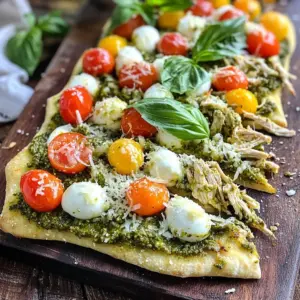 To make a tasty pesto chicken flatbread, you need a few key items: - 2 flatbreads (store-bought or homemade) - 2 cups cooked chicken, shredded - 1/2 cup basil pesto - 1 cup cherry tomatoes, halved - 1 cup fresh mozzarella balls, halved - 1/4 cup grated Parmesan cheese - 2 tablespoons olive oil - Salt and pepper to taste - Fresh basil leaves for garnish These ingredients come together to create a flavor-packed dish. The flatbreads act as a perfect base. The chicken adds protein and pairs well with the pesto. The fresh tomatoes and mozzarella give juicy bites. The Parmesan adds a nice salty finish. You can change this recipe to suit your taste. Here are some optional ingredients to consider: - Arugula or spinach for extra greens - Red onion slices for a sharp flavor - Bell peppers for a sweet crunch - Feta cheese for a tangy twist - Olives for a briny kick Feel free to mix and match these extras. They will make your flatbread unique. If you don’t have some ingredients, don’t worry! Here are a few swaps: - Use store-bought rotisserie chicken instead of cooking your own. - Swap mozzarella for goat cheese or ricotta. - Try sun-dried tomatoes if you can't find fresh cherry tomatoes. - Use any nut-free pesto if you have allergies. These substitutions keep the dish tasty and easy to make. Enjoy trying different flavors! First, preheat your oven to 400°F (200°C). This step warms up your oven for baking later. Next, take two flatbreads. You can use store-bought or make your own. Place them on a baking sheet lined with parchment paper. This makes cleanup easy and helps keep the flatbreads from sticking. In a medium bowl, combine shredded chicken and basil pesto. Mix well until the chicken is fully coated. This mixture gives the flatbreads a rich flavor. Now, spread this pesto chicken mixture evenly over each flatbread. Be sure to cover every corner, so each bite is tasty. Next, slice your cherry tomatoes in half. Distribute them on top of the chicken. Add halved fresh mozzarella balls for a creamy touch. Sprinkle grated Parmesan cheese over each flatbread. This adds a salty, cheesy goodness. Drizzle olive oil lightly over the top. Season with salt and pepper for extra flavor. Place the baking sheet in the oven. Bake for 12-15 minutes. Look for bubbly cheese and golden edges. Once done, take them out and let them cool for a few minutes. Finally, garnish with fresh basil leaves. Slice into quarters and enjoy your delicious pesto chicken flatbread! When picking a flatbread, look for fresh options. You can use store-bought or make your own. Thin flatbreads work best for this recipe. They get crispy and hold the toppings well. If you prefer a thicker base, choose naan or pita bread. Always check for a good texture. Soft flatbreads may not crisp up as well. To keep your flatbread crisp, bake it on a preheated baking sheet. This helps create a nice crust. You can also brush it lightly with olive oil. Avoid overloading with toppings. Too many moist ingredients can make the bread soggy. Bake until the cheese melts and the edges turn golden brown. You can add more flavor to your flatbread. Try different cheeses like feta or goat cheese. For some heat, add red pepper flakes. Fresh herbs like thyme or oregano can boost the taste too. After baking, sprinkle on more fresh basil leaves. A drizzle of balsamic glaze adds a sweet touch. These simple changes can make your dish even more special. {{image_2}} You can easily make a vegetarian version of this flatbread. Start with the same flatbreads and pesto. Instead of chicken, use roasted veggies. Bell peppers, zucchini, and mushrooms work great. Toss them in olive oil and some salt. Roast them until they are soft. Then, layer the roasted veggies on the pesto. Add cherry tomatoes and cheese as usual. This gives you a fresh and tasty meal. If you love heat, try a spicy pesto chicken flatbread. Mix red pepper flakes into your basil pesto. You can also add sliced jalapeños on top. This adds a nice kick to your dish. Keep the rest of the recipe the same. The spicy notes will blend well with the creamy cheese. Cheese can change the flavor of your flatbread. Fresh mozzarella is creamy and mild, but you can mix it up. Try feta for a tangy twist. Goat cheese adds a rich flavor, too. If you want a sharper taste, use aged cheddar. Each cheese will give your flatbread a new taste experience. To keep your leftover flatbread fresh, wrap it tightly in plastic wrap. You can also use an airtight container to seal in moisture. Store it in the fridge for up to three days. This way, you can enjoy your pesto chicken flatbread later without losing its great taste. When you want to reheat your flatbread, use an oven for the best results. Preheat your oven to 350°F (175°C). Place the flatbread on a baking sheet. Heat it for about 10 minutes. This helps the cheese melt again and keeps the flatbread crispy. Avoid using a microwave, as it can make the flatbread soggy. If you want to save some flatbread for later, freezing works well. Wrap the flatbread tightly in plastic wrap, then put it in a freezer bag. It can stay frozen for up to three months. To thaw, move it to the fridge overnight. Once thawed, reheat in the oven for the best flavor and texture. Yes, you can use homemade pesto. Freshly made pesto adds a unique flavor. To make it, blend basil, garlic, pine nuts, Parmesan cheese, and olive oil. This easy process lets you control the taste. Just mix your homemade pesto with shredded chicken, and you’re ready to create a delicious flatbread. You can serve many sides with pesto chicken flatbread. A fresh salad with mixed greens complements the flatbread well. You can also pair it with roasted vegetables or a light soup. For a fun touch, serve some crispy potato wedges. These choices make the meal more filling and satisfying. Your flatbread is done when the cheese is bubbly and golden. The edges should also turn a light brown. After baking for 12-15 minutes, check it. If it looks perfect, take it out. Let it cool for a few minutes before slicing. This step helps the cheese set a bit, making it easier to serve. Pesto chicken flatbread is simple and fun to make. You learned about key ingredients, step-by-step prep, and helpful tips. Customizing your flatbread means endless flavor choices. You can even store leftovers and enjoy them later. This dish fits many tastes, whether spicy or veggie. I hope you feel inspired to try this recipe. Enjoy creating your own tasty flatbread tonight!