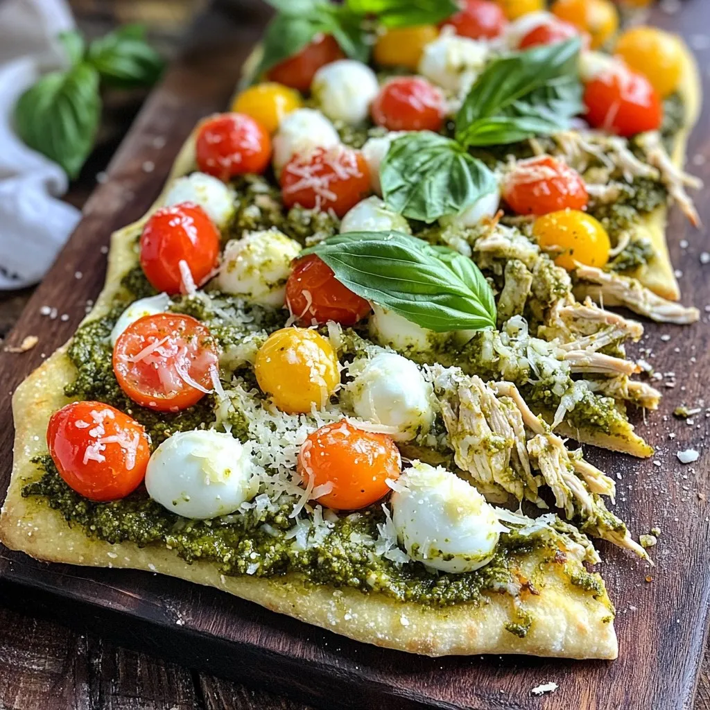 To make a tasty pesto chicken flatbread, you need a few key items: - 2 flatbreads (store-bought or homemade) - 2 cups cooked chicken, shredded - 1/2 cup basil pesto - 1 cup cherry tomatoes, halved - 1 cup fresh mozzarella balls, halved - 1/4 cup grated Parmesan cheese - 2 tablespoons olive oil - Salt and pepper to taste - Fresh basil leaves for garnish These ingredients come together to create a flavor-packed dish. The flatbreads act as a perfect base. The chicken adds protein and pairs well with the pesto. The fresh tomatoes and mozzarella give juicy bites. The Parmesan adds a nice salty finish. You can change this recipe to suit your taste. Here are some optional ingredients to consider: - Arugula or spinach for extra greens - Red onion slices for a sharp flavor - Bell peppers for a sweet crunch - Feta cheese for a tangy twist - Olives for a briny kick Feel free to mix and match these extras. They will make your flatbread unique. If you don’t have some ingredients, don’t worry! Here are a few swaps: - Use store-bought rotisserie chicken instead of cooking your own. - Swap mozzarella for goat cheese or ricotta. - Try sun-dried tomatoes if you can't find fresh cherry tomatoes. - Use any nut-free pesto if you have allergies. These substitutions keep the dish tasty and easy to make. Enjoy trying different flavors! First, preheat your oven to 400°F (200°C). This step warms up your oven for baking later. Next, take two flatbreads. You can use store-bought or make your own. Place them on a baking sheet lined with parchment paper. This makes cleanup easy and helps keep the flatbreads from sticking. In a medium bowl, combine shredded chicken and basil pesto. Mix well until the chicken is fully coated. This mixture gives the flatbreads a rich flavor. Now, spread this pesto chicken mixture evenly over each flatbread. Be sure to cover every corner, so each bite is tasty. Next, slice your cherry tomatoes in half. Distribute them on top of the chicken. Add halved fresh mozzarella balls for a creamy touch. Sprinkle grated Parmesan cheese over each flatbread. This adds a salty, cheesy goodness. Drizzle olive oil lightly over the top. Season with salt and pepper for extra flavor. Place the baking sheet in the oven. Bake for 12-15 minutes. Look for bubbly cheese and golden edges. Once done, take them out and let them cool for a few minutes. Finally, garnish with fresh basil leaves. Slice into quarters and enjoy your delicious pesto chicken flatbread! When picking a flatbread, look for fresh options. You can use store-bought or make your own. Thin flatbreads work best for this recipe. They get crispy and hold the toppings well. If you prefer a thicker base, choose naan or pita bread. Always check for a good texture. Soft flatbreads may not crisp up as well. To keep your flatbread crisp, bake it on a preheated baking sheet. This helps create a nice crust. You can also brush it lightly with olive oil. Avoid overloading with toppings. Too many moist ingredients can make the bread soggy. Bake until the cheese melts and the edges turn golden brown. You can add more flavor to your flatbread. Try different cheeses like feta or goat cheese. For some heat, add red pepper flakes. Fresh herbs like thyme or oregano can boost the taste too. After baking, sprinkle on more fresh basil leaves. A drizzle of balsamic glaze adds a sweet touch. These simple changes can make your dish even more special. {{image_2}} You can easily make a vegetarian version of this flatbread. Start with the same flatbreads and pesto. Instead of chicken, use roasted veggies. Bell peppers, zucchini, and mushrooms work great. Toss them in olive oil and some salt. Roast them until they are soft. Then, layer the roasted veggies on the pesto. Add cherry tomatoes and cheese as usual. This gives you a fresh and tasty meal. If you love heat, try a spicy pesto chicken flatbread. Mix red pepper flakes into your basil pesto. You can also add sliced jalapeños on top. This adds a nice kick to your dish. Keep the rest of the recipe the same. The spicy notes will blend well with the creamy cheese. Cheese can change the flavor of your flatbread. Fresh mozzarella is creamy and mild, but you can mix it up. Try feta for a tangy twist. Goat cheese adds a rich flavor, too. If you want a sharper taste, use aged cheddar. Each cheese will give your flatbread a new taste experience. To keep your leftover flatbread fresh, wrap it tightly in plastic wrap. You can also use an airtight container to seal in moisture. Store it in the fridge for up to three days. This way, you can enjoy your pesto chicken flatbread later without losing its great taste. When you want to reheat your flatbread, use an oven for the best results. Preheat your oven to 350°F (175°C). Place the flatbread on a baking sheet. Heat it for about 10 minutes. This helps the cheese melt again and keeps the flatbread crispy. Avoid using a microwave, as it can make the flatbread soggy. If you want to save some flatbread for later, freezing works well. Wrap the flatbread tightly in plastic wrap, then put it in a freezer bag. It can stay frozen for up to three months. To thaw, move it to the fridge overnight. Once thawed, reheat in the oven for the best flavor and texture. Yes, you can use homemade pesto. Freshly made pesto adds a unique flavor. To make it, blend basil, garlic, pine nuts, Parmesan cheese, and olive oil. This easy process lets you control the taste. Just mix your homemade pesto with shredded chicken, and you’re ready to create a delicious flatbread. You can serve many sides with pesto chicken flatbread. A fresh salad with mixed greens complements the flatbread well. You can also pair it with roasted vegetables or a light soup. For a fun touch, serve some crispy potato wedges. These choices make the meal more filling and satisfying. Your flatbread is done when the cheese is bubbly and golden. The edges should also turn a light brown. After baking for 12-15 minutes, check it. If it looks perfect, take it out. Let it cool for a few minutes before slicing. This step helps the cheese set a bit, making it easier to serve. Pesto chicken flatbread is simple and fun to make. You learned about key ingredients, step-by-step prep, and helpful tips. Customizing your flatbread means endless flavor choices. You can even store leftovers and enjoy them later. This dish fits many tastes, whether spicy or veggie. I hope you feel inspired to try this recipe. Enjoy creating your own tasty flatbread tonight!