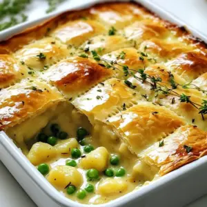 To make a delicious creamy chicken and gnocchi pot pie, gather these key ingredients: - Chicken - 1 lb boneless, skinless chicken breasts, cut into bite-sized pieces - Vegetables - 1 medium onion, diced - 2 garlic cloves, minced - 2 carrots, diced - 2 celery stalks, diced - 2 cups frozen peas - Seasonings - 1 teaspoon dried thyme - 1 teaspoon dried rosemary - Salt and pepper to taste - Liquid Ingredients - 4 cups chicken broth - 1 cup heavy cream - Gnocchi - 1 ½ cups store-bought gnocchi (fresh or frozen) - Puff Pastry - 1 cup frozen puff pastry (1 sheet), thawed - Egg - 1 egg, beaten (for egg wash) Each ingredient adds flavor and texture. The chicken gives protein, while the gnocchi adds heartiness. Fresh and frozen vegetables bring color and nutrients. The heavy cream and broth create a rich, creamy filling. Puff pastry tops it all off with a flaky crust. {{ingredient_image_1}} - Preheat Oven Start by preheating your oven to 400°F (200°C). This step is key for getting a nice, golden crust. - Sauté Vegetables In a large pot, heat 1 tablespoon of olive oil over medium heat. Add 1 medium diced onion, 2 diced carrots, and 2 diced celery stalks. Sauté these for 5-7 minutes. You want them soft and the onion to turn translucent. - Cook Chicken Add 1 pound of bite-sized chicken pieces to the pot. Season with salt and pepper. Cook the chicken for about 5-7 minutes. The chicken should no longer be pink. - Add Broth and Cream Pour in 4 cups of chicken broth. Bring this to a gentle boil. Then, reduce the heat and stir in 1 cup of heavy cream and 1½ cups of gnocchi. Let this simmer for about 5 minutes. The gnocchi should be cooked, and the mixture should look creamy. - Transfer Filling to Baking Dish Carefully transfer your creamy chicken and gnocchi mixture into a baking dish. Spread it out evenly for the best results. - Prepare Puff Pastry Top Roll out the thawed puff pastry on a floured surface. Cut it to fit your baking dish, leaving some overhang. - Seal and Cut for Steam Place the puff pastry over the filling. Press the edges down with a fork to seal them well. Cut a few slits in the top for steam to escape while baking. - Brush with Egg Wash Brush the top of the pastry with a beaten egg. This gives it a beautiful, golden color when baked. - Bake Until Golden Put the pot pie in the oven and bake for 25-30 minutes. You want the pastry to puff up and turn golden brown. - Cooling Time Once baked, remove the pot pie from the oven. Let it sit for 5 minutes before serving. This cooling time helps the filling set a bit. Selecting Gnocchi When choosing gnocchi, look for quality. Fresh gnocchi often has a light, fluffy texture. If you use frozen gnocchi, check the packaging for the best results. Both types cook quickly, so keep an eye on them. They should float to the top when done. Perfecting the Creamy Filling To create a rich and creamy filling, use heavy cream. It adds a wonderful texture. Stir in the cream slowly after the broth simmers. This helps blend the flavors well. Don't rush this step; let the flavors develop. Taste and adjust salt and pepper as needed. Avoiding Soggy Pastry To prevent soggy pastry, ensure your filling is not too wet. Let the mixture cool a bit before adding the puff pastry. This helps the pastry stay crisp. Also, brush the top with egg wash for a golden finish. Cut slits in the pastry to let steam escape. Garnishing Options Once baked, garnishing makes your pot pie look appealing. Use fresh thyme sprigs or parsley for color. A sprinkle of black pepper adds a nice touch, too. These simple additions enhance both the look and flavor of the dish. Pairing with Sides Serve your pot pie with simple sides. A fresh green salad pairs well. You can also add steamed green beans for a nice crunch. These sides balance the creamy filling and add a fresh taste to your meal. Enjoy your delicious creation! Pro Tips Use Leftover Chicken: If you have leftover rotisserie chicken, it’s a great time-saver and adds extra flavor to the pot pie. Experiment with Vegetables: Feel free to add other vegetables like mushrooms or bell peppers for added flavor and nutrition. Perfect Puff Pastry: Ensure your puff pastry is cold when you place it on the filling for the best puff and flakiness. Serving Suggestion: Serve with a side salad or crusty bread to soak up the delicious creamy filling! {{image_2}} Chicken Alternatives You can use turkey instead of chicken. Shredded rotisserie chicken also works well. For a vegetarian option, try chickpeas or tofu. Vegetable Substitutions Feel free to swap veggies based on what you have. Zucchini, mushrooms, or bell peppers can add great flavor. You can also use fresh spinach for a pop of color. Dairy-Free Options To make this dish dairy-free, swap heavy cream with coconut milk. Use a dairy-free puff pastry for the top. This keeps the creaminess without the dairy. Herbs and Spices Adding fresh herbs brings a bright flavor. Try fresh parsley or chives for a fresh taste. A pinch of red pepper flakes adds a nice kick. Adding Cheeses Mixing in cheese can elevate the dish. Try shredded cheddar or mozzarella for a creamy texture. You can also sprinkle some parmesan on top before baking for a rich flavor. - Storing Leftovers: After your meal, let the pot pie cool. Cover it tightly with plastic wrap or foil. You can also use an airtight container. It stays fresh in the fridge for up to three days. - Reheating Methods: To reheat, preheat your oven to 350°F (175°C). Place the pot pie in an oven-safe dish. Cover it with foil to keep it from getting too brown. Heat for about 20-25 minutes. You can also microwave individual portions for about 2-3 minutes, but this might make the pastry less crispy. - Preparing for Freezing: If you want to freeze the pot pie, do this before baking. Wrap the dish tightly with plastic wrap, then with foil. This keeps out air and prevents freezer burn. It can last in the freezer for up to three months. - Thawing and Reheating: To use a frozen pot pie, take it out the night before and let it thaw in the fridge. When ready to bake, preheat your oven to 400°F (200°C). Unwrap the pot pie and bake for 30-35 minutes, until golden and bubbly. If baking from frozen, increase the time to about 50-60 minutes. Check for doneness by making sure the filling is hot and the pastry is golden. Can I make this dish ahead of time? Yes, you can. Prepare the filling and store it in the fridge. Then, add the puff pastry before baking. This keeps the crust fresh. What can I substitute for puff pastry? If you don’t have puff pastry, use pie crust or biscuit dough. Both options give a nice, flaky top. Is this pot pie gluten-free? The original recipe is not gluten-free due to puff pastry. To make it gluten-free, use a gluten-free crust instead. How to know when the pot pie is done? Look for a golden-brown crust. The filling should bubble slightly. If both are true, it’s ready to serve. Can I use cooked chicken? Absolutely! Using cooked chicken saves time. Just add it to the pot with the broth and cream. How can I make it spicier? To spice it up, add red pepper flakes or a dash of hot sauce. Adjust the amount to your taste. In this post, we explored how to make a delicious pot pie. We covered the ingredients, step-by-step instructions, tips, variations, storage info, and FAQs. You now have the tools to create this dish your way. Remember, cooking is about fun and creativity. Don't hesitate to experiment with flavors and ingredients. Enjoy making and sharing your tasty pot pie!