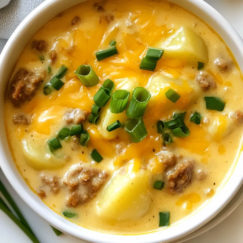 - 1 pound Italian sausage, casing removed - 4 medium potatoes, diced - 1 medium onion, chopped - 2 cloves garlic, minced - 4 cups chicken broth - 1 cup heavy cream - 2 cups shredded cheddar cheese - 1 teaspoon dried thyme - 1 teaspoon smoked paprika - Salt and pepper to taste - 2 tablespoons olive oil - 2 green onions, sliced (for garnish) Each ingredient plays a key role in the soup's flavor and texture. The Italian sausage adds a nice, savory kick. If you prefer a milder taste, you can use ground turkey or chicken sausage instead. Potatoes give the soup its hearty feel. I recommend using Yukon Gold for a creamy texture. Garlic and onion add depth. For a twist, try shallots instead of onion. Heavy cream makes the soup rich and smooth. If you want a lighter option, half-and-half or whole milk works too, but the soup will be less thick. Cheddar cheese is essential for that cheesy goodness. You can also mix in Gruyère or Monterey Jack for a different flavor. Dried thyme and smoked paprika bring warmth. If you have fresh herbs, feel free to use them! Salt and pepper enhance all the flavors. Always taste and adjust to your liking. Olive oil helps to sauté the veggies and sausage, giving it a nice base. You can substitute it with butter if you prefer. Green onions add freshness at the end. You can leave them out if you want. This cheesy sausage potato soup packs a punch in both flavor and nutrition. Each serving contains around 400 calories, depending on your ingredient choices. The potatoes offer fiber and potassium, which are good for your heart. The sausage provides protein, helping to keep you full. Dairy from the cream and cheese gives calcium, which is vital for strong bones. Garlic can boost your immune system and may help fight off colds. The spices, like thyme and paprika, have antioxidants that contribute to overall health. Overall, this soup is not just tasty, but it also brings comfort and nutrients to your meal. Enjoy every hearty spoonful! {{ingredient_image_1}} To start making cheesy sausage potato soup, gather all your ingredients. You need: - 1 pound Italian sausage, casing removed - 4 medium potatoes, diced - 1 medium onion, chopped - 2 cloves garlic, minced - 4 cups chicken broth - 1 cup heavy cream - 2 cups shredded cheddar cheese - 1 teaspoon dried thyme - 1 teaspoon smoked paprika - Salt and pepper to taste - 2 tablespoons olive oil - 2 green onions, sliced (for garnish) Wash and chop the potatoes, onion, and garlic. This step makes cooking easier. Next, remove the sausage from its casing. This helps it break apart while cooking. Heat olive oil in a large pot over medium heat. Add the chopped onion and minced garlic. Sauté for about 3-4 minutes until the onion turns soft. Next, add the Italian sausage. Cook it for 6-8 minutes until it is browned and fully cooked. Stir in the diced potatoes, dried thyme, smoked paprika, salt, and pepper. Mix everything well to coat the potatoes with flavors. Now, pour in the chicken broth and bring the mixture to a boil. Once boiling, reduce the heat and let it simmer for 15-20 minutes. Check the potatoes with a fork. They should be tender. After the potatoes are cooked, add the heavy cream and shredded cheddar cheese. Stir until the cheese melts and the soup turns creamy. To make sure your soup is creamy, consider these tips: - Use heavy cream for the best texture. - Add cheese slowly and stir well. This helps it melt evenly. - Ensure potatoes are tender before adding cream. This keeps the soup smooth. - Avoid boiling the soup after adding cream. Doing this can cause it to curdle. These steps will help you achieve a rich and creamy soup every time. Enjoy the process and savor the great flavors! To boost the taste of your cheesy sausage potato soup, focus on fresh ingredients. Start with high-quality Italian sausage for rich flavor. Use fresh garlic and onions; they add depth. Don't skip the smoked paprika; it brings a lovely warmth. You can also add a splash of hot sauce for a kick. Consider tossing in some fresh herbs like parsley or basil just before serving. These small steps can elevate your soup. If you want a thicker soup, you can mash some of the potatoes. Just take a few cooked potato pieces and mash them with a fork. Stir them back in for a creamy texture. Another option is adding more cheese, which adds flavor too. If you're looking to lighten the soup, swap heavy cream for half-and-half or whole milk. This keeps it creamy but reduces the calories. Serve your soup in big, warm bowls. Top it with extra cheddar cheese and sliced green onions. For a delightful pairing, offer crusty bread or garlic bread on the side. A fresh salad can also make a great addition. If you want to add a bit of zing, try a dollop of sour cream on top. Enjoying the soup with friends or family makes it even better. Pro Tips Use Fresh Ingredients: Fresh potatoes and herbs will enhance the flavor and texture of your soup, making it more delicious. Adjust the Thickness: If you prefer a thicker soup, mash some of the cooked potatoes before adding the cream and cheese. Cheese Variations: Experiment with different types of cheese like Gouda or Monterey Jack for a unique twist on the flavor profile. Make It Ahead: This soup tastes even better the next day! Make it ahead of time and reheat for a quick and comforting meal. {{image_2}} To make a spicy version, add diced jalapeños or crushed red pepper flakes. Start with one teaspoon of flakes and adjust to your taste. This adds a nice kick without overpowering the soup. You can also use spicy Italian sausage instead of mild sausage for extra heat. Don’t forget to keep the cheese, as it balances the spice well. For a vegetarian twist, swap the sausage for lentils or mushrooms. Use a plant-based sausage for a similar flavor and texture. You can also add more veggies like carrots, bell peppers, or kale. They will boost both flavor and nutrition. Instead of chicken broth, use vegetable broth to keep it vegetarian-friendly. In spring, add asparagus or fresh peas for a pop of color and taste. In the fall, use sweet potatoes instead of regular potatoes for a sweeter flavor. If you have access to local farms, consider using fresh herbs like parsley or chives. They can really elevate the dish and make it feel special. To store leftovers, first let the soup cool. Pour it into an airtight container. Leave some space at the top, as soup can expand when frozen. Seal the container tightly. Store it in the fridge for up to three days. Keeping it cold helps the flavors stay fresh. You can freeze cheesy sausage potato soup for later use. Use a freezer-safe container or heavy-duty freezer bags. Make sure to label each bag with the date. It can last up to three months in the freezer. When you’re ready to eat, thaw it in the fridge overnight for the best taste. To reheat the soup, use a pot on the stove over medium heat. Stir it often to prevent burning. If it seems thick, add a splash of chicken broth or cream. You can also use the microwave. Heat in short intervals, stirring in between, until hot. Enjoy it warm with fresh toppings! You can store cheesy sausage potato soup for about 3 to 4 days in the fridge. Make sure to cool the soup first. Place it in an airtight container to keep it fresh. If you want to keep it longer, consider freezing it. It can last 2 to 3 months in the freezer. Yes, you can use different cheeses if you want. Gouda, Monterey Jack, or even cream cheese can work well. Each cheese will give the soup a unique taste. Just remember to adjust the amount based on how strong you want the flavor to be. Cheesy sausage potato soup goes well with crusty bread or a fresh salad. You can also pair it with garlic bread for a tasty twist. A light green salad adds freshness to the meal. Enjoy it with your favorite drink for a complete dining experience! This blog post covered everything you need for a delicious cheesy sausage potato soup. We explored ingredients, including healthy swaps, and outlined easy steps for preparation and cooking. Practical tips enhanced flavor and texture, plus variations offered creative ideas. We also shared how to store and reheat leftovers to keep them fresh. In closing, this soup is tasty, easy to make, and perfect for sharing. Enjoy making it your own with personal twists. Happy cooking!