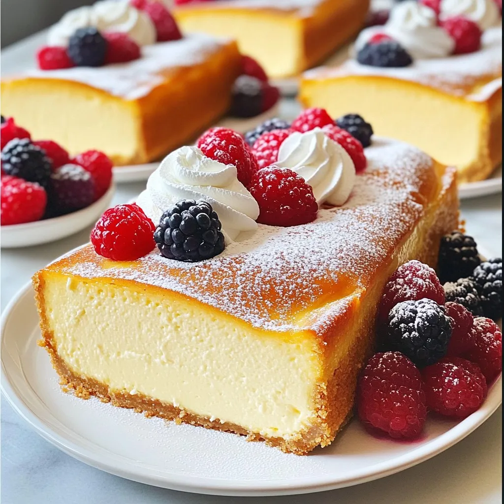 To make this creamy Basque cheesecake loaf, you will need: - 400g cream cheese, softened - 200g Greek yogurt - 150g granulated sugar - 3 large eggs - 2 tablespoons cornstarch - 1 tablespoon lemon juice - 1 teaspoon vanilla extract - 1/2 teaspoon sea salt - 120ml heavy cream These ingredients create a smooth and rich batter. The cream cheese and yogurt make it creamy, while the sugar adds sweetness. The eggs help the loaf set, giving it a nice structure. Cornstarch acts as a thickener, and lemon juice adds brightness. For a special touch, consider these garnishes: - Fresh berries (like strawberries or raspberries) - A dusting of powdered sugar - A dollop of whipped cream These garnishes enhance the look and taste. They add color and freshness, making each slice more appealing. You can tweak some ingredients if needed: - Use low-fat cream cheese for fewer calories. - Substitute regular yogurt with dairy-free yogurt for a vegan option. - Swap granulated sugar with honey or maple syrup for a natural sweetener. These substitutions maintain the flavor and texture while catering to dietary needs. Adjusting ingredients allows everyone to enjoy this delicious treat! Start by preheating your oven to 200°C (400°F). This step is key for getting that perfect bake. Next, take a loaf pan, about 9x5 inches, and line it with parchment paper. Make sure the paper hangs over the sides. This helps when you remove the cheesecake later. In a large bowl, add the softened cream cheese, Greek yogurt, and granulated sugar. Use an electric mixer on medium speed. Beat until the mixture is smooth and lump-free. Now, crack in the eggs one at a time. Mix well after each egg. This ensures everything blends nicely. Next, sift in the cornstarch. Then, add the lemon juice, vanilla extract, and sea salt. Mix until just combined. Finally, pour in the heavy cream while mixing on low speed. You want a smooth and silky batter. Pour the cheesecake batter into your prepared loaf pan. Tap the pan gently on the counter to release any air bubbles. Now, bake it in the preheated oven for 40 to 50 minutes. Look for a deeply golden top, and the center should jiggle slightly. Once baked, turn off the oven and crack the door open. Let the loaf cool inside for about 30 minutes. This helps prevent cracks. After that, remove it from the oven and let it cool to room temperature. Then, refrigerate for at least 4 hours or overnight. This step is vital to set the cheesecake completely. Once set, use the parchment paper to lift it out and slice. Enjoy your chilled cheesecake! When making Basque cheesecake loaf, avoid overmixing the batter. This can make the cake dense. Mix just enough to combine the ingredients. Another mistake is not preheating the oven. Always preheat your oven to ensure even baking. Also, remember to cool the cheesecake slowly. Cracking happens if you cool it too fast. To get that beautiful golden top, watch the baking time closely. Bake for 40-50 minutes. The top should look dark but not burnt. If you see it browning too quickly, lower the temperature slightly. After baking, leave the loaf in the oven to cool a bit. This helps set the top and prevents cracks. For the best taste, chill the cheesecake overnight before serving. This allows flavors to develop. When ready to serve, slice the loaf carefully. Use a sharp knife for clean cuts. Dust slices with powdered sugar for a lovely touch. Fresh berries or whipped cream make great toppings. They add color and flavor, enhancing your dessert. {{image_2}} You can play with flavors in this cheesecake loaf. Try adding chocolate for a rich twist. Melt some dark chocolate and mix it into the batter. You can also add citrus for a bright taste. Zest one lemon or orange into the mix. This will add a fresh, zesty flavor that balances the creaminess. While this cheesecake loaf is great without a crust, you can add one if you like. A cookie crust made from crushed graham crackers or Oreos works well. Just mix the crumbs with melted butter and press them into the bottom of your loaf pan. This adds a nice crunch and flavor. Serving this cheesecake loaf can be fun and creative. Slice it and place each piece on a plate. Dust with powdered sugar for a sweet touch. Add fresh berries or a dollop of whipped cream on top. You can also drizzle some chocolate or caramel sauce for extra flavor. This makes your dessert look beautiful and taste even better! Store the Basque cheesecake loaf in the fridge. Wrap it tightly with plastic wrap. This keeps it fresh and moist. It stays good for about five days. If you want to keep it longer, consider freezing. To freeze the loaf, let it cool completely. Once cool, wrap it in plastic wrap. Then, place it in a freezer bag. Make sure to remove all the air. You can freeze it for up to three months. When you're ready to enjoy your cheesecake loaf, take it out of the fridge or freezer. If frozen, let it thaw overnight in the fridge. To warm it, slice a piece and microwave it for about 10-15 seconds. This softens the texture without cooking it more. Enjoy the creamy goodness! You can tell the cheesecake loaf is ready when the top is golden brown. The center should be set but still jiggles a bit. This means it will be creamy once chilled. Yes, you can use low-fat cream cheese. The cheesecake will still taste good, but it may be less rich. The texture might be a little different, too. You can store the cheesecake in the fridge for up to five days. Make sure to cover it well. This keeps it fresh and tasty for longer. Yes, you can make a dairy-free version. Use non-dairy cream cheese and yogurt. You might need to adjust the sugar for sweetness. The texture may vary, but it can be delicious! In this blog post, we explored making a delicious Basque cheesecake loaf. We covered the key ingredients, step-by-step baking, and practical tips for a great outcome. We also discussed variations and storage methods to keep it fresh. Remember, the right ingredients and techniques make all the difference. Enjoy serving this tasty dessert to family and friends. You now have the tools to show off your baking skills!