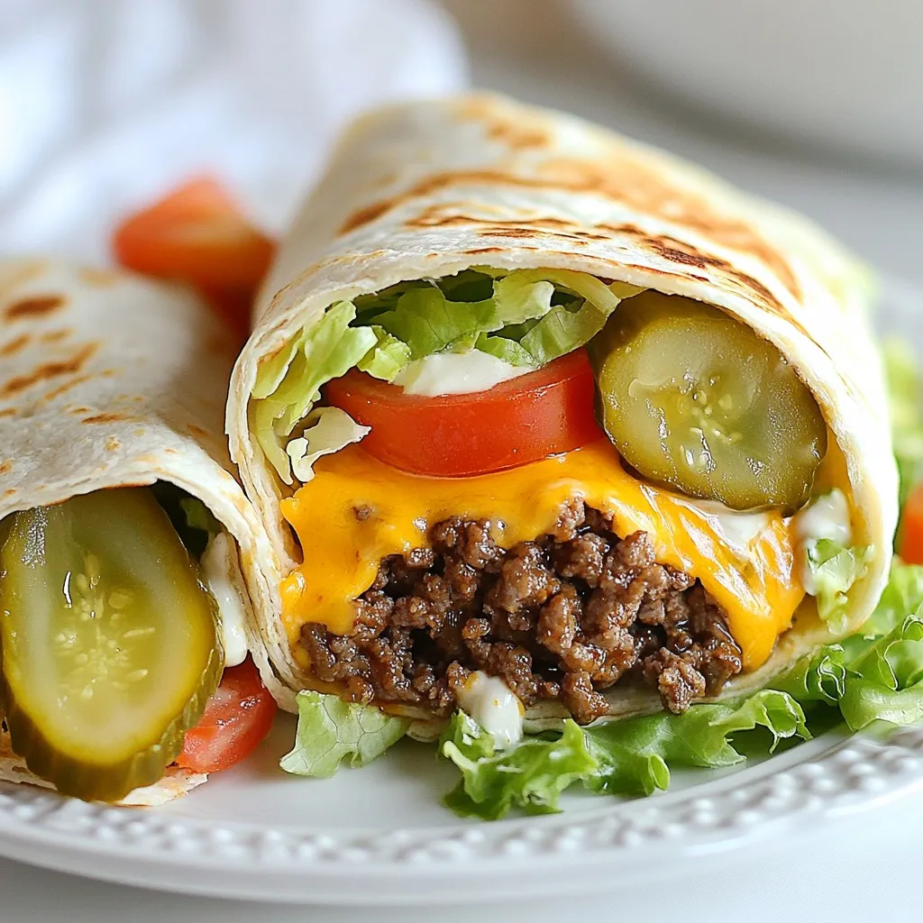 - 1 lb ground beef - 4 large tortilla wraps - 1 tablespoon mustard - 1 tablespoon ketchup - 1 tablespoon mayonnaise - 1 tablespoon relish Big Mac Wraps start with ground beef. I use one pound of this flavorful meat for the base. Next, I grab four large tortilla wraps. These wraps hold all the tasty fillings together. Then, I make the special sauce. It includes mustard, ketchup, mayonnaise, and relish. This sauce gives the wraps their delicious taste. - 1 tablespoon onion powder - 1 teaspoon garlic powder - 1 cup shredded iceberg lettuce - 1 cup shredded cheddar cheese - 1 large tomato, sliced - Salt and pepper to taste The seasoning makes all the difference. I add one tablespoon of onion powder and one teaspoon of garlic powder to the beef. This adds great flavor. I also include salt and pepper to taste. For fresh crunch, I use one cup of shredded iceberg lettuce and one cup of shredded cheddar cheese. Sliced tomatoes add a juicy touch. - Dill pickle slices - Additional toppings or sauces For extra flavor, I add dill pickle slices. These give a nice crunch. You can also choose other toppings or sauces. Think about your favorites and get creative! {{ingredient_image_1}} To start, heat a skillet over medium heat. Add 1 pound of ground beef. Cook it until it turns brown. Use a spatula to break the beef into smaller pieces. Make sure to drain any extra fat. This keeps your wraps from getting soggy. Next, add flavor! Sprinkle in 1 tablespoon of onion powder and 1 teaspoon of garlic powder. Season with salt and pepper to taste. Also, add 1 tablespoon of mustard and 1 tablespoon of ketchup. Stir everything well and cook for another 2-3 minutes. This helps the spices mix into the beef. Now, let’s make the special sauce! Grab a small bowl. Mix together 1 tablespoon of mayonnaise and 1 tablespoon of relish. Blend them well until smooth. This sauce gives the wraps that classic Big Mac taste. It’s time to build your wraps! First, warm 4 large tortilla wraps in a dry skillet or microwave. Heat them for about 20 seconds. This makes them soft and easy to roll. On each tortilla, spread a tablespoon of the special sauce in the center. Next, add a generous scoop of the seasoned beef. Top it with shredded iceberg lettuce, sliced tomatoes, and shredded cheddar cheese. For extra crunch, you can add dill pickle slices on top. Now, let’s fold! Fold the sides of the tortilla inward. Then, roll from the bottom up to form a tight wrap. If you want a crispy finish, grill the wraps seam-side down in the skillet for 2-3 minutes. This gives them a nice golden brown color. Finally, slice each wrap in half. Serve them with extra special sauce on the side for dipping. Enjoy your tasty Big Mac Wraps! To get the best texture for your beef, break it up well as it cooks. Use a spatula to chop the meat into small pieces. This helps it brown evenly. Cook it until it is just right—about 8 minutes. For flavor, add onion powder and garlic powder. These spices boost the taste. Try adding a pinch of smoked paprika for a smoky kick. It enhances the beef flavor and makes each bite special. Proper folding is key to a great wrap. Start by warming your tortillas. This makes them easy to fold. Place your ingredients in the center. Fold the sides inward first, then roll from the bottom up. This keeps everything inside. Grilling the wraps makes them crispy and adds a nice texture. Grill them seam-side down for 2-3 minutes. Check that they are golden brown before serving. Big Mac Wraps are perfect with sides. Try serving them with crispy fries or a fresh salad. They pair well with a cold soda or iced tea. For a fun twist, add some chips on the side. You can also serve extra special sauce for dipping. This adds a tasty touch and makes the meal even more fun. Enjoy your wraps with friends or family for a tasty treat! Pro Tips Use Fresh Ingredients: Fresh lettuce, ripe tomatoes, and high-quality cheese elevate the flavor of your wraps. Customize Your Sauce: Feel free to add a pinch of hot sauce or a dash of Worcestershire sauce to the special sauce for an extra kick. Warm the Tortillas: Warming the tortillas makes them more pliable and easier to roll without tearing. Grilling for Texture: Grilling the wraps after assembling adds a delightful crunch and enhances the overall flavor. {{image_2}} You can switch it up with vegetarian options. Try using black beans or lentils. These add protein and taste great with the special sauce. You can also use plant-based meat for a similar flavor. For different protein choices, think about chicken or turkey. Season the meat like the beef in the original recipe. You can even try a mix of proteins for extra flavor. To jazz up your Big Mac Wrap, add spices or different sauces. A dash of cayenne pepper gives it heat. You might try BBQ sauce for a smoky twist. Experiment with sriracha for a spicy kick, or ranch for a creamy touch. You can also mix herbs like basil or cilantro into the meat. Fresh herbs add a burst of flavor and freshness. Mini wraps are perfect for appetizers. Use small tortillas or cut larger ones into smaller pieces. These mini wraps are fun for parties or game days. For style, try different types of tortillas. Spinach or whole wheat tortillas add color and nutrients. You can even use a low-carb wrap for a healthier option. Enjoy making these wraps your own! To keep your Big Mac Wrap ingredients fresh, store each item separately. Use airtight containers. Here’s how: - Ground Beef: Once cooked, let it cool. Store in a container. Keep in the fridge for up to 3 days. - Tortilla Wraps: Place in a zip-top bag. Keep them in a cool, dry place. Use within a week for best taste. - Veggies: Store shredded lettuce and sliced tomatoes in separate containers. Use within 2-3 days. This keeps them crisp and fresh. - Cheese: Keep shredded cheese in its original bag or a sealed container. It stays fresh for about a week. To store finished Big Mac Wraps, wrap each one in foil or plastic wrap. This prevents them from drying out. Place them in the fridge, where they can last for 2-3 days. For reheating, unwrap the wrap and place it in a skillet over medium heat. Heat for 2-3 minutes on each side until warm. You can also use the microwave. Heat on high for 30 seconds, then check if it's warm. Add more time if needed. Yes, you can freeze Big Mac Wraps! This is great for meal prep. To freeze, wrap each wrap tightly in plastic wrap. Then, place them in a freezer-safe bag. They can last up to 3 months. When ready to eat, thaw them overnight in the fridge. Reheat them in a skillet or microwave. Enjoy your tasty wraps anytime! Big Mac Wraps are a fun twist on the classic Big Mac burger. Instead of a bun, we use a tortilla wrap. This wrap holds the same tasty ingredients: seasoned beef, lettuce, cheese, and special sauce. You can enjoy all the flavors of a Big Mac in a portable form. The wrap is easier to eat and less messy than a traditional burger. A Big Mac Wrap has about 450 calories. This number can change based on what you add. The main ingredients include ground beef, cheese, and sauce. Each wrap gives a good mix of protein and carbs, making it a filling meal. If you want to cut calories, skip the cheese or use less sauce. Absolutely! You can change up the ingredients to suit your taste. Try adding different veggies like peppers or onions. You can also swap beef for chicken or a meat substitute. Want extra crunch? Add dill pickle slices on top. When ordering at a restaurant, ask for your preferred toppings to make it truly yours. This article covered how to make tasty Big Mac Wraps. We explored the main ingredients, seasonings, and optional add-ins. I shared easy step-by-step cooking methods, tips for great wraps, and variations to try. Don’t forget about storage tricks for leftovers, too. These wraps offer fun ways to enjoy a classic meal. You can customize them to fit your taste. Enjoy crafting your Big Mac Wraps and make them your own!
