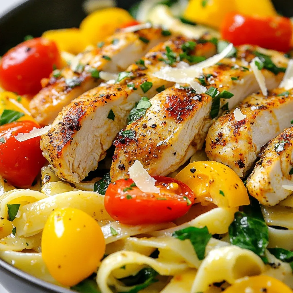 You need two boneless, skinless chicken breasts. Slice them into strips for easy cooking. Next, use two tablespoons of Cajun seasoning. This spice mix gives the dish a bold kick. Toss the chicken strips with the seasoning until they are well coated. This step is key to a flavorful meal. For the pasta, I prefer eight ounces of fettuccine. Cook it according to the package instructions until it's al dente. You will also need one cup of heavy cream. This makes the sauce rich and creamy. Chop up one cup of cherry tomatoes and set them aside. Use a bell pepper, either red or yellow, and slice it. Dice one small onion and mince two cloves of garlic. These veggies add color and taste. Lastly, grab one cup of spinach leaves. They wilt nicely into the sauce. For garnishing, have fresh parsley ready and some grated Parmesan cheese. These add a tasty finish to your dish. {{ingredient_image_1}} Start by slicing the chicken breasts into strips. Take a bowl and add the Cajun seasoning. Toss the chicken in the bowl until it is well-coated. This adds a great flavor to your dish. Next, fill a large pot with water and add a pinch of salt. Bring the water to a boil. Once it boils, add the fettuccine pasta. Cook it according to the package instructions until it's al dente. After cooking, drain the pasta and set it aside. Now, grab a large skillet and heat 2 tablespoons of olive oil over medium-high heat. Once hot, add the seasoned chicken strips. Cook them for about 5-6 minutes. Make sure they are browned and cooked through. Remove the chicken from the skillet and set it aside. In the same skillet, add one more tablespoon of olive oil. Toss in the diced onion, sliced bell pepper, and minced garlic. Sauté these veggies for about 3-4 minutes until they soften. This will bring out their natural sweetness. After the veggies are soft, lower the heat to medium-low. Pour in the heavy cream and mix it well. Add the halved cherry tomatoes and spinach. Cook for about 2 minutes until the spinach wilts. Now, return the chicken to the skillet. Add the cooked fettuccine and gently toss everything together. Make sure the pasta is well-coated with the creamy sauce. Season with salt and pepper to taste. Your Cajun chicken pasta is now ready to enjoy! To make your Cajun chicken pop, focus on the seasoning. Use two tablespoons of Cajun seasoning for two chicken breasts. Coat the chicken strips well. You want every bite to have flavor. If you like more heat, add a pinch of cayenne pepper. Taste as you go to find your perfect balance. Cooking pasta correctly is key for texture. Bring a large pot of salted water to a boil. Add the fettuccine and cook until al dente, about 8 to 10 minutes. Al dente means the pasta should be firm, not mushy. Drain the pasta and set it aside but don’t rinse it. This keeps the starch that helps the sauce cling. If you have leftovers, store them right to keep them fresh. Let the pasta cool down first. Then, place it in an airtight container. It will last in the fridge for up to three days. To reheat, use a skillet over low heat with a splash of cream to revive the sauce. Enjoy your meal again without losing flavor! Pro Tips Perfectly Cooked Pasta: Always cook pasta until al dente for the best texture. It will continue to cook slightly when mixed with the sauce. Customize Your Spice Level: Adjust the amount of Cajun seasoning to suit your preference. For a milder dish, reduce the seasoning or use a milder blend. Fresh Ingredients Matter: Use fresh vegetables and herbs when possible for the best flavor. Fresh spinach and ripe tomatoes make a significant difference. Let It Rest: After cooking, let the dish rest for a few minutes before serving. This helps the flavors meld together. {{image_2}} You can swap out chicken for many proteins. Shrimp works well. Just add them to the skillet after the veggies. Cook until they turn pink. You can also use sausage for a heartier dish. Slice it up and sauté it with the chicken. For a lighter option, try using tofu. It soaks up flavors well. If you want a meatless dish, make some easy swaps. Use mushrooms instead of chicken for a savory taste. Zucchini noodles can replace pasta for a low-carb meal. You can add extra veggies like bell peppers and carrots to give it a boost. Spinach and cherry tomatoes still fit perfectly in this mix. The cream sauce can change based on your taste. For a tangy kick, add lemon juice and zest. A touch of garlic powder can enhance the flavor too. If you want a smoky taste, smoked paprika is a great choice. For a lighter sauce, use half-and-half instead of heavy cream. This keeps the dish creamy but not too rich. Store any leftover Cajun chicken pasta in an airtight container. This keeps it fresh and safe to eat. You can refrigerate it for up to three days. When ready to eat, check for any changes in smell or color. If everything looks good, it's ready to go! You can freeze Cajun chicken pasta for longer storage. First, let the pasta cool completely. Then, place it in a freezer-safe container or bag. Remove as much air as possible to prevent freezer burn. It will last up to three months in the freezer. When you're ready to enjoy it, thaw overnight in the fridge. Reheat the pasta on the stovetop for the best taste. Add a splash of cream or water to keep it moist. Heat over medium-low, stirring often until warmed through. You can also use the microwave. Place it in a microwave-safe bowl and cover with a damp paper towel. Heat in 30-second intervals, stirring in between, until hot. Enjoy your meal just like the first time! Yes, you can make Cajun chicken pasta ahead of time. Cook it, cool it, and store it in the fridge. Just keep the sauce and pasta separate until you heat it up again. This helps keep the pasta from getting mushy. When you want to eat, reheat it on the stove or in the microwave. Add a splash of cream to bring back the sauce's richness. If you want a lighter option, use half-and-half instead of heavy cream. You can also use coconut milk for a dairy-free choice. Another option is to blend silken tofu with a little water for a smooth texture. Each option changes the flavor slightly, so pick what suits your taste. To tone down the heat, use less Cajun seasoning. You can also add more cream or milk to balance the spice. Adding sweet bell peppers or tomatoes can help, too. They add sweetness and reduce the spicy taste. Enjoy your meal without the burn! Cajun Chicken Pasta combines savory chicken, flavorful spices, and rich cream. You learned how to prepare it step-by-step and master key tips. Remember to store leftovers well for later meals. Feel free to get creative with proteins or make it vegetarian. Enjoy your cooking and taste this delight!