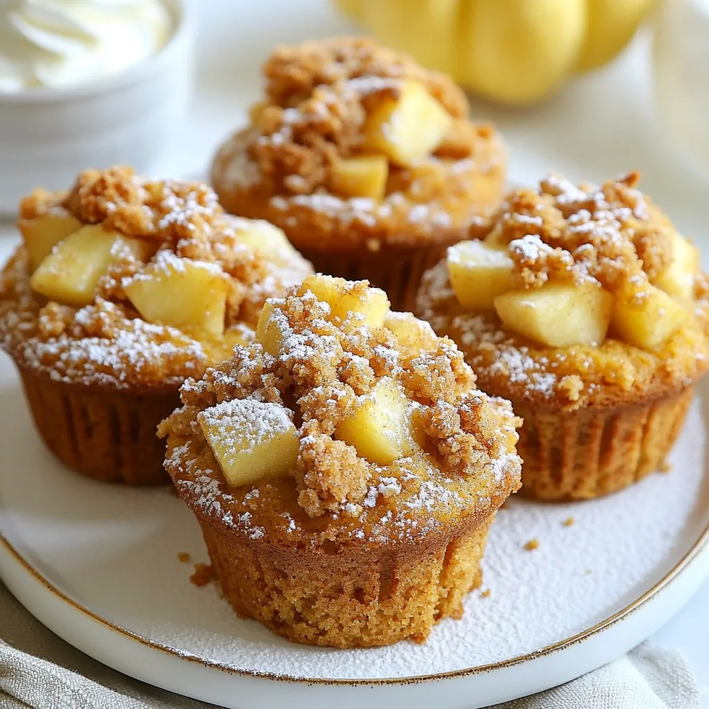 To make these delightful Apple Pumpkin Streusel Muffins, you need the following main ingredients: - 1 cup pumpkin puree - 1 cup apples, peeled and diced - 2 cups all-purpose flour - 1 teaspoon baking powder - 1 teaspoon baking soda - ½ teaspoon salt - 2 teaspoons ground cinnamon - ½ teaspoon ground nutmeg - 1 cup granulated sugar - ½ cup brown sugar, packed - 2 large eggs - ½ cup vegetable oil - ½ cup milk - 1 teaspoon vanilla extract If you need substitutes, here are some ideas: - You can use unsweetened applesauce instead of pumpkin puree for a lighter muffin. - Swap the all-purpose flour with a gluten-free blend to make it gluten-free. - For a dairy-free option, use almond milk instead of regular milk. For the tasty streusel topping, gather these ingredients: - ½ cup rolled oats - ½ cup all-purpose flour - ¼ cup brown sugar, packed - ½ teaspoon ground cinnamon - ¼ cup cold butter, cubed You can make the streusel topping ahead of time. Just mix the ingredients and store them in the fridge. This way, when you are ready to bake, it will be ready to sprinkle right on top of your muffins. {{ingredient_image_1}} First, preheat your oven to 375°F (190°C). This step is key for even baking. While the oven heats, prepare your muffin tin. You can either line it with paper liners or grease it with butter. Greasing helps the muffins come out easily after baking. For the streusel topping, grab a medium bowl. Combine ½ cup rolled oats, ½ cup all-purpose flour, ¼ cup brown sugar, and ½ teaspoon ground cinnamon. Mixing these ingredients gives the topping a nice flavor. Next, add ¼ cup of cold butter, cubed. Use your fingers or a pastry cutter to mix until it looks like coarse crumbs. This texture adds crunch to your muffins. Now, let's make the muffin batter. In a large bowl, whisk together 2 cups all-purpose flour, 1 teaspoon baking powder, 1 teaspoon baking soda, ½ teaspoon salt, 2 teaspoons ground cinnamon, and ½ teaspoon ground nutmeg. This mixture makes the muffins rise and taste great. In another bowl, beat together 1 cup granulated sugar, ½ cup packed brown sugar, 2 large eggs, ½ cup vegetable oil, ½ cup milk, 1 cup pumpkin puree, and 1 teaspoon vanilla extract. This mix creates a moist batter. After it’s well combined, pour the wet ingredients into the dry ingredients. Gently fold until just combined. Finally, add in the 1 cup diced apples for sweetness and texture. Using a spoon or an ice cream scoop, fill each muffin cup about ¾ full with the batter. This gives them space to rise. Next, generously sprinkle the streusel topping over each muffin. The streusel will bake into a nice, crunchy layer. Bake your muffins in the preheated oven for 18-20 minutes. To check if they are done, insert a toothpick into the center of a muffin. If it comes out clean, they are ready. Once done, remove the muffins from the oven and let them cool in the pan for about 5 minutes. After that, transfer them to a wire rack to cool completely. Enjoy the warm, delicious smell as they cool! To get the best texture for your Apple Pumpkin Streusel Muffins, follow these steps: - Use room temperature ingredients: This helps create a smooth batter. - Mix gently: Fold wet and dry ingredients until just combined. Over-mixing makes muffins tough. - Check your oven: Every oven is different. Use an oven thermometer to ensure accurate temperature. Measuring ingredients accurately is key. Use a kitchen scale for precise measurements. For dry ingredients like flour, spoon it into a cup and level it off with a knife. This prevents packing, which can make your muffins dense. Serve your muffins warm for the best flavor. Dust them with powdered sugar for a sweet touch. Pair them with a small bowl of whipped cream or sliced apples. This adds freshness and a nice contrast to the rich muffins. For drinks, try serving these muffins with apple cider or a spiced latte. The warm flavors complement each other perfectly. To keep your muffins fresh, store them in an airtight container at room temperature. This helps maintain moisture and flavor. If you need to store them longer, consider freezing them. Wrap each muffin in plastic wrap and place them in a freezer bag. This keeps them fresh for up to three months. When you’re ready to enjoy, just thaw them at room temperature or warm them in the oven. Pro Tips Use Fresh Ingredients: For the best flavor and texture, use fresh, seasonal apples and high-quality pumpkin puree. Don’t Overmix: When combining wet and dry ingredients, mix until just combined to ensure your muffins remain light and fluffy. Cool Before Serving: Allow the muffins to cool slightly before serving to enhance their flavor and texture. Experiment with Spices: Feel free to adjust the spices according to your taste; adding ginger or cloves can give a nice twist to the flavor. {{image_2}} You can easily change the flavors in your Apple Pumpkin Streusel Muffins. Adding nuts like walnuts or pecans gives a nice crunch. Chopped nuts blend well with the soft muffin. They add a nutty flavor that complements the pumpkin. If you want a sweet twist, try adding chocolate chips or dried fruit. Chocolate chips melt and create gooey pockets of goodness. Dried fruit, like cranberries or raisins, adds a chewy texture. Both options make the muffins even more delicious. For those needing gluten-free options, replace all-purpose flour with a gluten-free blend. Almond flour or oat flour works well too. This change keeps the muffins tasty while meeting dietary needs. If you want to cut down on sugar, use substitutes like applesauce or ripe bananas. These options keep the muffins moist and sweet. You can also try using stevia or monk fruit for a healthier muffin. This way, you can enjoy a treat without the extra calories. To check if the muffins are done, use a toothpick. Insert it into the center of a muffin. If it comes out clean, they are ready. If there is batter on the toothpick, bake for a few more minutes and test again. This simple method helps ensure perfect muffins every time. Yes, you can make these muffins ahead of time. Allow them to cool completely after baking. Then, store them in an airtight container at room temperature for up to 2 days. For longer storage, wrap them in plastic and freeze. Just thaw before serving. You can use both fresh and canned pumpkin for these muffins. Canned pumpkin is convenient and consistent in texture. Fresh pumpkin gives a richer flavor but requires more work. If using fresh, roast and puree it first for the best results. Both options lead to delicious muffins. For a crispier streusel, use cold butter and mix it well with dry ingredients. Ensure the mixture looks like coarse crumbs. You can also bake the muffins a bit longer, but check frequently to avoid burning. Adding nuts can also enhance the crunchiness of the topping. After baking, you can add a dusting of powdered sugar for sweetness. A drizzle of caramel sauce adds richness. Consider serving with whipped cream or a scoop of vanilla ice cream for extra flavor. Chopped nuts or a sprinkle of cinnamon can also enhance the muffins’ taste. These muffins are packed with great flavors and textures. We covered key ingredients like pumpkin, apples, and spices. You learned how to prep the oven and muffin tin. Making the streusel topping was also simple. With tips for perfect results and fun variations, you can customize your muffins. Proper storage methods ensure they stay fresh. Enjoy baking these delicious treats, and experiment with your own ideas to make them even better.
