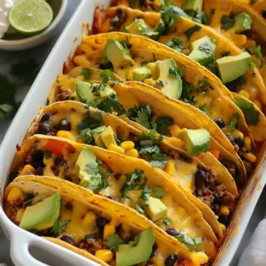 The key to great Oven Baked Cheesy Tacos is fresh, flavorful ingredients. Here’s what you need: - 12 soft corn tortillas - 1 pound ground beef (or substitute with ground turkey or plant-based meat) - 1 tablespoon taco seasoning - 1 cup black beans, drained and rinsed - 1 cup corn, frozen or canned - 2 cups shredded cheddar cheese - 1 cup salsa - 1 avocado, diced - 1 cup sour cream - Fresh cilantro, chopped (for garnish) - Lime wedges (for serving) Each ingredient plays a role in creating a tasty dish. The ground beef provides a hearty base. Taco seasoning adds that classic flavor we all love. Black beans and corn give it extra texture and nutrition. The cheese melts beautifully, making every bite creamy. Salsa brings a zesty kick, while avocado and sour cream add freshness. Finally, cilantro and lime brighten up the dish. Mix and match these ingredients based on your preference. You can easily swap the meat or adjust the toppings. This flexibility makes it perfect for everyone in the family. Enjoy gathering these ingredients and get ready for a fun cooking experience! {{ingredient_image_1}} 1. Preheat the oven and prepare the baking dish. Set your oven to 375°F (190°C). While it heats, spray a 9x13 inch baking dish with cooking spray. This keeps the tacos from sticking. 2. Cook the ground beef until browned. In a large skillet, add 1 pound of ground beef. Cook it over medium heat. Break it apart with a spoon as it cooks. This should take about 5-7 minutes. 3. Mix in taco seasoning, black beans, and corn. Once the beef is browned, stir in 1 tablespoon of taco seasoning, 1 cup of black beans, and 1 cup of corn. Cook everything for an extra 2-3 minutes. This helps all the flavors blend nicely. 1. Assemble tortillas and meat mixture in the baking dish. Start by placing the soft corn tortillas on the bottom of the dish. Overlap them slightly. This forms a solid base for your tacos. 2. Repeat the layering process with remaining ingredients. Spoon the meat mixture evenly over the tortillas. Then, pour 1 cup of salsa on top. Sprinkle half of the 2 cups of shredded cheddar cheese over this layer. - Add another layer of tortillas, followed by more meat mixture, salsa, and cheese. Repeat until all ingredients are used. Make sure the top layer is tortillas with the rest of the cheese on top. 1. Cover and bake. Use aluminum foil to cover the baking dish. Bake in the oven for 25 minutes. 2. Remove foil and finish baking. After 25 minutes, take off the foil. Bake for another 10-15 minutes. Look for bubbly, lightly golden cheese. 3. Cooling and topping before serving. After baking, let the dish cool for 5 minutes. Top with diced avocado and fresh cilantro. This adds flavor and color. Serve with sour cream and lime wedges on the side for extra zing! To make your cheesy tacos really shine, choose the right cheese. I love using sharp cheddar because it adds a rich flavor. You can also mix in Monterey Jack for extra creaminess. To achieve that golden cheesy crust, sprinkle the cheese evenly. When baking, make sure to cover the dish with foil for part of the time. This helps the cheese melt nicely. Remove the foil for the last few minutes. Let the cheese bubble and turn golden. Adjusting taco seasoning can help match your heat preference. Start with one tablespoon and taste the mix. If you want more heat, add a little cayenne or chili powder. You can also add spicy elements. Diced jalapeños or a splash of hot sauce can kick the flavor up a notch. Just make sure to ask your family how hot they like it! These tacos are great with sides! I recommend serving them with a fresh salad or Mexican rice. Guacamole also pairs well for extra creaminess. For drinks, try a cold soda or a fruity mocktail. A light beer can also complement the flavors nicely. Enjoy your meal with family and friends! Pro Tips Use Fresh Ingredients: Opt for fresh vegetables and herbs for garnish, as they enhance the flavors and presentation of your dish. Customize Your Fillings: Feel free to add additional ingredients like jalapeños, black olives, or bell peppers to the meat mixture for a personalized touch. Experiment with Cheese: Try mixing different types of cheese, such as Monterey Jack or pepper jack, for a unique flavor profile. Let It Rest: Allow the dish to cool for a few minutes after baking to help the layers set, making it easier to serve. {{image_2}} You can swap the ground beef for ground turkey. Turkey is leaner and adds a lighter taste. If you want a plant-based option, use plant-based meat. It gives you the same texture without meat. You can also try chicken or pork for a different flavor. Each protein adds its own twist to the dish. For a vegetarian version, skip the meat and use beans. Black beans work great here. They add protein and fiber. You can also add veggies like bell peppers or zucchini. These add color and crunch. For a vegan option, use plant-based sour cream and cheese. This way, everyone can enjoy these tasty tacos. While soft corn tortillas are excellent, try hard taco shells for a crunchier bite. Hard shells hold fillings well, making them fun to eat. You can also explore different tortilla types. Whole wheat tortillas add fiber and nutrients. If you need gluten-free options, look for gluten-free tortillas. They keep the taco experience delicious and safe for everyone. Store any leftover cheesy tacos in an airtight container. This keeps them fresh. You can refrigerate them for up to three days. When you’re ready to eat, just take them out. If they smell good and look fine, they should be safe to eat. To freeze your tasty tacos, let them cool first. Then, wrap them tightly in plastic wrap. Place the wrapped tacos in a freezer bag. Make sure to squeeze out all the air. They can stay in the freezer for up to three months. When you want to eat them, thaw them in the fridge overnight. For reheating, use the oven for the best results. Preheat the oven to 350°F (175°C). Place the tacos in a baking dish. Cover them with foil to keep them moist. Bake for 15 to 20 minutes. This way, they stay warm and tasty. To avoid sogginess, do not add extra sauce before reheating. Enjoy your cheesy tacos just like when they were fresh! Yes, you can make these tacos ahead of time. Prepare the meat mixture and layer the tacos in the baking dish. Cover the dish with plastic wrap and store it in the fridge. You can bake them the next day. Just add a few extra minutes to the baking time. This method saves time and makes dinner easy. To make these tacos gluten-free, choose soft corn tortillas. Many brands offer gluten-free options. Always check the label to ensure they meet your needs. You can also use lettuce wraps for a fresh twist. This option is low in carbs and gluten-free. If you want heat, add diced jalapeños to the meat mix. You can also use spicy taco seasoning. For more flavor, try adding a splash of hot sauce to the salsa. You can even sprinkle crushed red pepper flakes on top before serving. Adjust the spice to fit your taste! Oven-baked cheesy tacos are simple and fun to make. You learned about tasty ingredients, how to cook them, and the best ways to serve. I shared tips to customize your tacos and keep leftovers fresh. With different meat options and storage tips, you can enjoy these tacos anytime. Now, get creative and make them your own! Experiment with flavors and enjoy this dish with friends and family. Tacos are perfect for any occasion.