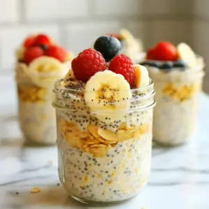 To make high protein overnight oats, you need a few key items: - 1 cup rolled oats - 1 cup almond milk (or any milk of your choice) - 1 scoop vanilla protein powder - 1 tablespoon chia seeds - 1 tablespoon natural peanut butter (or almond butter) - 1 tablespoon maple syrup (or honey) - ½ teaspoon cinnamon - 1 small banana, sliced - Fresh berries (strawberries, blueberries, or raspberries) for topping These ingredients work together to create a tasty and filling meal. The oats provide fiber. The protein powder and nut butter add protein and healthy fat. Chia seeds offer extra nutrition and help with texture. High protein ingredients like protein powder and nut butter are great for energy. Protein helps build muscles and keeps you full. Choosing a good protein powder can make a big difference. Look for one with no added sugars. Nut butters like peanut or almond are also tasty. They add creaminess and a rich flavor. Plus, they give you healthy fats. This mix makes your breakfast not only delicious but also nutritious. Toppings can make your oats even better. Fresh berries add color and sweetness. Strawberries, blueberries, and raspberries are all great choices. They add vitamins and antioxidants. You can also sprinkle extra chia seeds on top. This adds a nice crunch and boosts fiber. A drizzle of honey or maple syrup can sweeten it up. Just a little makes a big difference in taste. These toppings turn a simple dish into a gourmet breakfast! {{ingredient_image_1}} To start, gather all your ingredients. You will need: - 1 cup rolled oats - 1 cup almond milk (or any milk of your choice) - 1 scoop vanilla protein powder - 1 tablespoon chia seeds - 1 tablespoon natural peanut butter (or almond butter) - 1 tablespoon maple syrup (or honey) - ½ teaspoon cinnamon - 1 small banana, sliced - Fresh berries (strawberries, blueberries, or raspberries) for topping In a large mixing bowl, add the rolled oats, almond milk, protein powder, chia seeds, peanut butter, maple syrup, and cinnamon. Mix these well. Make sure everything blends together smoothly. Next, divide your oat mixture into two jars or containers. I like using mason jars; they look great! Add the sliced banana to each jar. Press the banana slices gently under the oat mixture. This helps the banana flavor infuse into the oats. Now, cover the jars with lids or plastic wrap. Place them in the fridge overnight. This soaking time is key. It lets the oats soften and absorb the flavors. In the morning, stir the oats well. If they seem too thick, add a splash of almond milk. Top with fresh berries before serving. They add color and more nutrition! Enjoy your delicious and filling breakfast. To make high protein overnight oats, start with a big bowl. Add rolled oats, almond milk, and protein powder. Then, mix in chia seeds, peanut butter, maple syrup, and cinnamon. Stir until everything blends well. This step is key. A good mix helps the oats soak up flavors. For creamy oats, focus on the milk. You can add more almond milk if needed. Stirring before serving also helps. If the oats are too thick, a splash of milk fixes that. Each jar should feel soft and moist, not dry. The right texture makes your meal enjoyable. Make your oats unique by adding your favorite fruits or nuts. You can swap bananas for apples or add nuts for crunch. If you love chocolate, use cocoa powder or chocolate protein powder. Try different sweeteners like honey or agave syrup. This way, each bowl feels special and fits your taste. Pro Tips Customize Your Milk: Experiment with different types of milk like coconut or oat milk for varied flavors and creaminess. Protein Powder Variations: Try different flavors of protein powder, such as chocolate or strawberry, to change the taste profile of your oats. Chia Seed Benefits: Soaking chia seeds overnight enhances their nutritional benefits and improves the texture of your oats. Make It a Meal Prep Star: Prepare multiple jars at once and store them in the fridge for easy, healthy breakfasts throughout the week. {{image_2}} You can use many types of protein powder in your oats. Choose whey protein for a creamy texture and a nice taste. Plant-based options like pea or soy protein work great too. If you prefer a low-carb diet, try collagen powder. Each type adds unique flavors and benefits. Mixing different powders can keep your oats exciting. To boost flavor, add spices or extracts. A splash of vanilla or almond extract can make a big difference. You can also mix in cocoa powder for a chocolate kick. For extra sweetness, try maple syrup or honey. Nuts and seeds, like walnuts or pumpkin seeds, can add crunch and nutrients too. Seasonal fruits make your oats fresh and fun. In spring, add strawberries or cherries for a burst of color. Summer is perfect for blueberries and peaches. Fall calls for apples and pears, while winter is great for citrus fruits. Don’t forget to toss in some nuts! Almonds, pecans, or walnuts add flavor and health benefits. To store your high protein overnight oats, use a glass jar or a plastic container. Make sure to cover it well with a lid or plastic wrap. This keeps the oats fresh and stops them from drying out. It’s best to store them in the fridge. Your oats can last in the fridge for up to five days. If you want to freeze them, do it before adding fresh fruit. The oats can stay frozen for about three months. Just thaw them in the fridge overnight before eating. If you prefer warm oats, just heat them in the microwave. Stir them well and add a splash of almond milk for creaminess. Serve with fresh berries on top for a tasty finish. Enjoy your meal in style by using mason jars! Yes, you can use any milk you like. Almond milk is great, but try oat, soy, or coconut milk too. Each adds a different flavor. Feel free to experiment until you find your favorite! To make your oats gluten-free, choose certified gluten-free rolled oats. Many oats contain gluten due to cross-contamination. Always check the labels to ensure they are safe for your diet. High protein breakfasts help keep you full longer. They can boost energy levels and aid in muscle repair. Eating protein in the morning may also help with weight management by reducing cravings later. Overnight oats last about 3 to 5 days in the fridge. Store them in airtight containers to keep them fresh. Just remember, the longer they sit, the softer they become. Yes, you can skip the protein powder. Use extra nut butter or yogurt for added protein instead. You can also add seeds like hemp or sunflower seeds to enhance nutrition. High protein overnight oats are easy to make and tasty to eat. We covered essential ingredients, preparation, and storage tips. You can personalize your oats with various toppings and flavors. Experiment with types of protein powder and seasonal fruits for new tastes. Remember, these oats are convenient for busy mornings. With the right mix, you can create a quick, healthy meal. Enjoy your creation and feel good knowing you’ve made a smart choice for breakfast.