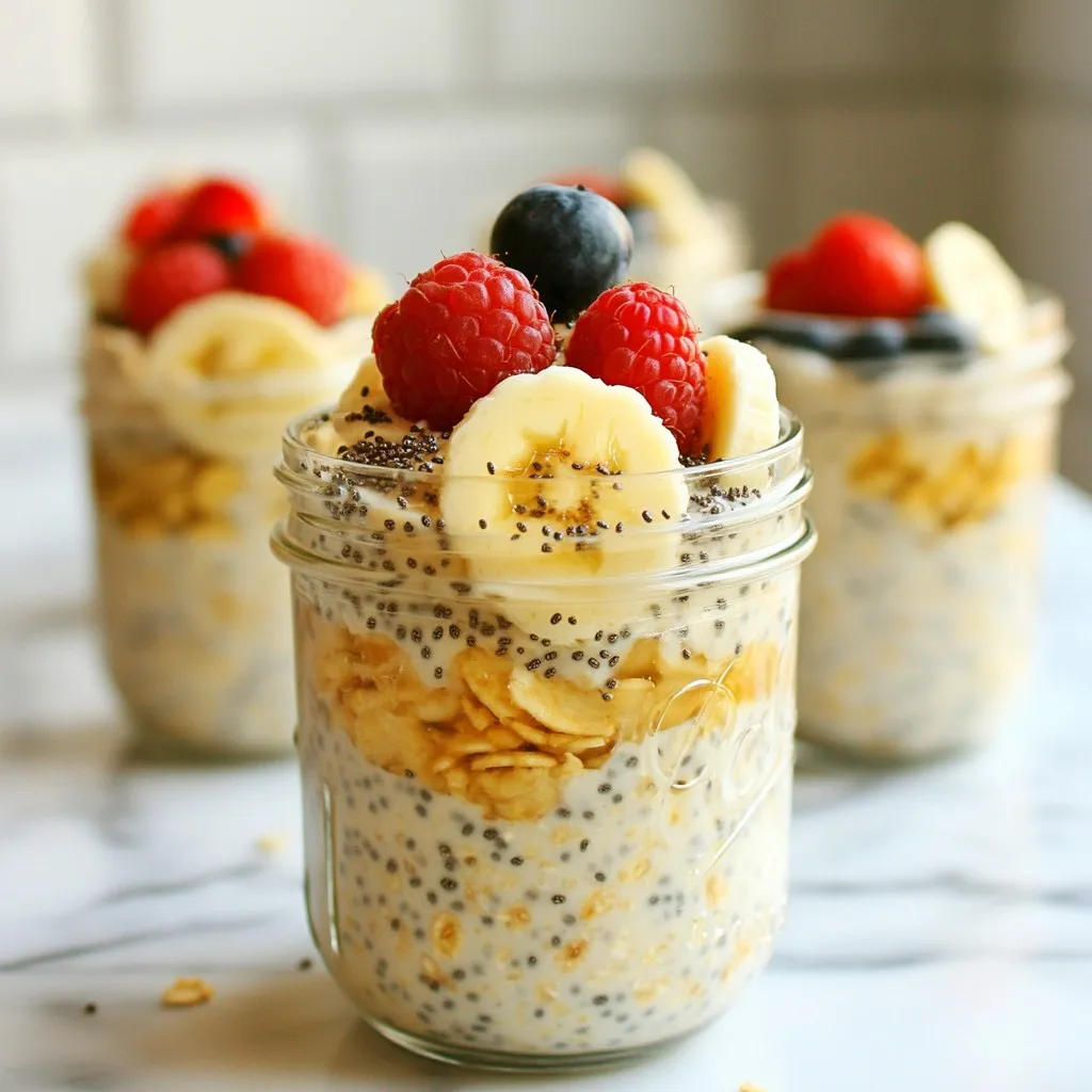 To make high protein overnight oats, you need a few key items: - 1 cup rolled oats - 1 cup almond milk (or any milk of your choice) - 1 scoop vanilla protein powder - 1 tablespoon chia seeds - 1 tablespoon natural peanut butter (or almond butter) - 1 tablespoon maple syrup (or honey) - ½ teaspoon cinnamon - 1 small banana, sliced - Fresh berries (strawberries, blueberries, or raspberries) for topping These ingredients work together to create a tasty and filling meal. The oats provide fiber. The protein powder and nut butter add protein and healthy fat. Chia seeds offer extra nutrition and help with texture. High protein ingredients like protein powder and nut butter are great for energy. Protein helps build muscles and keeps you full. Choosing a good protein powder can make a big difference. Look for one with no added sugars. Nut butters like peanut or almond are also tasty. They add creaminess and a rich flavor. Plus, they give you healthy fats. This mix makes your breakfast not only delicious but also nutritious. Toppings can make your oats even better. Fresh berries add color and sweetness. Strawberries, blueberries, and raspberries are all great choices. They add vitamins and antioxidants. You can also sprinkle extra chia seeds on top. This adds a nice crunch and boosts fiber. A drizzle of honey or maple syrup can sweeten it up. Just a little makes a big difference in taste. These toppings turn a simple dish into a gourmet breakfast! {{ingredient_image_1}} To start, gather all your ingredients. You will need: - 1 cup rolled oats - 1 cup almond milk (or any milk of your choice) - 1 scoop vanilla protein powder - 1 tablespoon chia seeds - 1 tablespoon natural peanut butter (or almond butter) - 1 tablespoon maple syrup (or honey) - ½ teaspoon cinnamon - 1 small banana, sliced - Fresh berries (strawberries, blueberries, or raspberries) for topping In a large mixing bowl, add the rolled oats, almond milk, protein powder, chia seeds, peanut butter, maple syrup, and cinnamon. Mix these well. Make sure everything blends together smoothly. Next, divide your oat mixture into two jars or containers. I like using mason jars; they look great! Add the sliced banana to each jar. Press the banana slices gently under the oat mixture. This helps the banana flavor infuse into the oats. Now, cover the jars with lids or plastic wrap. Place them in the fridge overnight. This soaking time is key. It lets the oats soften and absorb the flavors. In the morning, stir the oats well. If they seem too thick, add a splash of almond milk. Top with fresh berries before serving. They add color and more nutrition! Enjoy your delicious and filling breakfast. To make high protein overnight oats, start with a big bowl. Add rolled oats, almond milk, and protein powder. Then, mix in chia seeds, peanut butter, maple syrup, and cinnamon. Stir until everything blends well. This step is key. A good mix helps the oats soak up flavors. For creamy oats, focus on the milk. You can add more almond milk if needed. Stirring before serving also helps. If the oats are too thick, a splash of milk fixes that. Each jar should feel soft and moist, not dry. The right texture makes your meal enjoyable. Make your oats unique by adding your favorite fruits or nuts. You can swap bananas for apples or add nuts for crunch. If you love chocolate, use cocoa powder or chocolate protein powder. Try different sweeteners like honey or agave syrup. This way, each bowl feels special and fits your taste. Pro Tips Customize Your Milk: Experiment with different types of milk like coconut or oat milk for varied flavors and creaminess. Protein Powder Variations: Try different flavors of protein powder, such as chocolate or strawberry, to change the taste profile of your oats. Chia Seed Benefits: Soaking chia seeds overnight enhances their nutritional benefits and improves the texture of your oats. Make It a Meal Prep Star: Prepare multiple jars at once and store them in the fridge for easy, healthy breakfasts throughout the week. {{image_2}} You can use many types of protein powder in your oats. Choose whey protein for a creamy texture and a nice taste. Plant-based options like pea or soy protein work great too. If you prefer a low-carb diet, try collagen powder. Each type adds unique flavors and benefits. Mixing different powders can keep your oats exciting. To boost flavor, add spices or extracts. A splash of vanilla or almond extract can make a big difference. You can also mix in cocoa powder for a chocolate kick. For extra sweetness, try maple syrup or honey. Nuts and seeds, like walnuts or pumpkin seeds, can add crunch and nutrients too. Seasonal fruits make your oats fresh and fun. In spring, add strawberries or cherries for a burst of color. Summer is perfect for blueberries and peaches. Fall calls for apples and pears, while winter is great for citrus fruits. Don’t forget to toss in some nuts! Almonds, pecans, or walnuts add flavor and health benefits. To store your high protein overnight oats, use a glass jar or a plastic container. Make sure to cover it well with a lid or plastic wrap. This keeps the oats fresh and stops them from drying out. It’s best to store them in the fridge. Your oats can last in the fridge for up to five days. If you want to freeze them, do it before adding fresh fruit. The oats can stay frozen for about three months. Just thaw them in the fridge overnight before eating. If you prefer warm oats, just heat them in the microwave. Stir them well and add a splash of almond milk for creaminess. Serve with fresh berries on top for a tasty finish. Enjoy your meal in style by using mason jars! Yes, you can use any milk you like. Almond milk is great, but try oat, soy, or coconut milk too. Each adds a different flavor. Feel free to experiment until you find your favorite! To make your oats gluten-free, choose certified gluten-free rolled oats. Many oats contain gluten due to cross-contamination. Always check the labels to ensure they are safe for your diet. High protein breakfasts help keep you full longer. They can boost energy levels and aid in muscle repair. Eating protein in the morning may also help with weight management by reducing cravings later. Overnight oats last about 3 to 5 days in the fridge. Store them in airtight containers to keep them fresh. Just remember, the longer they sit, the softer they become. Yes, you can skip the protein powder. Use extra nut butter or yogurt for added protein instead. You can also add seeds like hemp or sunflower seeds to enhance nutrition. High protein overnight oats are easy to make and tasty to eat. We covered essential ingredients, preparation, and storage tips. You can personalize your oats with various toppings and flavors. Experiment with types of protein powder and seasonal fruits for new tastes. Remember, these oats are convenient for busy mornings. With the right mix, you can create a quick, healthy meal. Enjoy your creation and feel good knowing you’ve made a smart choice for breakfast.