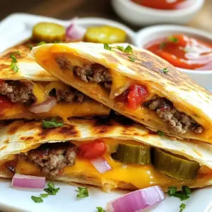 - 1 pound ground beef - 4 large flour tortillas - 1 cup shredded cheddar cheese - 1 cup shredded Monterey Jack cheese The main ingredients create the base of our smashburger quesadillas. The ground beef is the star. It brings a rich, savory flavor. The flour tortillas hold everything together. They add a nice bite. The cheese varieties melt beautifully and add creaminess. Cheddar and Monterey Jack blend well for a tasty kick. - 1/2 cup diced tomatoes - 1/4 cup pickles, diced - 1/4 cup diced red onion - 1 tablespoon onion powder - 1 tablespoon garlic powder - 1 teaspoon smoked paprika - Salt and pepper to taste Diced tomatoes and pickles add freshness and crunch. The red onion gives a bit of bite. Seasonings like onion powder, garlic powder, and smoked paprika enhance the beef’s flavor. Salt and pepper round out the taste, making every bite delicious. - 1/4 cup mayonnaise - 1 tablespoon ketchup The dipping sauce is simple yet tasty. Mixing mayonnaise and ketchup creates a creamy, tangy dip. This sauce pairs perfectly with the crispy quesadilla. It adds a nice contrast to the warm flavors. Enjoy this quick and easy dip with each bite! {{ingredient_image_1}} - In a mixing bowl, combine 1 pound ground beef with 1 tablespoon onion powder, 1 tablespoon garlic powder, 1 teaspoon smoked paprika, and salt and pepper to taste. - Mix well until everything is evenly combined. - Divide this seasoned beef into four equal parts. - Shape each part into a small, flat patty. This helps achieve that smashburger effect. - Heat a skillet over medium-high heat. - Once hot, press each patty onto the skillet. - Cook for 3-4 minutes on one side until it’s browned. - Flip and cook the other side for another 3-4 minutes. - The patties should be fully cooked through. Remove them and let them cool for a bit. - Grab a large flour tortilla. - On one half, layer 1/2 cup shredded cheddar cheese and 1 cup shredded Monterey Jack cheese. - Add one smashburger patty on top. - Sprinkle 1/2 cup diced tomatoes, 1/4 cup diced pickles, and 1/4 cup diced red onion over the patty. - Top with more cheese and fold the tortilla in half. - In the same skillet, add a little cooking oil. - Place the folded quesadilla in the skillet. - Cook for 3-4 minutes on one side until crispy and golden. - Flip it and cook the other side for another 3-4 minutes. - Remove and let cool for a minute. - Cut it into wedges and enjoy! To avoid soggy tortillas, I recommend using a small amount of oil in your skillet. Heat it until hot before adding the quesadilla. This way, the tortilla gets crispy. Use medium-high heat to achieve that perfect golden-brown color. Flip the quesadilla gently to keep all the fillings inside. Adding spices can elevate your quesadilla. Besides the onion and garlic powders, try a pinch of chili powder or cumin for a kick. For sauces, consider hot sauce for heat or barbecue sauce for sweetness. You can also add extra fillings like cooked bacon or sautéed peppers for more flavor. When cutting the quesadilla, use a sharp knife or pizza cutter. Cut it into wedges for easy serving. For visual appeal, place the wedges on a colorful plate. Add a small bowl of dipping sauce in the center. Garnish with fresh herbs like cilantro for a pop of color. Pro Tips Use Fresh Ingredients: Always opt for fresh ground beef and vegetables to enhance the flavor of your quesadillas. Even Cooking: Ensure your skillet is hot enough before adding the quesadilla to achieve a crispy texture on both sides. Experiment with Cheese: Feel free to mix different types of cheese such as pepper jack or gouda for an extra flavor twist. Customize Your Fillings: Add your favorite toppings like jalapeños or avocado for a personalized touch to your quesadillas. {{image_2}} You can switch up the meat in your quesadillas. Ground turkey or chicken works great. If you prefer a meat-free option, try black beans or lentils. Each choice adds a unique taste and texture. Ground turkey has a mild flavor, while chicken can give a nice bite. When using beans or lentils, season them well to add flavor. Cheese makes quesadillas special. You can use a mix of cheeses for more flavor. Try pepper jack for a spicy kick or gouda for a smoky taste. Blend different cheeses like feta or provolone to surprise your taste buds. The melting cheese holds the fillings together, creating a delicious bite. Add fun flavors by including jalapeños or hot sauce. These ingredients bring heat and excitement. You can also try adding barbecue sauce or salsa for a twist. Experiment with fresh herbs like cilantro or green onions for extra brightness. Tweak the flavors to suit your own taste, and make this dish your own! To store leftovers, let the quesadillas cool first. Wrap each one in plastic wrap or foil. Place them in an airtight container. This keeps them fresh for up to three days in the fridge. When you're ready to eat, you can enjoy them warm and crispy! For the best taste, reheat the quesadillas in a skillet. Heat the skillet over medium heat. Cook each side for about three minutes. This keeps the outside crispy and warm. You can also use an oven. Preheat it to 375°F (190°C) and bake for about ten minutes. This method also helps maintain that great crunch. To freeze quesadillas, wrap each one in plastic wrap. Then, place them in a freezer bag. Make sure to remove as much air as possible. They can stay fresh for up to three months. To reheat, take them out of the freezer and let them thaw in the fridge overnight. Then, follow the skillet method to enjoy a hot, crispy quesadilla again! A serving of Smashburger Quesadillas has about 600 calories. You get protein from the beef and cheese. Each quesadilla packs around 30 grams of protein. The cheese adds calcium, which is good for your bones. Plus, the tomatoes and pickles give you some vitamins. Keep in mind that these quesadillas have fats from the cheese and oil, so enjoy them in moderation. Yes, you can prep these quesadillas ahead of time. Cook the beef and let it cool down. Assemble the quesadillas but don’t fry them yet. Wrap them in plastic wrap and store them in the fridge. When you’re ready, just heat a skillet and fry them until crispy. This saves time when you want a quick meal. Yes, you can find gluten-free tortillas at most stores. Look for brands made from rice or corn. Just ensure they are labeled gluten-free. Be careful about cross-contamination if you have a gluten allergy. Always check the labels to keep your meal safe and tasty. Smashburger quesadillas are fun and tasty. We covered the main ingredients like ground beef, flour tortillas, and cheese. I shared steps for cooking and assembling, plus tips to avoid sogginess. Experiment with different meats and cheeses to find your favorite blend. You can store leftovers carefully and enjoy them later. Smashburger quesadillas are easy to customize for any taste. Try them today and enjoy a new twist on a classic dish!
