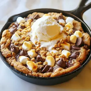 To make this delicious treat, gather the following items: - 1 cup all-purpose flour - 1/2 teaspoon baking soda - 1/4 teaspoon salt - 1/2 cup unsalted butter, softened - 1/2 cup brown sugar, packed - 1/4 cup granulated sugar - 1 large egg - 1 teaspoon vanilla extract - 1 cup semi-sweet chocolate chips - 1 cup mini marshmallows - 1/2 cup crushed graham crackers - Extra chocolate chips for topping You can adjust the recipe using these alternatives: - Use honey or maple syrup instead of granulated sugar. - For a gluten-free option, try almond or coconut flour. - Replace unsalted butter with coconut oil or vegan butter. Each substitution will change the taste and texture a bit. Experiment to find what you like best! {{ingredient_image_1}} 1. Preheat your oven to 350°F (175°C). This step is key for even baking. 2. In a small bowl, mix the flour, baking soda, and salt. This makes the dry mix. 3. In a large bowl, cream the softened butter, brown sugar, and granulated sugar. Mix until creamy. 1. Add in the egg and vanilla. Mix well to combine everything smoothly. 2. Gradually add the dry mix to the wet mix. Stir until just combined. Don't overmix! 3. Fold in the chocolate chips and crushed graham crackers. This adds flavor and texture. 1. Grease your skillet using cooking spray or butter. This keeps the cookie from sticking. 2. Spread the cookie dough evenly in the skillet. Smooth the top for even baking. 3. Bake for 20-25 minutes. The edges should be golden brown. The center should be slightly soft. 4. Remove the skillet and sprinkle mini marshmallows and extra chocolate chips on top. 5. Broil for 1-2 minutes. Watch closely! You want a toasted top, not burned. 6. Allow to cool for a few minutes before serving. Enjoy warm, maybe with ice cream! - Achieving the right consistency of dough: Mix the butter and sugars well. It should be creamy with no lumps. Then, add the egg and vanilla. This helps create a soft, chewy cookie. - Ideal baking time for gooey center: Bake the cookie for 20-25 minutes. Look for golden edges and a soft center. This means it’s perfect for that gooey texture. - Preventing burning when broiling marshmallows: Keep a close eye when broiling. Set a timer for one minute, then check. If they start to brown too fast, pull it out right away. - Best pairings with ice cream: Serve your skillet cookie warm with a scoop of vanilla ice cream. The cold ice cream melts over the warm cookie. It’s a delightful treat! - Ideas for garnishing with crushed graham crackers: Sprinkle crushed graham crackers on top. This adds crunch and extra flavor. It makes the dish look fancy, too. - Serving warm vs cooling options: Warm is best! But if you want to cool it, let it sit for about 10 minutes. Just remember, the gooey center is what makes it special. Pro Tips Use Room Temperature Ingredients: Ensure your butter and egg are at room temperature for a smoother batter and better incorporation of ingredients. Don't Overmix the Dough: Mix until just combined to keep the cookie soft and chewy. Overmixing can lead to a tougher texture. Customize Your Toppings: Feel free to add other mix-ins like peanut butter chips, nuts, or even a drizzle of caramel for a unique twist! Watch the Broiling Time: Keep a close eye while broiling the marshmallows, as they can burn quickly. Aim for a golden brown color! {{image_2}} You can change the flavor of your S’mores chocolate chip skillet cookie with ease. Here are some fun ideas: - Peanut Butter: Add 1/2 cup of creamy or chunky peanut butter for a nutty twist. - Mint Chocolate Chips: Swap in mint chips for a fresh flavor boost. - Chocolate Types: Use dark or white chocolate instead of semi-sweet for unique tastes. - Flour Types: Try almond or oat flour for a different texture and flavor. These variations help you create a cookie that suits your taste. Experimenting can lead to some delicious surprises! You can enjoy this skillet cookie even if you have dietary needs. Here are some options: - Gluten-Free: Use a gluten-free flour blend instead of all-purpose flour. - Low-Sugar: Replace sugars with stevia or erythritol for a low-sugar version. - Vegan-Friendly: Substitute the egg with a flax egg and use vegan butter. These swaps allow everyone to enjoy this tasty treat. Don't hesitate to customize it to meet your needs! To store leftovers at room temperature, let the skillet cookie cool. Once cool, cover it with plastic wrap. This keeps it fresh for up to two days. If you want to refrigerate, place it in an airtight container. This helps the cookie stay soft and tasty for about a week. For long-term storage, you can freeze the baked cookie. Cut it into slices and wrap each piece in plastic wrap. Then, place them in a freezer bag. This way, they can last for up to three months. When you're ready to eat, take out a slice and let it thaw in the fridge overnight. For a warm treat, heat it in the oven at 350°F for about 10 minutes. This brings back that fresh, gooey goodness. Can I make the cookie dough ahead of time? Yes, you can make the cookie dough ahead of time. Just store it in the fridge for up to 24 hours. This helps the flavors blend well. When ready, spread it in the skillet and bake it. How do I know when my cookie is done baking? Check the edges of the cookie. They should be golden brown. The center should look slightly soft. If it meets these points, it is ready to come out of the oven. Can I use a different type of skillet? Yes, you can use any oven-safe baking dish. Cast iron skillets work best for even baking. Just make sure it’s large enough to hold the cookie dough. What to do if the cookie is too dry/wet? If the cookie is dry, add a little melted butter or a splash of milk. This will help moisten it. If it is too wet, add a bit more flour until you reach the right texture. How to fix burnt marshmallows? If the marshmallows burn, simply scrape off the burnt layer. You can then add fresh mini marshmallows on top. Broil them for a shorter time next time to avoid burning. Steps to take if the dough doesn’t spread properly If the dough doesn’t spread, try letting it sit at room temperature for a few minutes. This helps soften the butter. You can also press it down gently in the skillet to help it spread. In this post, we explored a delicious S’mores Chocolate Chip Skillet Cookie. We covered main ingredients, substitutions, and step-by-step cooking instructions. You learned tips for the perfect bake and various flavor variations to try. Don't forget storage details for leftovers and answers to common questions. This treat is fun and easy to make. Enjoy it warm with ice cream for the best experience. Get creative with flavors or adjustments to suit your needs. Happy baking!