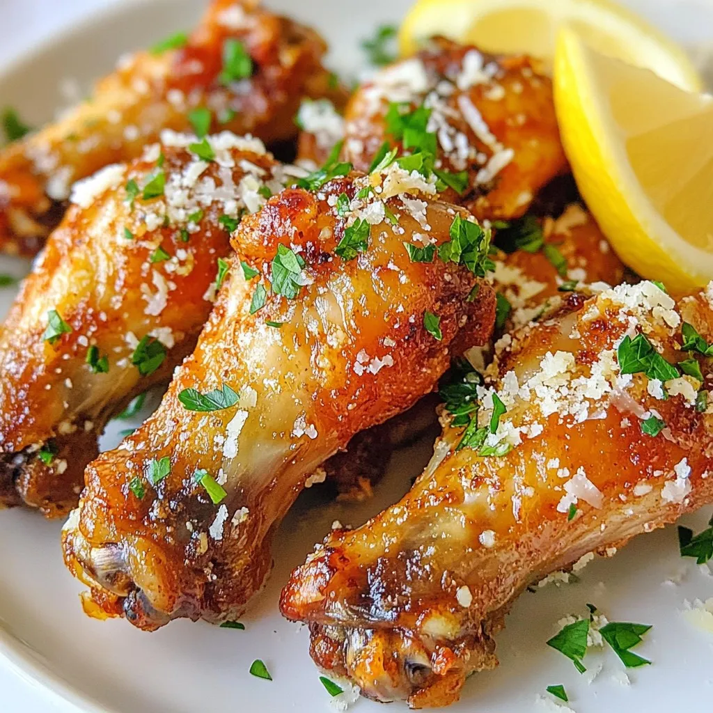 - 2 lbs chicken wings, separated into flats and drumettes - 2 tablespoons olive oil - 1 teaspoon garlic powder - 1 teaspoon onion powder - 1 teaspoon smoked paprika - 1 teaspoon salt - ½ teaspoon black pepper - ½ cup grated Parmesan cheese - 2 tablespoons fresh parsley, chopped (for garnish) - Optional: Fresh lemon wedges for serving When making Air Fryer Garlic Parmesan Wings, I start with fresh chicken wings. You can buy them whole, then separate them into flats and drumettes. This gives you the best texture and flavor. Use about 2 pounds of wings for a hearty meal. Next, I add olive oil. This helps the seasonings stick to the wings and makes them crispy. Just two tablespoons work great. Now, let’s talk about the seasonings. I use simple seasonings that pack a punch. Garlic powder adds richness. Onion powder gives a savory taste. Smoked paprika adds a hint of spice and color. You’ll also need salt and black pepper for balance. The star of this dish is the grated Parmesan cheese. Half a cup makes the wings cheesy and flavorful. Lastly, I like to sprinkle fresh parsley on top for color and freshness. If you want a tangy kick, serve with lemon wedges. These ingredients come together to create mouthwatering wings that everyone will love! {{ingredient_image_1}} First, grab a large bowl. In this bowl, combine 2 tablespoons of olive oil with 1 teaspoon of garlic powder, 1 teaspoon of onion powder, 1 teaspoon of smoked paprika, 1 teaspoon of salt, and ½ teaspoon of black pepper. Mix these well so all the flavors blend together. Once you have your seasoning mixture ready, add 2 pounds of chicken wings. Toss the wings in the bowl until they are fully coated in the seasoning. This step is key for great flavor. Now, it's time to cook! Preheat your air fryer to 400°F (200°C). This usually takes about 5 minutes. While it heats up, place the seasoned wings in the air fryer basket. Make sure to arrange them in a single layer to ensure crispiness. Do not overcrowd the basket. Cook the wings for 25 minutes. Halfway through, shake the basket gently. This helps the wings cook evenly and get that perfect crunch. After 25 minutes, check the wings to see if they are golden brown and crispy. If they need more time, feel free to add an extra 5 minutes. Once they are done, transfer the wings to a large bowl. While they are still hot, sprinkle ½ cup of grated Parmesan cheese over them. Toss the wings to coat them evenly with the cheese. For a fresh finish, garnish with 2 tablespoons of chopped parsley. Serve hot with optional lemon wedges on the side. Enjoy your tasty creation! To get those wings nice and crispy, do not overcrowd the air fryer basket. If you stack too many wings, they won’t cook evenly. Each wing needs space to crisp up. Aim for a single layer in the basket for best results. Adjust the cooking time if you want extra crispiness. The recipe suggests 25 minutes, but you can add 5 more if needed. Just keep an eye on them. They should turn golden brown and crunchy. Want to boost the flavor? Try adding a pinch of cayenne for heat or some lemon zest for brightness. You can also mix in some Italian herbs like basil or oregano. These little tweaks can take your wings to the next level. Coating the wings evenly is key. Make sure every wing gets a good toss in the seasoning mix. This way, each bite is packed with flavor. For dipping, ranch and blue cheese work great. You can also try a spicy sriracha sauce for a kick. Pair your wings with celery sticks or a fresh salad. These sides balance the richness of the garlic parmesan. You can also serve them with crispy fries or onion rings for a fun meal. Pro Tips Dry the Wings: Pat the chicken wings dry with paper towels before seasoning. This helps achieve maximum crispiness during air frying. Use High-Quality Parmesan: For the best flavor, use freshly grated Parmesan cheese instead of pre-packaged. The fresh cheese melts and adheres better to the wings. Don’t Overcrowd: Cook the wings in batches if necessary. Overcrowding the air fryer can lead to uneven cooking and soggy wings. Experiment with Seasonings: Feel free to customize the seasoning blend. Adding cayenne pepper or your favorite dry rub can give the wings an extra kick. {{image_2}} You can change the taste of garlic parmesan wings with fun twists. One option is buffalo-style garlic parmesan wings. You mix hot sauce with the garlic and cheese. This gives a spicy kick to your wings. The heat from the sauce nicely balances the creamy parmesan. Another great choice is lemon pepper garlic parmesan wings. For this, add lemon zest and pepper to the garlic mix. The bright lemon flavor gives a fresh twist. This version is perfect for spring and summer gatherings. You get the same crispy texture but with a zesty bite. If you don't have an air fryer, you can still make tasty wings. Oven-baking is a classic method. Preheat your oven to 425°F (220°C). Spread the seasoned wings on a baking sheet. Bake them for about 30-35 minutes. Flip the wings halfway through for even cooking. Grilling is another awesome way to cook wings. It adds a smoky flavor that many love. Heat your grill to medium-high. Place the wings on the grill and cook for about 20-25 minutes. Turn them often to avoid burning. You will get crispy, charred wings that are full of flavor. To keep your garlic Parmesan wings fresh, store them in the refrigerator. First, let the wings cool to room temperature. Then, place them in an airtight container. This helps maintain their flavor and texture. You can also wrap them tightly in aluminum foil or plastic wrap. For best results, eat the leftovers within three days. The best way to reheat wings is in your air fryer. Set it to 350°F (175°C) for about 5 to 7 minutes. This method keeps them crispy and delicious. If you don’t have an air fryer, you can use the oven. Preheat it to 350°F (175°C) and place the wings on a baking sheet. Bake for about 10 to 15 minutes, checking often. You can also use a microwave, but this may make the wings a bit soggy. Heat them for about 1 to 2 minutes, but be cautious. Enjoy your wings hot and tasty! You should air fry chicken wings for 25 minutes at 400°F (200°C). This time gives you crispy wings. Make sure to shake the basket halfway through to cook them evenly. If you want extra crispiness, add 5 more minutes. Yes, you can use frozen chicken wings! Just add 5-10 minutes to the cooking time. Start with 30 minutes at 400°F (200°C). Check them for doneness. They should be golden and crispy. Always ensure they are fully thawed for even cooking. Garlic parmesan wings go well with many sides. Here are some great choices: - Celery sticks with ranch dressing - Fresh salad with vinaigrette - Crispy fries or potato wedges - Garlic bread for a tasty touch - Cold drinks like beer or lemonade These sides enhance the flavor and make your meal even better! This blog focused on making crispy garlic Parmesan chicken wings using an air fryer. We discussed the key ingredients, step-by-step instructions, and helpful tips to ensure perfect wings. You learned about different flavor options, storage methods, and reheating tips. In the end, cooking wings can be fun and easy. With these steps and ideas, you can impress family and friends. Enjoy your tasty wings!
