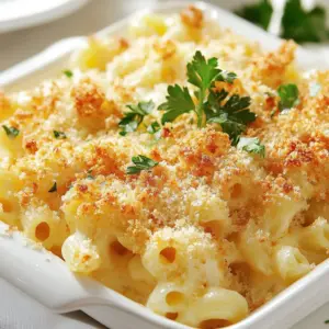 - 8 ounces elbow macaroni - 2 cups sharp cheddar cheese, grated - 1 cup mozzarella cheese, grated - 1/2 cup grated Parmesan cheese - 2 cups milk - 1/4 cup unsalted butter - 1/4 cup all-purpose flour - 1 teaspoon garlic powder - 1 teaspoon onion powder - 1/2 teaspoon mustard powder - Salt and pepper to taste - 1 cup panko breadcrumbs - 1 tablespoon olive oil - Fresh parsley, chopped (for garnish) To make this crunchy baked mac and cheese, you will need a few key tools. Here’s what you’ll need: - A large pot for boiling pasta - A medium pot for making cheese sauce - A whisk for mixing - A baking dish (9x13 inch) - A wooden spoon for stirring - A small bowl for mixing breadcrumbs - An oven for baking Using fresh ingredients makes a big difference. Here are my tips: - Choose high-quality cheese. Sharp cheddar gives great flavor. - Use fresh mozzarella for a creamy texture. - Select whole milk for a rich sauce. - Look for panko breadcrumbs. They provide the best crunch. - Use unsalted butter to control salt levels in your dish. These choices enhance the taste and texture of your mac and cheese. Enjoy the process of gathering these ingredients! {{ingredient_image_1}} Start by gathering all your ingredients. You will need elbow macaroni, cheddar cheese, mozzarella cheese, and Parmesan cheese. Also, grab milk, butter, flour, garlic powder, onion powder, mustard powder, and panko breadcrumbs. Prepare a large pot for boiling water and another pot for making the cheese sauce. Fill a large pot with water. Add a pinch of salt and bring it to a boil. Once boiling, add 8 ounces of elbow macaroni. Cook it for about 7 to 8 minutes until it is al dente. Drain the pasta in a colander and set it aside. In a clean pot, melt 1/4 cup of unsalted butter over medium heat. Once melted, whisk in 1/4 cup of all-purpose flour. Cook this for about 2 minutes until it is bubbly and slightly golden. Gradually pour in 2 cups of milk while whisking. Stir in 1 teaspoon of garlic powder, 1 teaspoon of onion powder, and 1/2 teaspoon of mustard powder. Add salt and pepper to taste. Cook this mixture for 5 to 7 minutes until the sauce thickens. Remove the pot from heat and stir in 2 cups of grated cheddar and 1 cup of grated mozzarella cheese until it melts and becomes creamy. Fold the cooked macaroni into the cheese sauce until well mixed. Pour this mixture into a greased 9x13 inch baking dish. In a small bowl, combine 1 cup of panko breadcrumbs with 1 tablespoon of olive oil and a pinch of salt. Mix well until the breadcrumbs are coated. Sprinkle this breadcrumb mixture evenly over the mac and cheese. Add 1/2 cup of grated Parmesan cheese on top for a crunchy finish. Bake in the oven at 350°F for 25 to 30 minutes until the top is golden brown and crispy. Once done, let it cool for 5 minutes and garnish with fresh chopped parsley before serving. Enjoy your crunchy baked mac and cheese! To get that perfect crunch on top, use panko breadcrumbs. They are lighter than regular breadcrumbs. Mix them with a little olive oil for flavor. This step makes a huge difference! Sprinkle them evenly over your mac and cheese. For extra crunch, add grated Parmesan on top before baking. The cheese will melt and create a golden crust. Bake until you see a nice brown color on top. For a rich flavor, pair sharp cheddar with mozzarella. Cheddar gives a tangy bite while mozzarella adds creaminess. You can also try Gruyère or Gouda for something different. These cheeses melt well and add depth. If you like a little spice, add pepper jack cheese. This gives a nice kick to your dish. One common mistake is overcooking the pasta. Cook it until it's al dente, as it will bake longer in the oven. Another mistake is using low-quality cheese. Always choose good cheese for the best flavor. Also, don’t skip the salt in the pasta water. This step helps season the pasta. Lastly, let it cool briefly after baking. This helps it set and makes serving easier. Pro Tips Use Quality Cheese: Always opt for high-quality cheese for the best flavor. Sharp cheddar enhances the taste significantly. Don’t Overcook the Pasta: Cook the macaroni until just al dente, as it will continue to cook in the oven and avoid a mushy texture. Experiment with Toppings: Feel free to mix in herbs or spices into the breadcrumb topping for added flavor and texture. Let It Rest: Allow the baked mac and cheese to cool for a few minutes before serving; this helps it set and makes for easier serving. {{image_2}} You can make your Crunchy Baked Mac and Cheese even better by adding protein. Cooked chicken or crispy bacon works well. To add chicken, use grilled or rotisserie chicken. Shred it and mix it with the cheese sauce. To use bacon, cook it until crispy, then crumble it over the top. Both options add great flavor and make this dish more filling. For a vegetarian twist, consider adding veggies. Broccoli, spinach, or mushrooms blend well. Steam or sauté the veggies before mixing them in. You can also replace the cheese with a plant-based version. This keeps the dish creamy without meat while still being tasty. You can boost the flavor with spices and herbs. Try adding a pinch of paprika or cayenne for heat. Fresh herbs like thyme or rosemary can add a nice aroma. Mix in these spices when you make the cheese sauce to let them blend well. This small change makes a big difference in taste. Cool the Crunchy Baked Mac and Cheese to room temperature. Place leftovers in an airtight container. Store in the fridge for up to three days. Make sure to cover it well to keep it fresh. To reheat, use the oven for the best results. Preheat your oven to 350°F (175°C). Place the mac and cheese in a baking dish. Add a splash of milk to keep it moist. Cover the dish with foil. Bake for about 20 minutes. Remove the foil for the last 5 minutes for extra crunch. You can also microwave it. Heat on medium for 2-3 minutes, stirring halfway through. You can freeze Crunchy Baked Mac and Cheese for up to three months. Cool it completely before freezing. Use a freezer-safe container or bag. For best flavor, wrap it tightly. When ready to eat, thaw it overnight in the fridge. Reheat it in the oven or microwave as described above. Crunchy Baked Mac and Cheese lasts about 3 to 5 days in the fridge. Store it in an airtight container to keep it fresh. The longer it sits, the softer the texture becomes. Yes, you can use other types of pasta. Shells, penne, or rotini work well. Just make sure to adjust cooking times based on the pasta shape. Absolutely! You can prepare the dish a day in advance. Just assemble it, cover it, and refrigerate. Bake it just before serving for the best crunch. This dish pairs well with salads, steamed veggies, or grilled chicken. You can also serve it as a side with your favorite meats. To make it gluten-free, use gluten-free pasta and substitute the all-purpose flour with a gluten-free blend. This way, you can enjoy the same great taste! In this article, we explored the tasty world of Crunchy Baked Mac and Cheese. We discussed key ingredients, essential cooking tools, and tips for choosing the best items. We shared step-by-step instructions for preparation, cooking, and baking. You learned valuable tips for the perfect crunch and common mistakes to avoid. Feel free to experiment with protein and vegetarian options to suit your taste. Remember to store your leftovers properly for later enjoyment. Enjoy your cooking journey, and have fun making this dish!