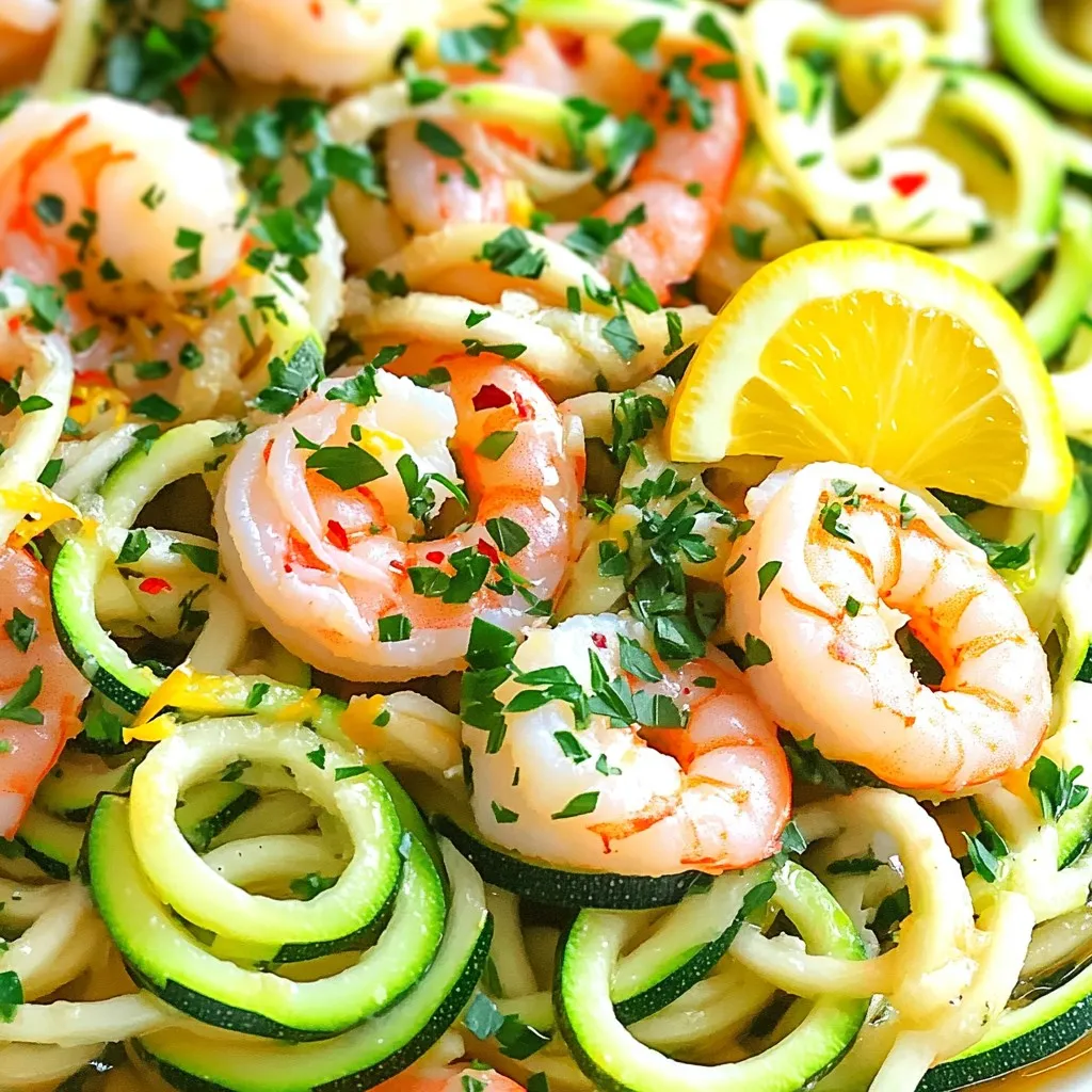 For this Minute Lemon Garlic Shrimp Zoodles dish, you need fresh and simple ingredients. Here’s what you will need: - 1 pound large shrimp, peeled and deveined - 2 medium zucchinis, spiralized into zoodles - 3 tablespoons olive oil - 4 cloves garlic, minced - 1 lemon, zested and juiced - 1/2 teaspoon red pepper flakes (optional) - Salt and pepper to taste - Fresh parsley, chopped (for garnish) Each ingredient plays a key role. The shrimp adds protein, while the zoodles give a light base. Garlic brings flavor, and lemon adds brightness. If you like a bit of heat, the red pepper flakes are perfect. You don’t need much to whip up this meal. Here are the tools I recommend: - Large skillet - Tongs or spatula - Spiralizer (for zoodles) - Knife and cutting board These tools will help you cook and mix everything well. A large skillet is vital for cooking the shrimp and zoodles evenly. You can easily swap some ingredients to fit your taste. Here are some ideas: - For shrimp, try chicken or tofu for a different protein. - Instead of zucchini, you can use yellow squash. - If you want more veggies, add bell peppers or spinach. - Swap olive oil for avocado oil for a different flavor. Feel free to get creative! The beauty of this dish is its flexibility. You can tailor it to what you have on hand or what you enjoy. To get started, gather your ingredients. You need: - 1 pound large shrimp, peeled and deveined - 2 medium zucchinis, spiralized into zoodles - 3 tablespoons olive oil - 4 cloves garlic, minced - 1 lemon, zested and juiced - 1/2 teaspoon red pepper flakes (optional) - Salt and pepper to taste - Fresh parsley, chopped (for garnish) Wash the zucchinis and spiralize them into zoodles. Peel and devein the shrimp if not already done. Mince the garlic and zest the lemon. This prep takes about 10 minutes. Heat 2 tablespoons of olive oil in a large skillet over medium heat. Add the minced garlic and optional red pepper flakes. Sauté for 30 seconds until fragrant. Be careful; burnt garlic tastes bitter. Next, raise the heat to medium-high. Add the shrimp, seasoning them with salt and pepper. Cook for 2-3 minutes on each side. The shrimp should turn pink and opaque. Once cooked, squeeze the lemon juice over them. Stir in the lemon zest, then set the shrimp aside. In the same skillet, add the last tablespoon of olive oil. Toss in the zoodles and sauté for 2-3 minutes until just tender. This keeps them bright and fresh. Finally, return the shrimp to the skillet. Toss everything together for another minute to combine the flavors. Plate the zoodles and shrimp together. Make sure to garnish with fresh parsley for color and flavor. This dish is great served warm. Enjoy your Minute Lemon Garlic Shrimp Zoodles in about 20 minutes! To get the best shrimp, start with fresh or frozen shrimp. Make sure they are peeled and deveined. I use large shrimp for a nice bite. Heat the olive oil in the skillet before adding the garlic. This step brings out the garlic's flavor without burning it. Cook the shrimp until they are pink and opaque. This usually takes about 2-3 minutes per side. Overcooking makes them tough, so watch closely. Adding lemon juice at the end brightens the flavor. Zoodles can be tricky. They cook fast, so keep an eye on them. I sauté them for about 2-3 minutes only. This keeps them tender yet firm. If you cook them too long, they get mushy. To enhance the flavor, I add a pinch of salt while cooking. This brings out the natural taste of the zucchini. You can also play with spices. A sprinkle of red pepper flakes adds a nice kick if you like heat. One common mistake is not prepping your ingredients. Chop and spiralize everything before cooking. This makes the cooking process smoother. Another mistake is overcrowding the skillet. Cook the shrimp in batches if needed. Lastly, don’t skip the lemon zest. It adds a fresh aroma that elevates the dish. Lastly, be careful with the heat. Too low won't cook the shrimp right, and too high can burn the garlic. {{image_2}} If you want to switch up the shrimp, try chicken or tofu. Chicken breast cooks well and adds great protein. Cut it into small pieces and cook it like shrimp. Tofu is a fantastic choice for a vegan meal. Use firm tofu, press it to remove water, and cube it. Sauté it until golden brown for the best taste. You can adjust the flavor by adding herbs or spices. Basil or oregano can bring a fresh taste. If you love heat, add more red pepper flakes or cayenne pepper. A splash of soy sauce or coconut aminos can add a salty depth. Experiment with fresh herbs like cilantro or dill for a twist. Feel free to add seasonal veggies for extra nutrition. Bell peppers, spinach, or cherry tomatoes can boost color and flavor. In the summer, zucchini is perfect, while mushrooms work well in the fall. Just sauté them along with the zoodles for a tasty mix. To store leftovers, let the dish cool down first. Place the shrimp and zoodles in an airtight container. Keep them in the fridge for up to two days. This helps keep the flavors fresh. If you want to enjoy them later, store the shrimp and zoodles separately. You can freeze the shrimp and zoodles too. First, let them cool to room temperature. Then, place them in freezer-safe bags. Remove as much air as possible to prevent freezer burn. They can last up to three months in the freezer. When ready to eat, thaw them in the fridge overnight. To reheat, use a skillet over medium heat. Add a splash of olive oil for flavor. Heat the shrimp and zoodles until warm. This should take about five minutes. Avoid the microwave, as it can make the zoodles soggy. Enjoy your meal just like it was fresh! Yes, this recipe is already gluten-free. The key ingredients, shrimp and zoodles, are gluten-free. Just ensure any added seasonings, like salt and pepper, are also gluten-free. I recommend using large shrimp, peeled and deveined. They cook quickly and absorb the lemon and garlic flavors well. Look for fresh shrimp or high-quality frozen shrimp that you can thaw. To make it vegan, swap shrimp for tofu or chickpeas. Use the same cooking method. You can still enjoy the lemon and garlic taste with zoodles. Yes, you can spiralize the zucchinis ahead of time. Store them in an airtight container in the fridge. Use them within a day or two for the best texture. To keep zoodles firm, do not overcook them. Sauté for only 2-3 minutes until they are just tender. You can also sprinkle a little salt on them before cooking to draw out excess moisture. This blog post covered key ingredients, step-by-step cooking, and helpful tips for making a great shrimp dish with zoodles. You learned about essential tools, substitutions, and serving ideas. We discussed ways to store leftovers and answered common questions to help you succeed. Remember, perfecting your dish comes from practice and creativity. Embrace these ideas, and enjoy the cooking process. You'll impress anyone with your tasty meals!