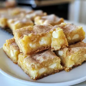 - 1 cup unsalted butter, softened - 1 cup granulated sugar - 1 cup packed brown sugar - 2 large eggs - 2 teaspoons vanilla extract - 3 cups all-purpose flour - 1 tablespoon cream of tartar - 1 teaspoon baking soda - ½ teaspoon salt - 1 teaspoon ground cinnamon - ½ teaspoon nutmeg - ¾ cup white chocolate chips (optional) - ¼ cup cinnamon sugar (for topping: mix 2 tablespoons sugar with 1 teaspoon cinnamon) To make apple snickerdoodle bars, you need simple yet key ingredients. Start with unsalted butter. Softening it makes mixing easier. Then, you have granulated sugar and brown sugar. These add sweetness and a nice texture. Next, you’ll need two large eggs. They help bind all the ingredients together. Don’t forget the vanilla extract; it adds a wonderful aroma and flavor. The dry ingredients are just as important. Use three cups of all-purpose flour for a good base. Cream of tartar and baking soda act as leavening agents. They make the bars rise and stay fluffy. A pinch of salt enhances the taste. Ground spices like cinnamon and nutmeg bring warmth to your bars. For a fun twist, consider adding white chocolate chips. They add sweetness and creaminess. Finally, prepare cinnamon sugar for the topping. Just mix sugar with cinnamon, and sprinkle it on top before baking. This adds a lovely crunch and extra flavor. Gather these ingredients, and you’re ready to bake a delicious treat! {{ingredient_image_1}} First, turn your oven on to 350°F (175°C). Grease a 9x13 inch baking dish. You can also line it with parchment paper. This helps with easy removal later. In a big bowl, add the softened butter. Mix in both the granulated and brown sugar. Use a mixer to blend them until light and fluffy. This step is key for a great texture. Next, add the eggs one at a time. Mix well after each egg. Then, pour in the vanilla extract. In another bowl, whisk together the flour, cream of tartar, baking soda, salt, cinnamon, and nutmeg. Slowly mix the dry ingredients into the wet mix. If you want white chocolate chips, fold them in now. Now, spread the batter into your prepared baking dish. Use a spatula to smooth the top. Then, take your cinnamon sugar mixture and sprinkle it evenly on top of the batter. This adds a tasty crunch. Place the dish in the preheated oven. Bake for 25-30 minutes. You want the edges to turn golden. Check if they’re done by inserting a toothpick in the center. If it comes out clean, they’re ready! Let the bars cool in the pan for about 15 minutes. After that, move them to a wire rack to cool completely. Once cooled, cut them into squares and enjoy! To get that great texture, start with soft butter. Using cold butter may make your bars tough. Cream the butter and sugars well until it’s fluffy. This step adds air, making the bars light. Also, use fresh eggs for the best taste. The right spices are key too! Ground cinnamon and nutmeg bring warmth and depth. Don’t skip the cream of tartar; it helps the bars rise and stay soft. You can swap some ingredients for a healthier treat. Use whole wheat flour instead of all-purpose flour. This gives fiber without losing flavor. You can also cut down on sugar. Try using half the sugar or a sugar substitute. For a dairy-free version, use coconut oil instead of butter. Applesauce can replace some of the fat too. It keeps the bars moist and adds flavor. Let the bars cool completely before cutting. This helps them set and makes cutting easier. Use a sharp knife for clean edges. You can also line your baking dish with parchment paper. This makes removal and cutting a breeze. Serve the bars on a nice plate. Add a sprinkle of cinnamon sugar on top for a pretty finish. For extra fun, serve with a scoop of vanilla ice cream! Pro Tips Use Room Temperature Ingredients: Ensure your butter and eggs are at room temperature for better incorporation and a smoother batter. Don’t Overmix the Batter: Mix just until combined to avoid dense bars; overmixing can lead to a tough texture. Check for Doneness: Use a toothpick to test for doneness, but be careful not to overbake; the bars should be lightly golden at the edges. Add a Twist: For an extra flavor kick, consider adding chopped apples or nuts to the batter before baking. {{image_2}} You can easily customize your apple snickerdoodle bars. Adding nuts brings a nice crunch. Try walnuts or pecans for great flavor. You can also mix in dried fruits like raisins or cranberries. Fresh fruit is a fun twist too. Dice up some apples for extra sweetness and moisture. Chocolate chips are a tasty option if you like a sweeter touch. Changing up spices can make your bars unique. Instead of just cinnamon, add a pinch of ginger or allspice. These spices give a warm, cozy flavor. You could also try using cardamom for a fragrant boost. Want a bit of zest? Grate some lemon or orange peel into the batter. This adds a fresh note and brightens the overall taste. If you need gluten-free bars, it’s easy to adapt. Swap all-purpose flour for a gluten-free blend. Look for one that includes xanthan gum for the best texture. You can also use almond flour for a nutty flavor. Just remember to check that your other ingredients are gluten-free too. This way, everyone can enjoy these tasty treats! Store your apple snickerdoodle bars at room temperature. Place them in an airtight container. This keeps them fresh for up to three days. If you want the bars to stay soft, add a slice of bread to the container. The bread helps keep the bars moist. Be sure to put parchment paper between layers to avoid sticking. For long-term storage, you can freeze the bars. First, let the bars cool completely. Then, cut them into squares. Wrap each square in plastic wrap. Place the wrapped bars in a freezer-safe bag or container. Label the bag with the date. Frozen bars can last for up to three months. When you want to enjoy them, simply thaw them in the fridge overnight. To reheat your apple snickerdoodle bars, preheat your oven to 350°F (175°C). Place the bars on a baking sheet lined with parchment. Heat them for about 10 minutes. This warms them up nicely and brings back their soft texture. You can also microwave them for about 15 seconds. Just make sure not to overheat, or they'll become dry. Enjoy your bars warm for that fresh-baked taste! Apple Snickerdoodle Bars are soft, chewy treats that blend apples and snickerdoodle flavors. They have a warm cinnamon taste with sweet apples. The bars are easy to make and perfect for sharing. Each bite gives you a mix of spices, sugar, and a hint of fruit. The white chocolate chips add a creamy touch. Yes, you can use different sugars. Brown sugar adds moisture and a deeper flavor. If you want a lighter taste, try using just granulated sugar. Mixing sugars can give you the best of both worlds. You can even use coconut sugar for a healthier twist. To check if the bars are done, insert a toothpick into the center. If it comes out clean, the bars are ready. Look for golden edges and a slight spring when touched. Don’t overbake them, or they may get dry. Absolutely! You can make Apple Snickerdoodle Bars a day ahead. Just store them in an airtight container at room temperature. They stay delicious and moist. You can also freeze them for up to three months. Just thaw before serving for the best taste. In this post, we explored the key ingredients for Apple Snickerdoodle Bars, from butter to spices. I provided step-by-step instructions to help you bake these tasty treats with ease. We discussed tips for perfect texture, sweet add-ins, and ways to store your bars. Finally, I shared variations to spice things up and answered common questions. Now, you have all the tools to create your own delicious bars. Get baking, and enjoy the process!