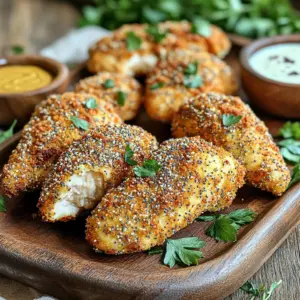 - 1 pound chicken tenders - 1 cup buttermilk - 1 cup all-purpose flour - 1 cup breadcrumbs - 2 tablespoons everything bagel seasoning - 1 teaspoon garlic powder - 1 teaspoon onion powder - 1 teaspoon paprika - Salt and pepper to taste - Cooking spray In this recipe, I use chicken tenders because they cook quickly and stay juicy. The buttermilk tenderizes the chicken, making it flavorful and moist. I recommend soaking the chicken in buttermilk for at least 30 minutes. This step is key! The flour mixture adds a nice base. I combine all-purpose flour with garlic powder, onion powder, paprika, salt, and pepper. This blend gives the chicken a great taste. The breadcrumbs and everything bagel seasoning create a crunchy coating. The bagel seasoning has a mix of poppy seeds, sesame seeds, and onion bits. It really adds a unique flavor. Don't forget the cooking spray! It helps the chicken get crispy in the air fryer. When you coat the chicken tenders, it’s important to get every bit covered. This ensures even cooking and crunchiness. Gather these ingredients, and you’re ready to make a delicious meal! - Soak 1 pound of chicken tenders in 1 cup of buttermilk. This makes the meat juicy and tender. Leave them in for at least 30 minutes. - In a separate bowl, mix together 1 cup of all-purpose flour, 1 teaspoon of garlic powder, 1 teaspoon of onion powder, 1 teaspoon of paprika, and salt and pepper to taste. This is your dry mix. - In a third bowl, combine 1 cup of breadcrumbs and 2 tablespoons of everything bagel seasoning. This will give your chicken a great flavor. - Preheat your air fryer to 400°F (200°C) for about 5 minutes. This helps the chicken cook evenly. - After soaking, take the chicken tenders out. Let any extra buttermilk drip off. - Dredge each chicken tender in the flour mix. Shake off any extra flour. - Dip the floured chicken tenders into the breadcrumb mix. Press gently to coat them well. - Spray the air fryer basket with cooking spray. Place the coated chicken tenders in a single layer. Make sure they aren't crowded. - Lightly spray the tops of the chicken tenders with cooking spray. This helps them get crispy. - Cook in the air fryer for 10-12 minutes. Flip them halfway through. They should be golden brown. The internal temperature must reach 165°F (75°C). - Take them out and let them rest for a few minutes before serving. - Serve the chicken tenders on a platter. You can add dipping sauces like honey mustard or ranch on the side. - For a nice touch, garnish the plate with fresh parsley. This adds color and makes the dish look great. To make your Air Fryer Everything Bagel Chicken Tenders even better, try adding extra spices. You can mix in some cayenne for heat or paprika for a smoky touch. If you enjoy a bit of sweetness, a pinch of brown sugar works wonders too. Adjust the spice level to your taste. Start with a small amount and add more if you want it spicier. For a perfect crispy texture, make sure to use enough cooking spray. Lightly spray the air fryer basket before adding the chicken. Also, spray the tops of the tenders to help them crisp up nicely. Avoid overcrowding the basket; this ensures even cooking and crispy edges. If the tenders touch, steam builds up, and they won’t get that great crunch. Cooking your chicken tenders at the right temperature is key. Set your air fryer to 400°F (200°C) for optimal results. This high heat gives you that golden color and crispy finish. To check for doneness, use a meat thermometer. The internal temperature should reach 165°F (75°C). If you don’t have a thermometer, cut into a tender. Make sure the meat is no longer pink and the juices run clear. {{image_2}} You can switch chicken tenders for other proteins. Try using turkey tenders for a leaner option. If you want something different, consider shrimp. Shrimp cooks fast and adds a nice twist. For a vegetarian option, tofu is a great choice. Press the tofu to remove water, cut it into strips, and coat it just like the chicken. Chickpeas also work well. Mash them slightly, then form them into strips. Dredge and fry them for a tasty, crunchy bite. Feel free to mix up your seasoning. You can try taco seasoning for a fun twist. A spicy blend with cayenne or chili powder can also add heat. If you love herbs, use dried oregano, basil, or thyme. These can make your dish fresh and vibrant. Mixing your flavors can bring new life to this dish. Experiment with what you love and find your favorite blend! Think about what sides pair well with your tenders. A simple salad with fresh greens complements the crunch. You can also serve them with sweet potato fries for a hearty meal. For a fun twist, turn these tenders into a sandwich. Use a soft bun and add your favorite toppings. You can also chop the tenders and toss them into a salad for a protein boost. The options are endless! After enjoying your Air Fryer Everything Bagel Chicken Tenders, let them cool. Place them in an airtight container. This helps keep them fresh. I like to use glass containers, but any airtight option works. You can store them in the fridge for up to three days. If you want to keep them longer, consider freezing. To reheat your chicken tenders, the air fryer is the best choice. Preheat it to 350°F (175°C). Place the tenders in the basket for about 5-7 minutes. This method keeps them crispy. Avoid using a microwave. It can make them soggy. If you must use the microwave, cover them with a paper towel. This helps absorb some moisture. To freeze the chicken tenders, let them cool completely first. Then, place them in a freezer-safe bag. Make sure to remove as much air as possible. They can last up to three months in the freezer. When you're ready to cook, thaw them in the fridge overnight. You can also cook from frozen. Just add a few extra minutes to the cooking time. This makes it easy to enjoy your tenders anytime! Yes, you can prep chicken tenders ahead of time. Here are some tips for meal prep: - Soak the chicken in buttermilk and season overnight. - Coat the tenders with flour and breadcrumbs ahead of time. - Store them in the fridge until you’re ready to cook. This way, you save time on busy days. Just remember to cook them fresh in the air fryer. To keep your chicken tenders moist, follow these tips: - Soak the chicken in buttermilk for at least 30 minutes. - Don’t skip the cooking spray. It helps lock in moisture. - Avoid overcooking. Check for an internal temperature of 165°F. These steps make sure your tenders stay juicy and tender. Many sauces go well with these chicken tenders. Here are some popular choices: - Honey mustard for a sweet and tangy flavor. - Ranch dressing for a classic dip. - Buffalo sauce for a spicy kick. Feel free to get creative with your favorite sauces! This blog post covers everything you need for perfect chicken tenders. We explored essential ingredients like chicken, buttermilk, and great spices. I shared easy steps to prepare, cook, and plate them. You learned helpful tips for flavoring and achieving that crispy texture. Plus, we discussed fun variations and how to store leftovers for later. Cooking should be enjoyable and delicious. With these tips, you can make tasty chicken tenders anytime. Enjoy the process and have fun in the kitchen!