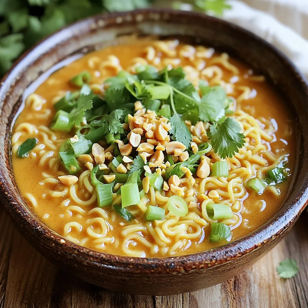 To make Minute Spicy Peanut Ramen, you need: - 2 packs instant ramen noodles (discard the seasoning packets) - 1/4 cup creamy peanut butter - 2 tablespoons soy sauce - 1 tablespoon sriracha (adjust for spice preference) - 1 tablespoon sesame oil - 1 tablespoon honey or maple syrup - 2 green onions, finely chopped - 1 clove garlic, minced - 1/4 cup water (more if needed to adjust consistency) These ingredients come together to create a tasty and quick meal. The peanut butter gives a rich flavor, while sriracha adds the heat. The green onions and garlic add freshness and depth. Garnishes can elevate your ramen. Consider adding: - A handful of chopped cilantro - Crushed peanuts These toppings not only add crunch but also enhance the flavor. You can mix and match to find your favorite combination. If you lack some ingredients, don't worry! Here are some swaps: - Use almond butter instead of peanut butter for a different nutty flavor. - Swap soy sauce for tamari to make it gluten-free. - Maple syrup can replace honey for a vegan option. These substitutions help you adapt the recipe to what you have on hand. Cooking should be fun and flexible! Start by boiling water in a medium saucepan. Add 2 packs of instant ramen noodles. Cook them for about 3 to 4 minutes, following the package directions. Once they are soft, drain the noodles well and set them aside. This step is quick and easy, so keep an eye on the time. In a mixing bowl, add 1/4 cup of creamy peanut butter. Then, pour in 2 tablespoons of soy sauce. For a kick, include 1 tablespoon of sriracha, but adjust it based on how spicy you like it. Next, add 1 tablespoon of sesame oil for flavor, and 1 tablespoon of honey or maple syrup for sweetness. Mince 1 clove of garlic and toss it in, too. Then, add 1/4 cup of water. Whisk everything until it's smooth. If your sauce feels too thick, add a bit more water to reach your desired consistency. Take the same saucepan where you cooked the noodles. Add the drained ramen back in. Pour the spicy peanut sauce over the noodles. Toss everything together over low heat for 1 to 2 minutes. This warms the dish and coats the noodles evenly. Finally, stir in the chopped green onions. Serve the ramen in bowls, and top with chopped cilantro and crushed peanuts. Enjoy this quick, tasty meal! You control the heat in this dish. Start with one tablespoon of sriracha. If you prefer it hotter, add more sriracha. Taste the sauce before mixing. This gives you the chance to find your perfect spice level. A smooth sauce is key to great flavor. If your sauce is thick, add a bit more water. Mix well until it reaches the right texture. Aim for a pourable sauce that coats the noodles nicely. Presentation matters. Serve the ramen in deep bowls. Top with chopped green onions, cilantro, and crushed peanuts. These toppings add color, crunch, and extra flavor. Enjoy your meal right away for the best taste! {{image_2}} You can easily make this dish vegetarian or vegan. Use vegetable broth instead of water. For the creamy texture, try almond or cashew butter. These options keep that rich taste without using animal products. Want more protein? Add cooked tofu, tempeh, or edamame to your ramen. Chicken or shrimp also work great if you prefer meat. Simply toss them in with the noodles as you combine everything. You can switch up the flavors by using different sauces. Try hoisin sauce for a sweet twist. For a tangy kick, use rice vinegar or lime juice. Mixing in chili paste can boost the heat even more. Experiment to find your favorite combo! To store leftovers, let the ramen cool first. Place it in an airtight container. Keep it in the fridge for up to three days. Make sure it is sealed well to keep the flavors fresh. When ready to eat, take the ramen out of the fridge. You can reheat it in two ways. Use the microwave or a saucepan. For the microwave, place the ramen in a bowl. Add a splash of water to keep it moist. Heat for about one to two minutes. Stir halfway to ensure even warming. If using a saucepan, warm the ramen over low heat. Stir until it is heated through. You can freeze this ramen, but it is best to skip the garnishes. Place the cooled ramen and sauce in a freezer-safe container. It can last up to three months in the freezer. When ready to eat, thaw it in the fridge overnight. Reheat it as mentioned before. Yes, you can use any type of noodles. Rice noodles or udon noodles work well. Just keep an eye on the cooking time. Each type may cook differently. Remember, the goal is to have soft noodles that soak up the sauce. This recipe has a good kick from the sriracha. You can adjust the spice to your taste. If you like it mild, use less sriracha. For more heat, add extra sriracha or chili flakes. The peanut butter helps balance the spice, making it tasty but not overwhelming. You can prepare the sauce in advance. Store it in the fridge for up to three days. When you are ready to eat, cook the noodles fresh. This keeps them nice and chewy. Just mix the noodles with the sauce when ready to serve. This blog post showed you how to create a tasty ramen dish from scratch. We covered key ingredients, step-by-step cooking, and ways to adjust spice levels to suit your taste. You learned how to store leftovers and make variations for different diets. Now you can make this recipe your own. Enjoy the flavors, and have fun in the kitchen. Keep experimenting with new options!