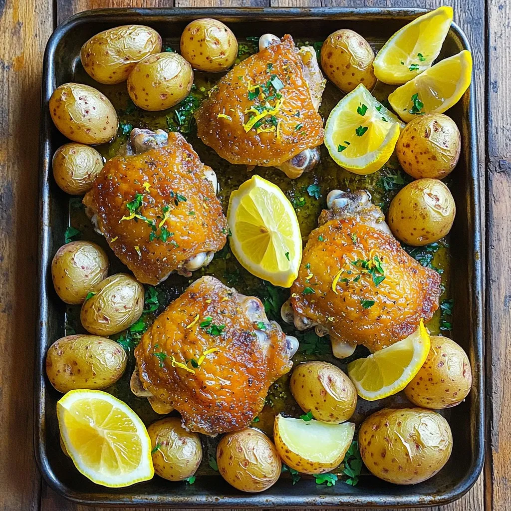 - 4 chicken thighs, skin-on and bone-in - 1.5 lbs baby potatoes, halved - 3 tablespoons olive oil - 3 cloves garlic, minced - Zest and juice of 2 lemons - 2 teaspoons dried oregano - 1 teaspoon smoked paprika - Salt and pepper to taste - Fresh parsley for garnish - Lemon wedges for serving In this dish, chicken thighs bring rich flavor and moisture. I prefer skin-on and bone-in for the best taste. The baby potatoes add a delightful crunch and heartiness. Halving them helps them cook faster and soak up all the flavors. Olive oil is essential for moist chicken and crispy potatoes. Garlic adds a savory punch. The zest and juice of lemons give this dish a bright and zesty kick. Dried oregano provides that classic Greek flavor, while smoked paprika adds a hint of warmth. I always make sure to season with salt and pepper. Fresh parsley makes a lovely garnish, adding color and freshness. Lastly, lemon wedges not only serve as a garnish but also allow you to customize the lemony taste on your plate. These ingredients together create a simple yet impressive meal. Enjoy the vibrant flavors and comforting textures in each bite! 1. Preheat the oven Start by preheating your oven to 425°F (220°C). This step is key to getting the chicken crispy and the potatoes golden. 2. Prepare the marinade In a large bowl, mix together the olive oil, minced garlic, lemon zest, and lemon juice. Add dried oregano, smoked paprika, salt, and pepper. Stir until well combined. This marinade will give the chicken great flavor. 1. Marinate the chicken Place the chicken thighs in the bowl with the marinade. Make sure each piece is fully coated. Let them sit for at least 15 minutes. For even more flavor, you can marinate them in the fridge for up to an hour. 2. Arrange potatoes and chicken on the sheet pan Take a large sheet pan and place the halved baby potatoes in a single layer. Drizzle some olive oil over the potatoes and sprinkle with salt, pepper, and a little oregano. Toss to coat them evenly. Then, nestle the marinated chicken thighs among the potatoes, skin-side up. Make sure there’s space for air to flow around each piece. 3. Cooking time and temperature Bake the sheet pan in your preheated oven for 30 to 35 minutes. Check if the chicken reaches an internal temperature of 165°F (75°C). The potatoes should be golden brown and tender. 4. Optional broiling for crispy skin If you want extra crispy skin, turn on the broiler for 2 to 3 minutes at the end. Keep a close watch to prevent burning. This step adds a nice crunch to the dish. Enjoy the delicious blend of flavors as this dish comes together, bringing the taste of Greece right to your table! To get the most flavor in your chicken, use a good marinade. Start with a mix of olive oil, minced garlic, lemon zest, lemon juice, oregano, smoked paprika, salt, and pepper. This combo packs a punch! - Best practices for flavor absorption: Make sure to coat the chicken well. Use your hands to rub the marinade into the meat. This helps the flavors soak in better. - Time recommendations for marination: Aim for at least 15 minutes. If you have time, marinate for up to 1 hour in the fridge. The longer it sits, the more tasty it gets! Even cooking makes all the difference in this dish. You want juicy chicken and tender potatoes. - How to ensure even cooking: Spread the potatoes and chicken out on the pan. Give them space. This helps heat circulate around each piece. - Checking for doneness: Use a meat thermometer to check the chicken. It should reach 165°F (75°C). The potatoes should be golden and tender. If you want a crispy skin, you can broil for a few minutes at the end. Just keep an eye on it to avoid burning! {{image_2}} You can switch up the protein in this dish. If you prefer chicken breasts, they work well. For a plant-based option, use tofu. Just make sure to press the tofu first to remove excess water. Try using different veggies too. Instead of baby potatoes, use sweet potatoes or carrots. Bell peppers or zucchini also roast nicely. They add color and taste to your meal. To boost flavor, add more spices. Consider thyme or rosemary for an earthy touch. You can also try adding crushed red pepper for heat. If you want a different taste, use sauces or marinades. A yogurt-based marinade can add creaminess. You can also try a balsamic glaze for a sweet twist. These changes make the dish exciting and new each time you cook it. After you enjoy your Sheet-Pan Greek Lemon Chicken & Potatoes, you may have some leftovers. To keep them fresh, start by letting the dish cool. If you put hot food in a container, it can create steam, which makes food soggy. Once cooled, place the chicken and potatoes in an airtight container. Glass containers work well, but plastic ones are fine too. Make sure to seal them tightly to keep out air and moisture. Label your containers with the date, so you can track how long they have been stored. Reheating your leftovers right can make a big difference. The best way to reheat the chicken and potatoes is in the oven. Preheat your oven to 350°F (175°C). Place the chicken and potatoes in a baking dish. Cover them with foil to keep the moisture in. Heat for about 20-25 minutes or until warmed through. If you like crispy skin, you can remove the foil for the last few minutes. This helps to crisp up the chicken skin again. You can also use a microwave if you’re in a hurry, but I recommend the oven for the best texture. Enjoy your tasty meal again! Can I use boneless chicken instead? Yes, you can use boneless chicken. It cooks faster than bone-in chicken. Just reduce the baking time by about 10 minutes. Check for an internal temperature of 165°F to ensure it's done. How long can I store leftovers? You can store leftovers in the fridge for up to 3 days. Keep them in an airtight container. This keeps the chicken and potatoes fresh and tasty. Is this recipe freezer-friendly? Absolutely! You can freeze the cooked chicken and potatoes. Place them in a freezer-friendly bag or container. They last up to 3 months. Thaw them in the fridge before reheating. What sides pair well with this dish? This dish goes well with a fresh Greek salad. You can also serve it with steamed green beans or a side of rice. These sides add color and flavor to your meal. This blog post showed how to make a tasty dish with chicken and potatoes. We covered each ingredient, from chicken thighs to spices, and how to prepare and cook them. I shared marinating tips and ways to ensure even cooking. Variations allow you to customize with different proteins and veggies. Lastly, I provided storage tips for leftovers. With these steps, you can create a flavorful meal that satisfies. Enjoy cooking and have fun experimenting!
