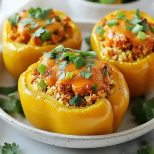 - Ground chicken and its preparation - You need 1 pound of ground chicken. Cook it until it’s brown in a skillet. This gives a nice flavor and texture. Make sure to break it into small pieces as it cooks. - Whole30 compliant hot sauce options - Use 1/4 cup of hot sauce that meets Whole30 rules. Look for brands without added sugars or artificial ingredients. This sauce brings the buffalo flavor that makes these peppers special. - Fresh herbs for garnish - Use 1/4 cup of chopped fresh cilantro and 1/4 cup of sliced green onions. These herbs add a fresh taste and bright color. They make your dish look good too. Just sprinkle them on top before serving. This mix of ingredients creates a tasty and healthy meal. You can enjoy these stuffed peppers without worry. {{ingredient_image_1}} First, you need to preheat your oven to 375°F (190°C). This temperature is key for cooking the peppers just right. If your oven is too cool, the peppers won’t soften well. On the other hand, if it’s too hot, they might burn. To make clean-up easy, line your baking dish with parchment paper. This way, any drips or spills will not stick to the dish. You can simply toss the paper when you’re done! Next, let’s prep the bell peppers. Start by washing them well under cold water. This removes any dirt or pesticides. Then, slice off the tops of the peppers and remove the seeds and membranes inside. This step is important because the seeds can be bitter. You can use any color of bell pepper you like, such as red, yellow, or green. Each adds a unique flavor! Now it’s time to cook the chicken. Heat one tablespoon of olive oil in a large skillet over medium heat. When the oil is hot, add the finely chopped onion and minced garlic. Sauté them for about three minutes until the onion turns translucent. Next, crank up the heat to medium-high and add one pound of ground chicken. Cook it for about five to seven minutes. Stir the chicken often to break it into small pieces. Make sure it cooks all the way through; there should be no pink left! After the chicken is done, mix in the cauliflower rice, hot sauce, smoked paprika, onion powder, salt, and pepper. Cook this mixture for another three to four minutes until it’s well combined and heated through. Now you’re ready to stuff those peppers! To boost the buffalo chicken flavor, adjust the spices. You can add more smoked paprika for a deeper taste. A pinch of cayenne can add heat if you like it spicy. Mixing in some celery or carrots gives a fresh crunch. These veggies can balance the heat while adding texture. Prepare your ingredients a day ahead for easy cooking. Chop the onion and garlic, and store them in the fridge. You can also cook the ground chicken mix beforehand. Store the mixture in an airtight container. Assemble the stuffed peppers when you're ready to bake. This saves time on busy nights. Serve these stuffed peppers with a crisp salad. A side of carrot sticks or cucumber slices pairs well too. For utensils, use a fork and a knife for easy eating. Enjoy every bite of this flavorful meal! Pro Tips Choose Your Peppers Wisely: Select firm and vibrant bell peppers to ensure they hold their shape while baking and provide a satisfying crunch. Customize the Spice Level: Adjust the amount of hot sauce based on your preference; for a milder flavor, start with less and add more as needed. Make Ahead: Prepare the stuffed peppers in advance and store them uncooked in the fridge for up to a day. Just bake them when you're ready to serve! Garnish for Flavor: Don't skip the garnish! Fresh cilantro and green onions add a burst of flavor and color to your dish. {{image_2}} You can switch the ground chicken for other proteins. Ground turkey works well. It has a mild flavor and cooks similarly. If you prefer beef, use lean ground beef for a richer taste. For a unique twist, try shredded chicken or even pulled pork. If you want vegan options, use lentils or chickpeas. These beans add great texture. You can also mash cauliflower instead of rice for a lighter filling. While bell peppers are tasty, try other vegetables too. Zucchini or eggplant can be fun bases. They hold up well and soak up flavors. You can also use portobello mushrooms for a meaty texture. Get creative with flavors! Add different spices like cumin or chili powder. You can even mix in some diced tomatoes for a fresh taste. Each variation can give your dish a new life. To keep your Whole30 Buffalo Chicken Stuffed Peppers fresh, use airtight containers. Glass containers work great. They help keep the peppers moist and tasty. Make sure to let them cool down before sealing. If you want to freeze them, wrap each pepper in plastic wrap. Then, put them in a freezer-safe bag. This keeps out air and prevents freezer burn. They can stay in the freezer for up to three months. When it's time to reheat, you have options. To keep the peppers moist, use the oven. Preheat it to 350°F (175°C). Place the peppers in a baking dish and cover with foil. Heat for about 20 minutes. If you're in a rush, the microwave works too. Just heat them for 2-3 minutes. Check if they are warm throughout. Enjoy your meal without losing that delicious flavor! Yes, you can make these stuffed peppers ahead of time. Prepare the filling first. Cook the chicken, onions, and spices as directed. Then, let the mixture cool. Stuff the peppers and cover them with plastic wrap. Store them in the fridge for up to 24 hours. When you are ready to eat, bake them as instructed. They may need a few extra minutes in the oven if they are cold from the fridge. This method saves time and keeps flavors fresh. If you want alternatives to cauliflower rice, try these options: - Riced broccoli - Finely chopped zucchini - Shredded carrots - Riced turnips These substitutions keep the dish compliant with Whole30. Choose any that you like best. Each option brings its own flavor and texture. Yes, stuffed peppers fit the Whole30 guidelines. This recipe uses ground chicken, fresh vegetables, and Whole30 compliant hot sauce. The peppers themselves are a great low-carb option. All ingredients support the Whole30 plan, making this dish a healthy choice. Enjoy these stuffed peppers guilt-free while following your Whole30 journey. In this blog post, we explored making Whole30 Buffalo Chicken Stuffed Peppers. You learned about the key ingredients, from ground chicken to fresh herbs. We followed step-by-step instructions for prepping and cooking, including tips for perfect flavor. Variations let you mix proteins and peppers for more fun. Lastly, we covered storage and reheating tips for leftovers. Buffalo chicken peppers are tasty and easy. With this recipe, you can create a healthy meal sure to impress. Enjoy your cooking adventure!