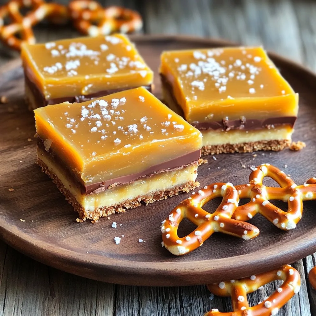 - 2 cups crushed pretzels - 1/2 cup unsalted butter, melted - 1/2 cup brown sugar, packed - 1 cup granulated sugar - 1 cup heavy cream - 1 teaspoon vanilla extract - 1 cup semi-sweet chocolate chips - Flaky sea salt, for topping You can make this recipe with a few changes. Here are some swaps: - Use gluten-free pretzels if you need a gluten-free option. - Swap unsalted butter for coconut oil for a dairy-free choice. - If you prefer, use light brown sugar instead of dark brown sugar. - For a different flavor, try using dark chocolate chips instead of semi-sweet. Each component plays a key role in making these bars shine: - Crushed pretzels add crunch and saltiness, creating a great base. - Unsalted butter binds the pretzels together and gives richness. - Brown sugar adds depth and a caramel-like flavor to the mix. - Granulated sugar helps create a smooth and thick caramel. - Heavy cream is vital for a creamy texture in the caramel. - Vanilla extract enhances the overall flavor with warmth. - Chocolate chips provide a sweet finish and balance the saltiness. - Flaky sea salt on top gives a delightful contrast and accentuates flavors. To start, you need to mix crushed pretzels with melted butter. In a bowl, combine 2 cups of crushed pretzels and 1/2 cup of melted unsalted butter. Stir until the pretzels are coated well. Next, line an 8x8-inch baking pan with parchment paper. Leave some paper hanging over the edges. This will help you lift the bars later. Press the pretzel mixture evenly into the bottom of the pan. This forms a solid base. After that, place the pan in the fridge to set while you make the caramel. For the caramel, use a medium saucepan. Add 1/2 cup of packed brown sugar, 1 cup of granulated sugar, and 1 cup of heavy cream. Heat over medium. Stir the mixture as it heats. Keep stirring until the sugars dissolve. Then let it boil gently for about 5 minutes. Do not stir while it boils. This helps the caramel thicken. Once it thickens, take it off the heat. Stir in 1 teaspoon of vanilla extract. Let the caramel cool for a few minutes. Now, pour the warm caramel over the pretzel base. Spread it out evenly. Place the pan back in the fridge for about 30 minutes. While the caramel sets, melt 1 cup of semi-sweet chocolate chips. Use a microwave-safe bowl. Heat in 30-second intervals, stirring after each. Once melted and smooth, pour the chocolate over the caramel. Spread it evenly. Finally, sprinkle some flaky sea salt on top. This adds a nice salty touch. Chill the pan again for at least one hour until fully set. When ready, lift the bars out using the parchment paper. Cut them into squares or rectangles. Enjoy your tasty treat! To keep your caramel smooth, use medium heat. This will help the sugars melt evenly. Stir the mixture well but do not stir once it boils. Let it bubble for about five minutes. This helps it thicken without getting sticky. If your caramel becomes too sticky, it may have cooked too long. Keep an eye on it as it cooks. A solid base is key for these bars. After mixing the crushed pretzels and melted butter, press the mixture firmly into the pan. Use a flat tool to even it out. This step helps the bars hold their shape. Chilling the base for a bit before adding caramel sets it better. Aim for at least 15 minutes in the fridge. To melt the chocolate chips smoothly, use short bursts in the microwave. Heat for 30 seconds at a time. Stir in between to avoid burning. If you see some unmelted chips, stir them in as the heat will help them melt. Alternatively, you can use a double boiler for more control. Both methods will give you a nice, glossy chocolate finish. {{image_2}} You can make these bars even better by adding nuts. Chopped pecans or walnuts work well. They add crunch and a nice flavor. Just mix in about 1 cup of your favorite nuts with the pretzel base. You can also use mini M&M's or chocolate chips for some fun color and extra sweetness. If you want a twist, try using dark chocolate or white chocolate. Dark chocolate gives a rich taste. White chocolate adds a sweet creaminess. Melt the chocolate like in the recipe, and spread it over the caramel layer. You can also mix chocolates for a layered look. Want to add some zing to your caramel? You can infuse it with flavors like sea salt, espresso, or orange zest. Just add 1 teaspoon of your chosen flavor when you stir in the vanilla extract. This gives your bars a unique touch that will impress your friends and family. To keep your no-bake salted caramel pretzel bars fresh, store them in an airtight container. This helps prevent them from drying out. You can layer the bars with parchment paper to avoid sticking. Make sure to keep the container in a cool, dry place or in the fridge for extra freshness. These bars last about a week in the fridge. The caramel stays soft, and the pretzel base remains crunchy. If you notice any change in texture or smell, it's best to toss them out. Always check for freshness before you indulge. You can freeze these bars for up to three months. Cut them into squares before freezing for easy serving. Wrap each piece in plastic wrap and then place them in a freezer-safe bag. When you want to enjoy them, just take out what you need and let them thaw in the fridge. Yes, you can use gluten-free pretzels. Many brands offer tasty options. Look for ones that have a similar crunch and texture. They will work just as well in this recipe. Substitute them directly in the same amount as regular pretzels. Everyone can enjoy these delicious bars! If your caramel is runny, it may not have cooked long enough. The key is to let it boil until it thickens. Cook it for a few more minutes over medium heat. Stir it gently and watch for bubbles. When it coats the back of a spoon, it’s ready. If it’s still too thin, let it cool slightly before adding it to the bars. These bars are perfect on their own, but you can add fun sides! Try serving them with vanilla ice cream or whipped cream. A drizzle of extra caramel sauce can also enhance the experience. Fresh fruit like strawberries or raspberries adds a nice balance. Enjoy these bars with friends and family for a sweet treat! We covered everything you need for making No-Bake Salted Caramel Pretzel Bars. You learned about the key ingredients and their importance. We shared step-by-step instructions for effortless success. You got tips to avoid common mistakes and ideas for tasty variations. Lastly, we discussed how to store and serve your bars. Enjoy making these sweet treats! They are fun and easy to share with others.