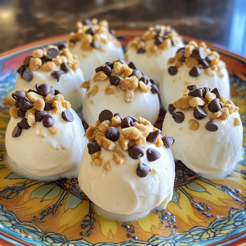 - 1 cup plain Greek yogurt - 1/2 cup creamy peanut butter - 2 tablespoons honey or maple syrup - 1 teaspoon vanilla extract - A pinch of sea salt To make the base of these frozen peanut butter yogurt bites, you need a few simple ingredients. First, grab one cup of plain Greek yogurt. It gives a creamy texture and tangy flavor. Next, measure out half a cup of creamy peanut butter. This adds richness and protein. Then, you will need two tablespoons of honey or maple syrup for sweetness. A teaspoon of vanilla extract brings warm notes. Finally, add a pinch of sea salt to enhance all the flavors. - Mini chocolate chips - Chopped nuts To make your bites even more fun, consider adding toppings. Mini chocolate chips give a sweet crunch. They melt slightly when frozen, adding a delightful surprise. Alternatively, chopped nuts can offer a satisfying bite and extra nutrition. You can mix and match these toppings based on your taste. Mixing the Ingredients To start, grab a mixing bowl. Add 1 cup of plain Greek yogurt and 1/2 cup of creamy peanut butter. Next, pour in 2 tablespoons of honey or maple syrup. Add 1 teaspoon of vanilla extract and a pinch of sea salt. Mix all these ingredients together until they are smooth and well-blended. It should look creamy and tasty. Preparing the Tray Now, it's time to prepare your tray. You can use a mini muffin tin, silicone ice cube tray, or mini cupcake liners. Line the tray with parchment paper. This will help you remove the bites easily later. Make sure every cup is ready for the yummy mix. Filling the Cups Using a spoon, fill each cup with the yogurt mixture. Aim to fill them about 3/4 full. This gives enough space for toppings and freezing. Make sure to leave some room so they don’t overflow. Adding Toppings Here comes the fun part! Sprinkle mini chocolate chips or chopped nuts on top of each filled cup. This adds flavor and texture. You can even get creative with your toppings if you like. Freezing Duration Now, place the tray in the freezer. Let the bites freeze for at least 2 to 3 hours, or until they are solid. Once they are frozen, carefully remove them from the tray. If you used a muffin tin, run a butter knife around the edges to help pop them out. Enjoy your tasty frozen treats! Ensuring a Smooth Mix To make your Frozen Peanut Butter Yogurt Bites great, you must mix well. Start with Greek yogurt and creamy peanut butter. Add honey or maple syrup, vanilla extract, and sea salt. Use a whisk or spoon to blend until it’s smooth. The goal is a homogenous mix without lumps. This will help your bites freeze evenly and taste yummy. Tips for Easy Removal Removing the frozen bites can be tricky if the tray is not prepped right. I suggest lining your muffin tin with parchment paper or using mini cupcake liners. This makes it easier to pop the bites out. If you use a muffin tin, gently run a butter knife around the edges after freezing. This helps loosen each bite. Creative Plating Ideas Presentation is key. Serve your bites on a fun, colorful plate. You can also use a cupcake box for a cheerful touch. This makes them look special and inviting. Arrange them in a circle or stack them high for visual impact. Adding fresh mint leaves can also boost the look. Pairing with Fresh Fruits For an extra treat, serve these bites with fresh fruits. Slices of banana, strawberries, or blueberries work well. The fruit adds brightness and flavor. You can create a mini fruit platter next to your yogurt bites. This combo makes for a healthy and tasty snack that everyone will love. {{image_2}} You can make these frozen peanut butter yogurt bites even more fun with flavors! - Using Flavored Yogurt: Swap plain Greek yogurt for flavored yogurt. Try strawberry or vanilla for a sweet twist. These flavors add a new layer of taste without changing much. - Alternative Nut Butters: You can switch peanut butter for almond or cashew butter. Each nut butter brings its own flavor. Almond butter gives a nutty taste, while cashew butter is smooth and creamy. You can also change the recipe to fit your diet. - Low-Sugar Versions: Use less honey or maple syrup. You can also add a sugar substitute like stevia. This keeps the bites tasty but lowers the sugar. - Dairy-Free Alternatives: For a dairy-free option, try coconut yogurt. It has a creamy texture and a hint of coconut flavor. It’s a great choice for those who avoid dairy products. These variations let you enjoy frozen peanut butter yogurt bites your way! - Best Practices for Freezing: Always use an airtight container. This keeps air out and prevents freezer burn. You can also use freezer bags, but make sure to squeeze out all the air. Label the container with the date. This helps you keep track of freshness. - Duration for Quality: Frozen Peanut Butter Yogurt Bites stay tasty for up to two weeks. After that, they may lose flavor or texture. I recommend enjoying them within this time for the best taste. - How to Thaw Safely: To thaw, take out only what you need. Let the bites sit at room temperature for about 10 minutes. If you want them faster, place them in the fridge for 30 minutes. Avoid microwaving, as it can change their texture. - Reusing Leftovers: If you have leftover bites, store them back in the container. Just make sure they are not thawed before putting them back. They can be refrozen, but it’s best to eat them fresh for the best flavor. How long do Frozen Peanut Butter Yogurt Bites last? Frozen Peanut Butter Yogurt Bites last up to two weeks in the freezer. Seal them in an airtight container to keep them fresh. After two weeks, they might lose texture or flavor. Can I use alternate sweeteners? Yes, you can use other sweeteners. Try agave syrup or stevia. Adjust the amount to match your taste. This keeps the bites sweet and enjoyable. Is this recipe suitable for kids? Absolutely! This recipe is great for kids. The bites are fun, tasty, and easy to make. They are also a healthier snack choice compared to candy or cookies. What kitchen tools do I need? You need a mixing bowl, a spoon, and a muffin tin or silicone tray. Parchment paper or mini cupcake liners help with easy removal. These tools make the process smooth and fun. Can I make these without a muffin tin? Yes, you can! If you don’t have a muffin tin, use an ice cube tray. Just be sure to line it for easy removal. You can also use small cups or silicone molds. You now have a simple and tasty recipe for frozen peanut butter yogurt bites. We covered the key ingredients and prep steps. You learned about toppings, variations, and storage tips. These bites are easy to make and fun to eat. Change the flavors to keep things fresh. Store them well for later enjoyment. With this guide, you can whip up a delicious treat any time. Enjoy making and sharing these bites with friends and family!