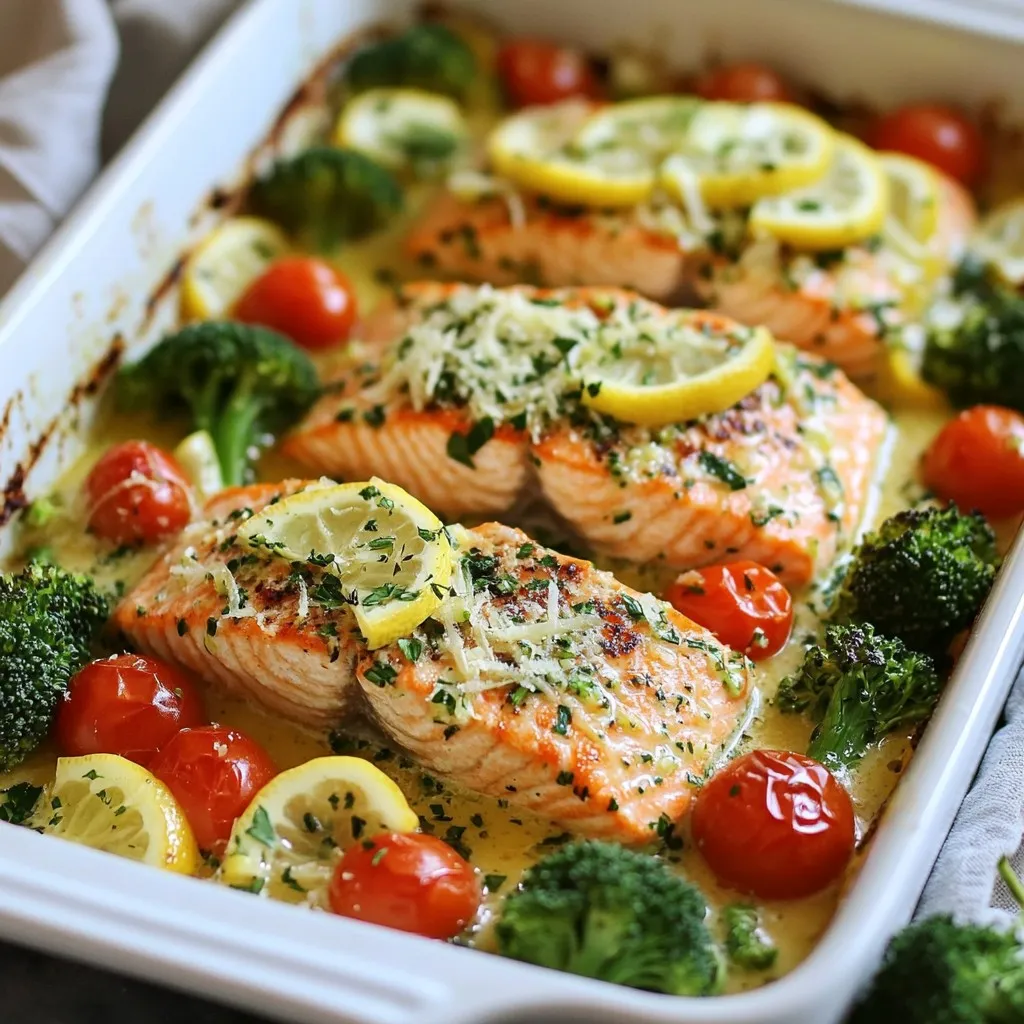 - 4 salmon fillets - 2 tablespoons olive oil - 2 tablespoons unsalted butter, melted - 1 lemon, zested and juiced Salmon fillets are the star of this dish. They provide a rich, buttery flavor that pairs well with lemon. Olive oil and melted butter add richness and help keep the fish moist. The lemon zest and juice bring a bright, fresh taste. - 3 cloves garlic, minced - 1 cup cherry tomatoes, halved - 1 cup broccoli florets - 1/2 cup grated Parmesan cheese Minced garlic gives a savory punch. Cherry tomatoes add a sweet burst, while broccoli florets add color and nutrition. Grated Parmesan cheese enhances the dish with a salty, nutty depth. - Salt and pepper to taste - Fresh parsley, chopped for garnish Salt and pepper are key for flavor. Fresh parsley adds a pop of color and freshness as a garnish. This mix of ingredients makes a delightful meal that is both simple and tasty. {{ingredient_image_1}} First, we need to preheat the oven to 400°F (200°C). This step is key for even cooking. While the oven heats, grab a large mixing bowl. In this bowl, mix 2 tablespoons of olive oil, 2 tablespoons of melted butter, the zest of 1 lemon, the juice of that lemon, and 3 minced garlic cloves. Whisk these ingredients well until they blend together. Now, it's time to coat the salmon. Place 4 salmon fillets in a baking dish. Pour half of the lemon-garlic mixture over the fillets. Make sure they are evenly coated. Then, sprinkle salt and pepper to taste. Next, we’ll add some color and flavor. Add 1 cup of halved cherry tomatoes and 1 cup of broccoli florets around the salmon. This not only adds taste but also makes the dish look great. Drizzle the remaining lemon-garlic mixture over the veggies. Toss them lightly to coat. Now, sprinkle 1/2 cup of grated Parmesan cheese evenly across the salmon and vegetables. This will add a nice crust and flavor as it bakes. Place the baking dish in the oven. Bake for 15 to 20 minutes. To check doneness, look for the salmon to flake easily with a fork. The vegetables should also be tender. Once cooked, carefully remove the dish from the oven. Let it rest for a few minutes. This helps the flavors settle. Finally, garnish with fresh parsley for a pop of color before serving. Resting cooked salmon is key to keeping it moist. After you take it out of the oven, let it sit for about five minutes. This small wait allows the juices to settle. You get a juicier bite every time. To ensure even cooking of vegetables, cut them into similar sizes. This way, they cook at the same rate. For this recipe, cherry tomatoes and broccoli florets are great. They will roast nicely with the salmon. For presentation, you can serve the dish right from the baking dish. This gives a homey feel. If you want a fancier look, plate the salmon and veggies on individual plates. Add a lemon wedge to brighten it up visually. Flavor pairings can enhance your meal. Try serving it with a light salad or garlic bread. A chilled white wine, like Sauvignon Blanc, goes well with this dish too. One common mistake is overcooking salmon. Keep an eye on the time. Salmon should flake easily with a fork but not be dry. If you see it start to lose its pink hue, it’s time to take it out. Another mistake is not seasoning adequately. Don’t skip the salt and pepper. They bring out the flavor of the salmon and veggies. A little sprinkle goes a long way in making your dish taste great. Pro Tips Use Fresh Ingredients: For the best flavor, opt for fresh salmon and seasonal vegetables. Fresh ingredients can elevate the dish significantly. Adjust Cooking Time: Cooking times may vary based on the thickness of the salmon fillets. Always check for doneness by ensuring the salmon flakes easily with a fork. Experiment with Seasonings: Feel free to add other herbs and spices, such as dill or red pepper flakes, to customize the flavor profile to your liking. Serve with Sides: Pair this dish with a light salad or quinoa for a complete meal. The fresh flavors complement a variety of sides beautifully. {{image_2}} You can try other fish if you want. Cod, tilapia, or trout work well. These fish have mild flavors and cook similarly to salmon. If you prefer a different taste, feel free to switch it up. You can also change the vegetables in this dish. Asparagus, green beans, or zucchini are great options. They add color and crunch. Choose what you like best or what you have at home. Adding herbs or spices can boost the flavor. Fresh dill, thyme, or basil pair well with lemon and salmon. For a kick, try red pepper flakes. You can mix these into the lemon-garlic sauce or sprinkle them on top. If you want a different cheese, consider feta or goat cheese. They add a unique taste and creamy texture. Just be sure to adjust the amount, as these cheeses can be saltier. You can cook this meal in a skillet or on the grill. For a skillet, heat some oil and cook the salmon for about 4-5 minutes each side. Add the veggies later, cooking until tender. Grilling gives a smoky flavor. Use a grill pan or foil to keep the fish and veggies from falling through the grates. If you want to try sous vide, season the salmon and seal it in a bag. Cook it in a water bath at 125°F for about 45 minutes. This method keeps the fish moist and tender while letting you cook the veggies separately. To keep your One-Pan Lemon Parmesan Salmon fresh, use airtight containers. Glass containers work well, as they do not stain or retain odors. For best results, store the salmon and veggies separately. You can keep leftovers in the fridge for up to three days. If you want to save them longer, freeze them. In the freezer, they last for about two months. When reheating salmon, use the oven or a skillet. For the oven, heat it to 350°F (175°C). Place the salmon on a baking sheet and cover with foil. Bake for about 10 minutes. This method helps keep the salmon moist and tasty. If using a skillet, heat it over medium-low. Add a little olive oil, then warm the salmon for about five minutes. This way, the flavors stay intact and the fish stays flaky. To simplify busy nights, you can prepare the salmon in advance. Mix the marinade and coat the fish before storing it in the fridge. This allows the flavors to soak in. You can also chop the veggies ahead of time. When ready to cook, just assemble everything in the baking dish. If you want to freeze, portion out the salmon and veggies in freezer bags. Label them with the date to keep track of freshness. Bake salmon for 15 to 20 minutes at 400°F. The salmon should flake easily when done. A thicker fillet may need extra time. Always check for doneness with a fork. Yes, you can use frozen salmon. Just thaw it first for best results. If you bake it from frozen, add a few extra minutes to the cooking time. Fresh salmon has a different texture but frozen works well too. I love serving this salmon with simple sides. Here are some great options: - Steamed rice or quinoa for a filling base. - A light salad with mixed greens for freshness. - Roasted potatoes for a hearty touch. Yes, you can use other citrus fruits. Lime or orange juice adds a unique twist. Each option brings its own flavor. This can enhance the dish with new tastes. This post provided a clear guide on making One-Pan Lemon Parmesan Salmon. You learned about key ingredients, including salmon, lemon, and Parmesan. We covered step-by-step instructions, cooking tips, common mistakes, and variations. To wrap it up, follow these steps for a tasty meal. Use the tips to avoid problems and make it your own with variations. When done right, this dish can impress anyone at your table. Enjoy your cooking!
