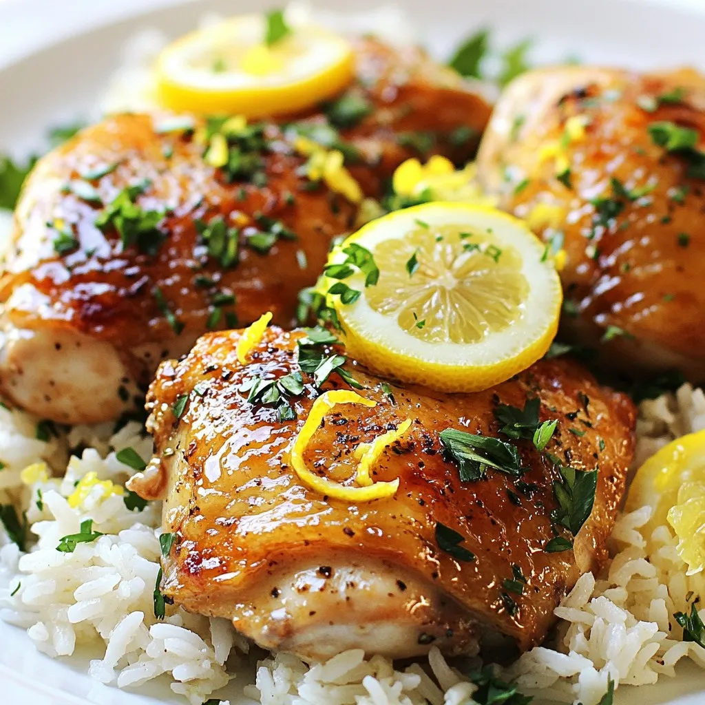 - 4 boneless, skinless chicken thighs - 1 cup long-grain rice - 2 cups chicken broth - 1 teaspoon dried thyme - 1 teaspoon dried rosemary - 1 teaspoon paprika - 1 large onion, diced - 3 cloves garlic, minced - 1 lemon (zest and juice) - 2 tablespoons olive oil - Fresh parsley, chopped (for garnish) Gathering the right ingredients is key for this dish. Start with boneless chicken thighs. They stay juicy and tender. Next, grab long-grain rice to soak up all the flavors. Using chicken broth instead of water adds depth to the rice. For spices, dried herbs work best. Use thyme and rosemary for a warm taste. A pinch of paprika adds color and a subtle kick. Fresh ingredients bring life to your meal. Dice a large onion and mince three cloves of garlic for a rich base. A lemon is essential for zest and juice, giving the dish a bright flavor. Don’t forget olive oil for cooking and a drizzle at the end. Lastly, sprinkle fresh parsley on top for a pop of color and freshness. This mix of ingredients creates a balanced and delightful meal. Enjoy the process of selecting them, as it sets the stage for your Lemon Herb Chicken and Rice. {{ingredient_image_1}} To start, gather your marinade ingredients. You will need olive oil, lemon juice, lemon zest, minced garlic, dried thyme, dried rosemary, paprika, salt, and pepper. Mix these in a bowl until combined. Coat the chicken thighs well with this mixture. Make sure every piece gets some love. Then, place the chicken in the fridge for at least 30 minutes. This helps the flavors soak in. Next, heat a little olive oil in a large skillet over medium heat. Wait until the oil is hot. Then, add your marinated chicken thighs. Sear them until they are golden brown, about 5-7 minutes per side. Once done, remove the chicken from the skillet and set it aside. This step seals in the juices. In the same skillet, add your diced onion. Sauté it until it turns translucent, which takes about 3-4 minutes. Then, add the rice and stir it around for 2 minutes. This step coats the rice with all those yummy flavors. Next, pour in 2 cups of chicken broth and bring it to a boil. Return the seared chicken to the skillet, nestling it into the rice. Lower the heat, cover the skillet, and let it simmer for about 20 minutes. This allows the rice to cook and absorb all the good flavors from the chicken. To boost flavor, make a marinade with olive oil, lemon juice, and spices. Use fresh garlic, thyme, and rosemary for the best taste. Coat the chicken thighs well. For deep flavor, marinate for at least 30 minutes, but one hour is even better. To prevent overcooking the rice, use a timer. Once you add the broth, let it boil before covering it. Keep the heat low while it simmers. This helps the rice absorb all the flavors. For juicy chicken, sear each side for 5-7 minutes. Then, simmer with the rice, so it cooks perfectly. Garnish your dish with fresh parsley and lemon slices for a bright look. Serve on a large platter to make it feel special. Drizzle with pan juices to add shine and extra flavor. This not only tastes great but also looks appealing! Pro Tips Marinate Longer for Flavor: For even more flavorful chicken, marinate the thighs overnight. This allows the herbs and lemon to fully penetrate the meat. Use Fresh Herbs: Substitute dried herbs with fresh ones if available. Fresh thyme and rosemary add a vibrant flavor and aroma to the dish. Check Rice Doneness: If the rice isn't fully cooked after 20 minutes, add a little more chicken broth and cover it again to finish cooking. Rest Before Serving: Let the dish rest for a few minutes after cooking. This helps the flavors meld together and makes for a more enjoyable meal. {{image_2}} You can change the rice in this recipe for a twist. Quinoa works great here. It cooks fast and adds a nice nutty taste. You can also try couscous. It cooks quickly and soaks up flavors well. If you prefer brown rice, that’s a good choice too. Just know it takes longer to cook. Aim for 40-50 minutes if you use brown rice. To make this dish even better, add some veggies. Bell peppers and peas can brighten the meal. They add color and nutrients. You can also spice it up! Adding chili flakes gives a nice kick. If you love herbs, fresh basil or parsley can boost flavor too. If you want to swap the chicken, use chicken breasts or thighs. They cook well and stay juicy. For a vegetarian option, try tofu or chickpeas. Tofu soaks up flavors and adds protein. Chickpeas are hearty and fill you up. Both options keep this dish tasty and satisfying. Lemon herb chicken and rice lasts in the fridge for up to four days. To keep it fresh, store it in an airtight container. This will help seal in moisture and flavor. Always let the dish cool before sealing. If you want to keep it longer, consider freezing it instead. You can freeze individual portions of lemon herb chicken and rice. Use freezer-safe containers or bags. Be sure to label them with the date. For best results, consume within three months. When you want to eat it, thaw it in the fridge overnight. You can also use the microwave for a quicker thaw. To keep the flavor and texture, reheat in the oven or on the stove. If using the oven, cover the dish with foil at 350°F for about 20 minutes. For the stove, add a splash of broth to prevent drying out. Always check that the chicken is heated to 165°F before serving. Handle leftovers safely by not leaving them out for more than two hours. You can pair this dish with many sides. Here are some tasty options: - Steamed broccoli - Roasted carrots - Green salad with vinaigrette - Garlic bread - Sautéed green beans These sides add color and flavor to your meal. They also balance the lemony taste of the chicken. Yes, you can use brown rice. However, it takes longer to cook. Here are some tips: - Use 2 ½ cups of chicken broth for 1 cup of brown rice. - Cook the rice for about 40-45 minutes instead of 20 minutes. - Check if the rice is tender before serving. Brown rice adds a nice nutty flavor. It also boosts the fiber in your meal. To check if the chicken is done, use these tips: - Cut into the thickest part of the thigh. The meat should be white, not pink. - Use a meat thermometer. The internal temperature should reach 165°F (75°C). - Juices should run clear when you cut into it. These methods help ensure your chicken is safe and delicious. Enjoy your meal with confidence! This recipe combines chicken, rice, and bright flavors. You learned to marinate the chicken and cook the rice perfectly. Using fresh herbs and spices enhances taste. Variations give you options for dietary needs. Proper storage keeps leftovers tasty. I hope you enjoy cooking this dish and sharing it with others. Experiment with flavors, and make it your own. Happy cooking!
