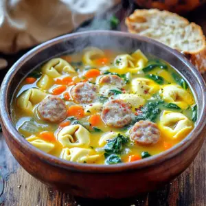 To make Autumn Sausage Tortellini Soup, gather these ingredients: - 1 tablespoon olive oil - 1 pound Italian chicken sausage, casings removed - 1 medium onion, chopped - 2 cloves garlic, minced - 2 large carrots, diced - 2 stalks celery, diced - 6 cups chicken broth - 1 can (14.5 oz) diced tomatoes, undrained - 1 teaspoon dried thyme - 1 teaspoon dried oregano - 1/2 teaspoon red pepper flakes (optional) - 1 package (9 oz) cheese tortellini - 2 cups fresh spinach or kale, chopped - Salt and pepper to taste - Grated Parmesan cheese for serving Fresh and dried herbs add flavor to the soup. Fresh herbs often have a bright taste. You can use fresh thyme and oregano if you have them. Use about three times more fresh herbs than dried. Dried herbs work great too. They provide strong flavor, which is perfect for soups. Some ingredients can be swapped based on your taste or what you have. Use turkey or pork sausage instead of chicken sausage. If you want a vegetarian option, use veggie sausage or skip the meat. You can replace spinach with kale or another green. If you have no tortellini, try any pasta you love. Just adjust the cooking time. Start by heating 1 tablespoon of olive oil in a large pot over medium heat. Once hot, add 1 pound of Italian chicken sausage, casings removed. Cook the sausage for about 5-7 minutes. Break it apart with a spatula as it cooks. This helps it brown evenly and adds flavor to the soup. Next, add a chopped medium onion, 2 minced garlic cloves, 2 diced large carrots, and 2 diced stalks of celery. Sauté these vegetables for about 5 minutes until they become tender. This step builds a strong base for your soup. Pour in 6 cups of chicken broth and stir in a can of 14.5 oz diced tomatoes, undrained. Add 1 teaspoon of dried thyme, 1 teaspoon of dried oregano, and 1/2 teaspoon of red pepper flakes if you like some heat. Bring everything to a boil. Once boiling, reduce the heat to a simmer. Now, add a package of 9 oz cheese tortellini. Cook according to the package instructions, usually about 3-5 minutes, until the tortellini is tender. After the tortellini cooks, stir in 2 cups of fresh spinach or kale. Cook for 2-3 more minutes until the greens wilt down. Finally, season the soup with salt and pepper to taste. - Heating olive oil: 1 minute - Cooking sausage: 5-7 minutes - Sautéing vegetables: 5 minutes - Bringing broth to boil: 2-3 minutes - Cooking tortellini: 3-5 minutes - Wilting greens: 2-3 minutes This brings your total cooking time to around 30 minutes. For a great texture, make sure not to overcook the tortellini. Keep an eye on it as it cooks. The tortellini should be soft but still hold its shape. Adding spinach or kale at the end keeps it vibrant and fresh. Use fresh ingredients when possible. Fresh herbs and veggies add more flavor and a nice crunch. If you want a thicker soup, let it simmer a bit longer before you add the tortellini. To make this soup even tastier, consider these tips: - Use fresh herbs: Fresh thyme and oregano bring bright flavors. - Add a splash of lemon juice: This gives a nice balance to the soup. - Choose high-quality broth: A rich chicken broth makes a big difference. - Sauté longer: Cook the onions and garlic until golden to deepen their flavor. - Incorporate wine: A splash of white wine can add depth before adding broth. Some mistakes can lessen your soup's quality: - Skipping the sauté: Don't rush this step; it adds essential flavor. - Not seasoning enough: Taste as you go. Salt and pepper matter! - Overcooking the tortellini: Follow package instructions closely to keep them tender. - Using canned tomatoes with added sugar: Choose plain diced tomatoes for a savory taste. - Ignoring fresh greens: Add spinach or kale at the end to keep them vibrant and fresh. Having the right tools makes cooking easier: - Large pot: This helps to cook all the ingredients evenly. - Wooden spoon: Use it for stirring the sausage and vegetables. - Measuring spoons: They ensure you add the right amount of herbs and spices. - Ladle: Perfect for serving your soup without spills. - Cutting board and knife: Essential for chopping veggies quickly and safely. {{image_2}} You can switch the Italian chicken sausage for other meats. Try ground turkey or pork. These meats add a different taste but keep the soup rich. You can also use smoked sausage for a deeper flavor. Just make sure to cook it well to get rid of excess fat. To make this soup vegetarian, skip the sausage. Use mushrooms for a meaty texture. Add more beans like cannellini or chickpeas for protein. For a vegan version, substitute chicken broth with vegetable broth. You can also use plant-based tortellini that has no animal products. This way, you keep all the flavors but make it plant-based. Autumn brings a variety of veggies. You can add diced butternut squash or sweet potatoes for sweetness. Kale or Swiss chard works well too, adding nutrition and color. You can also toss in some fresh herbs like parsley or basil for extra flavor. These changes let you customize the soup to match your taste and what’s fresh at the market. To keep your Autumn Sausage Tortellini Soup fresh, let it cool first. Pour the soup into an airtight container. Make sure to leave some space at the top. The soup will expand when frozen. Store it in the fridge if you plan to eat it within three days. If longer, freeze it for later use. When you’re ready to enjoy your soup again, heat it on the stove. Use low to medium heat to avoid burning. Stir it often to warm it evenly. You can also use a microwave. Place the soup in a microwave-safe bowl. Heat it in short bursts, stirring in between, until hot. If you want to freeze your soup, use freezer-safe containers. Portion it out to make it easy to thaw. Label your containers with the date. The soup can last up to three months in the freezer. To reheat, thaw it in the fridge overnight before warming on the stove. Yes, you can use fresh tortellini. Fresh tortellini cooks faster than frozen. You should reduce the cooking time to about 2-3 minutes. This way, it stays tender and delicious in your soup. This soup can last up to three days in the fridge. Make sure to store it in an airtight container. When you reheat, stir well to mix the flavors. Absolutely! Making this soup ahead of time works great. The flavors actually improve after a day. Just cool it down before storing in the fridge. Reheat it on the stove for the best taste. This blog post covered key points for making a delicious soup. We discussed ingredients, including fresh herbs and substitutions. You learned step-by-step cooking methods, tips for texture, and timing. We shared tricks to enhance flavor and avoid mistakes. Various protein options and storage tips were also highlighted. With these insights, you can make a tasty soup every time. Remember, cooking is fun and full of surprises! Enjoy your kitchen journey.