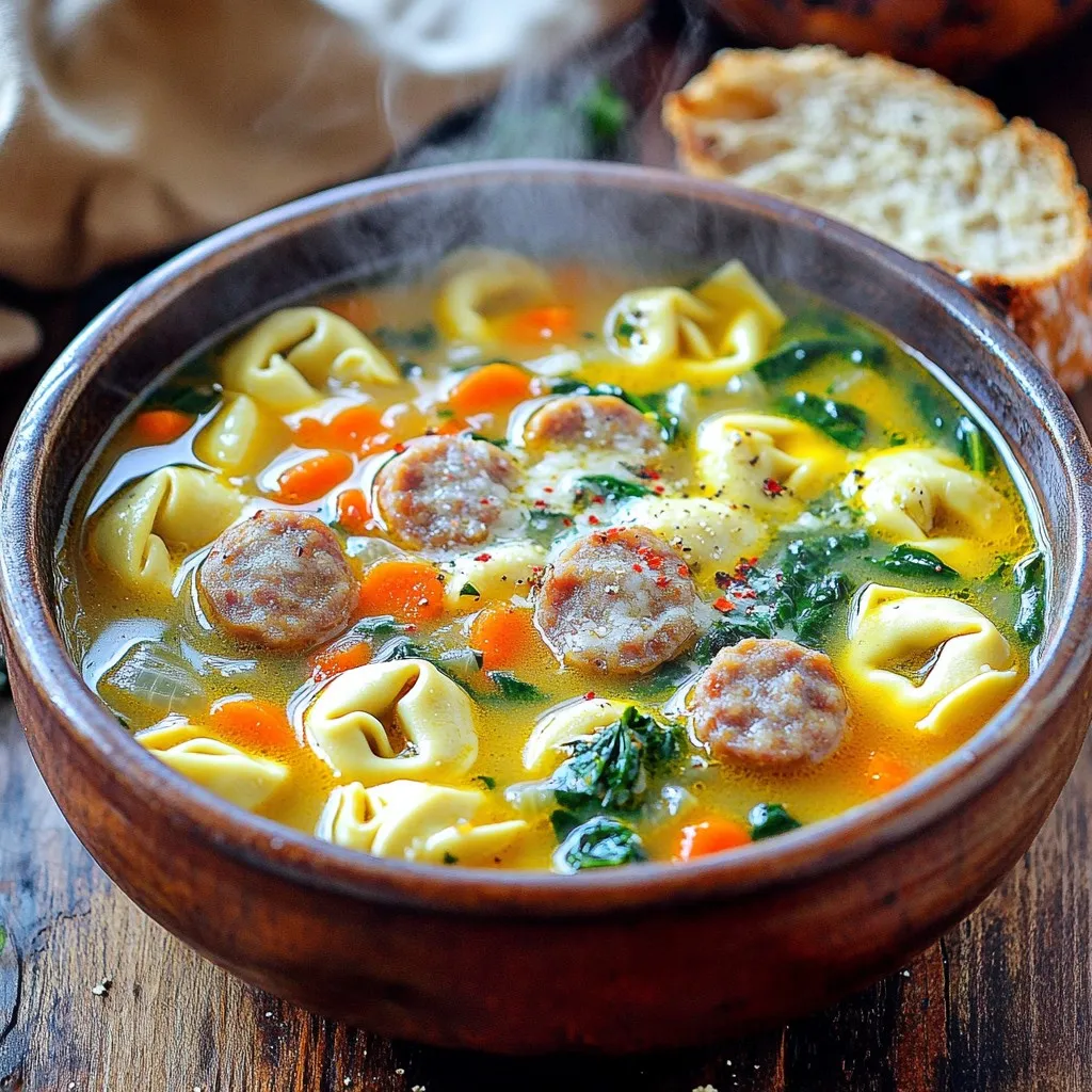 To make Autumn Sausage Tortellini Soup, gather these ingredients: - 1 tablespoon olive oil - 1 pound Italian chicken sausage, casings removed - 1 medium onion, chopped - 2 cloves garlic, minced - 2 large carrots, diced - 2 stalks celery, diced - 6 cups chicken broth - 1 can (14.5 oz) diced tomatoes, undrained - 1 teaspoon dried thyme - 1 teaspoon dried oregano - 1/2 teaspoon red pepper flakes (optional) - 1 package (9 oz) cheese tortellini - 2 cups fresh spinach or kale, chopped - Salt and pepper to taste - Grated Parmesan cheese for serving Fresh and dried herbs add flavor to the soup. Fresh herbs often have a bright taste. You can use fresh thyme and oregano if you have them. Use about three times more fresh herbs than dried. Dried herbs work great too. They provide strong flavor, which is perfect for soups. Some ingredients can be swapped based on your taste or what you have. Use turkey or pork sausage instead of chicken sausage. If you want a vegetarian option, use veggie sausage or skip the meat. You can replace spinach with kale or another green. If you have no tortellini, try any pasta you love. Just adjust the cooking time. Start by heating 1 tablespoon of olive oil in a large pot over medium heat. Once hot, add 1 pound of Italian chicken sausage, casings removed. Cook the sausage for about 5-7 minutes. Break it apart with a spatula as it cooks. This helps it brown evenly and adds flavor to the soup. Next, add a chopped medium onion, 2 minced garlic cloves, 2 diced large carrots, and 2 diced stalks of celery. Sauté these vegetables for about 5 minutes until they become tender. This step builds a strong base for your soup. Pour in 6 cups of chicken broth and stir in a can of 14.5 oz diced tomatoes, undrained. Add 1 teaspoon of dried thyme, 1 teaspoon of dried oregano, and 1/2 teaspoon of red pepper flakes if you like some heat. Bring everything to a boil. Once boiling, reduce the heat to a simmer. Now, add a package of 9 oz cheese tortellini. Cook according to the package instructions, usually about 3-5 minutes, until the tortellini is tender. After the tortellini cooks, stir in 2 cups of fresh spinach or kale. Cook for 2-3 more minutes until the greens wilt down. Finally, season the soup with salt and pepper to taste. - Heating olive oil: 1 minute - Cooking sausage: 5-7 minutes - Sautéing vegetables: 5 minutes - Bringing broth to boil: 2-3 minutes - Cooking tortellini: 3-5 minutes - Wilting greens: 2-3 minutes This brings your total cooking time to around 30 minutes. For a great texture, make sure not to overcook the tortellini. Keep an eye on it as it cooks. The tortellini should be soft but still hold its shape. Adding spinach or kale at the end keeps it vibrant and fresh. Use fresh ingredients when possible. Fresh herbs and veggies add more flavor and a nice crunch. If you want a thicker soup, let it simmer a bit longer before you add the tortellini. To make this soup even tastier, consider these tips: - Use fresh herbs: Fresh thyme and oregano bring bright flavors. - Add a splash of lemon juice: This gives a nice balance to the soup. - Choose high-quality broth: A rich chicken broth makes a big difference. - Sauté longer: Cook the onions and garlic until golden to deepen their flavor. - Incorporate wine: A splash of white wine can add depth before adding broth. Some mistakes can lessen your soup's quality: - Skipping the sauté: Don't rush this step; it adds essential flavor. - Not seasoning enough: Taste as you go. Salt and pepper matter! - Overcooking the tortellini: Follow package instructions closely to keep them tender. - Using canned tomatoes with added sugar: Choose plain diced tomatoes for a savory taste. - Ignoring fresh greens: Add spinach or kale at the end to keep them vibrant and fresh. Having the right tools makes cooking easier: - Large pot: This helps to cook all the ingredients evenly. - Wooden spoon: Use it for stirring the sausage and vegetables. - Measuring spoons: They ensure you add the right amount of herbs and spices. - Ladle: Perfect for serving your soup without spills. - Cutting board and knife: Essential for chopping veggies quickly and safely. {{image_2}} You can switch the Italian chicken sausage for other meats. Try ground turkey or pork. These meats add a different taste but keep the soup rich. You can also use smoked sausage for a deeper flavor. Just make sure to cook it well to get rid of excess fat. To make this soup vegetarian, skip the sausage. Use mushrooms for a meaty texture. Add more beans like cannellini or chickpeas for protein. For a vegan version, substitute chicken broth with vegetable broth. You can also use plant-based tortellini that has no animal products. This way, you keep all the flavors but make it plant-based. Autumn brings a variety of veggies. You can add diced butternut squash or sweet potatoes for sweetness. Kale or Swiss chard works well too, adding nutrition and color. You can also toss in some fresh herbs like parsley or basil for extra flavor. These changes let you customize the soup to match your taste and what’s fresh at the market. To keep your Autumn Sausage Tortellini Soup fresh, let it cool first. Pour the soup into an airtight container. Make sure to leave some space at the top. The soup will expand when frozen. Store it in the fridge if you plan to eat it within three days. If longer, freeze it for later use. When you’re ready to enjoy your soup again, heat it on the stove. Use low to medium heat to avoid burning. Stir it often to warm it evenly. You can also use a microwave. Place the soup in a microwave-safe bowl. Heat it in short bursts, stirring in between, until hot. If you want to freeze your soup, use freezer-safe containers. Portion it out to make it easy to thaw. Label your containers with the date. The soup can last up to three months in the freezer. To reheat, thaw it in the fridge overnight before warming on the stove. Yes, you can use fresh tortellini. Fresh tortellini cooks faster than frozen. You should reduce the cooking time to about 2-3 minutes. This way, it stays tender and delicious in your soup. This soup can last up to three days in the fridge. Make sure to store it in an airtight container. When you reheat, stir well to mix the flavors. Absolutely! Making this soup ahead of time works great. The flavors actually improve after a day. Just cool it down before storing in the fridge. Reheat it on the stove for the best taste. This blog post covered key points for making a delicious soup. We discussed ingredients, including fresh herbs and substitutions. You learned step-by-step cooking methods, tips for texture, and timing. We shared tricks to enhance flavor and avoid mistakes. Various protein options and storage tips were also highlighted. With these insights, you can make a tasty soup every time. Remember, cooking is fun and full of surprises! Enjoy your kitchen journey.