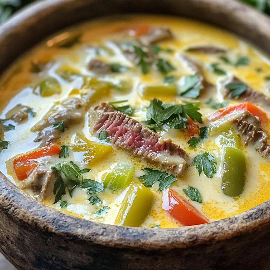 To make a delicious Philly cheesesteak soup, you need some key ingredients. Here’s what you’ll need: - 1 tablespoon olive oil - 1 medium onion, diced - 1 green bell pepper, diced - 1 red bell pepper, diced - 2 garlic cloves, minced - 1 pound ribeye steak, thinly sliced - 4 cups beef broth - 1 cup heavy cream - 1 tablespoon Worcestershire sauce - 1 teaspoon dried oregano - Salt and pepper to taste - 1 cup provolone cheese, shredded These ingredients blend together to create a rich and hearty soup. The ribeye steak brings a meaty flavor, while the peppers and onion add sweetness. Garnishes can elevate your soup. I recommend these options: - Fresh parsley, chopped - Extra provolone cheese, shredded - Sliced jalapeños for heat - Crusty bread on the side Using fresh parsley adds a bright color and fresh taste. Extra cheese makes it even creamier and more indulgent. Having the right tools makes cooking easier. For this recipe, you will need: - Large pot - Sharp knife - Cutting board - Wooden spoon - Ladle These tools will help you prepare and serve your soup with ease. A sharp knife is key for slicing the ribeye and veggies quickly. Start by gathering all your ingredients. This makes cooking easier. You need: - 1 tablespoon olive oil - 1 medium onion, diced - 1 green bell pepper, diced - 1 red bell pepper, diced - 2 garlic cloves, minced - 1 pound ribeye steak, thinly sliced - 4 cups beef broth - 1 cup heavy cream - 1 tablespoon Worcestershire sauce - 1 teaspoon dried oregano - Salt and pepper to taste - 1 cup provolone cheese, shredded - Fresh parsley, chopped (for garnish) Now, dice your onion and peppers. Mince the garlic. Thinly slice the ribeye steak. This prep helps the soup cook evenly. Heat the olive oil in a large pot over medium heat. Add the diced onion and both bell peppers. Sauté them for about 5 minutes. You want the veggies tender but not mushy. Next, add the minced garlic. Cook for another minute. Stir often to keep the garlic from burning. Increase the heat to medium-high. Add the ribeye steak. Cook until it browns, which should take about 5-7 minutes. Stir occasionally to cook all sides. Now, pour in the beef broth. Add the Worcestershire sauce and dried oregano. Bring the mix to a simmer. Let it cook for 10 minutes so the flavors blend well. Reduce the heat to low. Stir in the heavy cream. Season with salt and pepper to your liking. Remember, you can always add more later. Add the shredded provolone cheese. Stir until it melts and mixes into the soup. Let it simmer for another 5 minutes. This warms the soup and melds the flavors. Serve the soup hot. Ladle it into bowls and garnish with fresh chopped parsley. This adds color and a fresh taste to each bite. Enjoy your warm and hearty Philly cheesesteak soup! To make your soup creamier, use heavy cream. It gives a rich texture. You can blend some of the soup. This will thicken it and add smoothness. For a twist, try cream cheese or sour cream. Both will add flavor and creaminess. Ribeye steak is the best choice for this soup. It has great flavor and tenderness. You can also use sirloin, but it may be less juicy. Always slice the steak thinly. This ensures it cooks fast and stays tender. One common mistake is overcooking the steak. It can become tough and dry. Cook it just until browned. Another mistake is adding too much salt. Taste as you go and adjust slowly. Lastly, don’t skip the cheese. It adds that classic cheesesteak flavor! {{image_2}} To make a vegetarian version, swap the ribeye steak for mushrooms. Portobello or cremini mushrooms work best for flavor. Sauté them until they are tender and golden. Keep all the other ingredients the same. You’ll still get that rich taste and creamy texture. Add more veggies like zucchini or spinach for extra nutrition. This way, everyone can enjoy a warm bowl of comfort. For a keto-friendly twist, skip the heavy cream. Use a blend of cream cheese and chicken broth instead. This keeps the soup creamy while lowering carbs. You can also replace the ribeye with thinly sliced chicken or beef. Just ensure they are lean. Use low-carb vegetables, like broccoli and cauliflower, to keep it filling but light. These changes will keep your soup satisfying and delicious. If you love spice, try adding jalapeños or crushed red pepper. Sauté them with the onions and peppers for a kick. You can also drizzle hot sauce into the soup before serving. This lets each person adjust the heat to their liking. For an even bolder flavor, toss in some smoked paprika. This adds depth and a smoky taste that pairs well with the cheese. To keep leftover soup fresh, let it cool first. Then, transfer it to an airtight container. You can store it in the fridge for up to three days. This soup tastes even better the next day. The flavors blend nicely overnight. Be sure to label the container with the date. If you want to store the soup for longer, freezing is a great option. First, cool the soup completely. Then, pour it into freezer-safe containers. Leave some space at the top for expansion. You can freeze it for up to three months. Just remember to label each container with the date. When you're ready to enjoy your soup again, thaw it in the fridge overnight. Heat it on the stove over low to medium heat. Stir occasionally to prevent it from sticking. If it's too thick, add a splash of beef broth or cream. Make sure it's hot all the way through before serving. Enjoy your warm, cheesy comfort bowl! Yes, you can use a different cheese if you want. Cheddar or mozzarella work well. These cheeses add a nice flavor and melt easily. Just keep in mind that the taste will change a bit. Provolone gives the soup a classic Philly taste, but feel free to experiment. This soup lasts about three to four days in the fridge. Make sure to store it in an airtight container. If you want to enjoy it later, just reheat on the stove. Stir it well to ensure even heating. Yes, you can make this soup ahead of time. Just follow all the steps and let it cool. Store it in the fridge for later. When ready to eat, reheat gently. This way, the flavors blend together even more! This blog post covered how to make Philly cheesesteak soup, from key ingredients to helpful tips. You learned about tasty garnishes and the best tools for cooking. We explored how to get creamy soup and avoid common mistakes. Variations let you try different diets or add heat. Lastly, I shared how to store leftovers and answered your FAQs. Now, you can enjoy a warm bowl of this comfort food. Get cooking and make it your own!