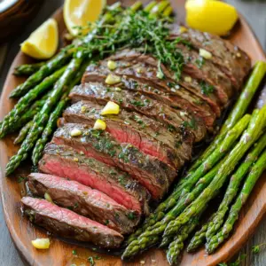 - 1 lb flank steak, trimmed - 1 lb asparagus, ends trimmed - 4 cloves garlic, minced - 3 tablespoons fresh rosemary, chopped - 3 tablespoons fresh thyme, chopped - 4 tablespoons olive oil, divided - Salt and pepper - 1 tablespoon balsamic vinegar - Zest and juice of 1 lemon - Sheet pan - Mixing bowl - Zip-top bag or shallow dish The main ingredients for this dish include flank steak and fresh asparagus. Flank steak is a lean cut. It’s perfect for quick cooking and has great flavor. Asparagus gives a nice crunch and pairs well with the steak. Garlic adds a strong, bold taste. Fresh rosemary and thyme bring a lovely earthiness. Olive oil keeps the steak and asparagus moist while cooking. For seasoning, use simple salt and pepper. Balsamic vinegar adds a slight sweetness. The zest and juice of lemon give a bright, fresh kick. You need a sheet pan for easy cooking. A mixing bowl helps combine the marinade. A zip-top bag or shallow dish holds the steak as it marinates. Gather these ingredients and tools. You are ready to create a delicious meal that impresses everyone! - Preheat your oven to 400°F (200°C). - In a bowl, mix together: - 4 cloves garlic, minced - 3 tablespoons fresh rosemary, chopped - 3 tablespoons fresh thyme, chopped - 2 tablespoons olive oil - Zest and juice of 1 lemon Mix well to create a fragrant marinade. - Place 1 lb flank steak in a large zip-top bag or shallow dish. - Pour half of the marinade over the steak. - Seal the bag or cover the dish. - Refrigerate for at least 30 minutes. For deeper flavor, marinate for up to 2 hours. This step infuses the steak with rich flavors. - Remove the steak from the marinade. Let excess marinade drip off. - Place the steak on one side of a large baking sheet. - In a separate bowl, toss 1 lb asparagus with: - 2 tablespoons olive oil - 1 tablespoon balsamic vinegar - Salt and pepper to taste Spread the seasoned asparagus on the other side of the baking sheet. - Roast in the oven for 15–20 minutes. - Cook until the steak is done to your liking. - The asparagus should be tender. Toss the asparagus halfway through cooking. This method ensures everything cooks evenly and flavors meld beautifully. To boost the flavor, consider adding fresh parsley or oregano. These herbs add brightness to your dish. If you like heat, try a pinch of red pepper flakes. Adjust seasoning by tasting as you mix. Add salt and pepper gradually to avoid overdoing it. For perfect steak, use a meat thermometer. Aim for 130°F for medium-rare and 145°F for medium. This ensures juicy, tender bites. To keep asparagus tender, do not overcook it. Roast until it turns bright green and slightly soft, about 10 to 15 minutes. For plating, arrange the steak slices in a fan shape on a large platter. Place the asparagus alongside for a colorful display. Garnish with fresh thyme and lemon wedges for a pop of color. This adds visual appeal and freshness to your meal. {{image_2}} You can switch out flank steak for other cuts like sirloin or ribeye. Each cut brings a unique texture and flavor. Sirloin is lean and has great beefy taste. Ribeye is rich and tender, perfect for steak lovers. Try different cuts to find your favorite. Asparagus works well, but you can use other veggies too. Broccoli, green beans, or bell peppers add color and taste. Seasonal options like zucchini or carrots are great in summer and spring. These swaps keep your meal fresh and exciting. You can easily make this dish gluten-free. Just check the balsamic vinegar for gluten-free options. For a low-carb twist, replace asparagus with cauliflower or Brussels sprouts. These changes keep your meal healthy and tasty. Enjoy experimenting with what fits your needs best! To store leftover steak and asparagus, follow these steps: - Cool the dish to room temperature. - Place the steak and asparagus into an airtight container. - Separate the steak from the asparagus if possible. - Store in the fridge for up to three days. This method helps keep the flavors fresh. Remember, the quality may decline over time. To reheat without losing quality, try these methods: - Oven: Preheat to 350°F (175°C). Place steak and asparagus on a sheet pan. Heat for 10-15 minutes. - Microwave: Use a microwave-safe dish. Cover loosely and heat in short bursts. Check often. The oven method is best for keeping the steak juicy. To freeze the dish properly, do this: - Wrap the steak tightly in plastic wrap, then foil. - Place asparagus in a freezer bag, removing as much air as you can. - Label the bags with the date. You can freeze the dish for up to three months. Thaw in the fridge overnight before reheating. This keeps the flavors intact while stored. Yes, you can use frozen asparagus. However, fresh asparagus gives the best taste. If you pick frozen, don’t thaw it first. Just toss it on the pan with the steak. Frozen asparagus cooks faster. Keep an eye on it to avoid mushiness. You may need to reduce the cooking time by a few minutes. To check if your steak is done, use a meat thermometer. Here are the doneness levels: - Rare: 125°F (52°C) - Medium rare: 135°F (57°C) - Medium: 145°F (63°C) - Medium well: 150°F (65°C) - Well done: 160°F (71°C) Insert the thermometer into the thickest part of the steak. Remove it from the oven a few degrees early. The steak will continue to cook while it rests. This way, it stays juicy. Yes, you can prepare this dish in advance. Marinate the steak up to two hours before cooking. This gives it a great flavor. You can also cut the asparagus and toss it with oil ahead of time. Just store it in the fridge. When you're ready to eat, simply roast everything together. This makes for a quick and tasty meal! This blog post showed you how to make a delicious dish with flank steak and asparagus. We discussed key ingredients, step-by-step instructions, and tips to enhance flavor. You learned how to marinate your steak, cook it perfectly, and present your meal beautifully. Remember, you can easily modify this recipe for your needs. Enjoy exploring variations and storing leftovers. Cooking is fun, and with practice, you’ll get even better at it. Happy cooking!