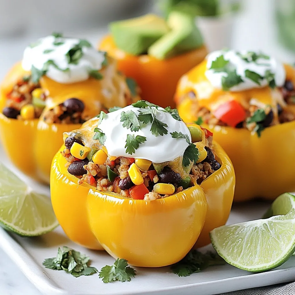 - 4 large bell peppers (any color) - 1 lb ground turkey or beef - 1 cup cooked rice (white or brown) - 1 can (15 oz) black beans, drained and rinsed - 1 cup corn (fresh, canned, or frozen) - 1 packet taco seasoning - 1 cup salsa - 1 cup shredded cheddar cheese - 1/2 cup chopped fresh cilantro - 1 avocado, diced (for topping) - Sour cream (for serving, optional) - Lime wedges (for serving) Using fresh and colorful ingredients makes these Loaded Taco Stuffed Peppers shine. Bell peppers are the star here, and they come in many colors. You can use red, yellow, or green. Each brings a unique flavor. Meat is another key part; you can choose ground turkey or beef. Both add a rich taste. For those who want a plant-based meal, try lentils or a mix of beans instead. Adding cooked rice gives these peppers a nice texture. You can use white or brown rice based on your taste. Black beans and corn add fiber and sweetness. They balance the heat from the taco seasoning perfectly. The salsa adds moisture and flavor. I recommend a chunky salsa for extra bite. Shredded cheddar cheese melts beautifully on top and makes the dish even better. Fresh cilantro adds a burst of freshness, while diced avocado provides creaminess. Finally, serving with a dollop of sour cream and lime wedges gives a nice tang. These ingredients work together to create a tasty and satisfying meal. {{ingredient_image_1}} - Preheat the oven to 375°F (190°C). - Slice off the tops of the bell peppers. Remove all seeds and membranes. Place them in a baking dish, standing upright. - In a large skillet, cook 1 pound of ground turkey or beef over medium heat until it is fully browned. This takes around 5-7 minutes. Drain any extra fat. - Stir in 1 packet of taco seasoning and ½ cup of salsa. Mix well and cook for an extra 2-3 minutes. - Take the skillet off the heat. Add 1 cup of cooked rice, 1 can of black beans (drained and rinsed), and 1 cup of corn. Mix everything well. Then, fold in half of the shredded cheddar cheese. - Use a spoon to fill each bell pepper with the meat and rice mix. Pack it down gently. - Pour the rest of the salsa over the stuffed peppers. Cover the baking dish with foil. - Bake the covered peppers in the oven for 25-30 minutes. - After this time, remove the foil. Sprinkle the remaining cheese on top of the peppers. Bake uncovered for another 10 minutes or until the cheese is melted and bubbly. - To avoid soggy peppers, bake them uncovered for the last 10 minutes. This helps crisp them up. - For best texture, bake the stuffed peppers for 25-30 minutes covered, then 10 minutes uncovered. - Serve your Loaded Taco Stuffed Peppers with a side of tortilla chips and guacamole. - For garnish, try diced jalapeños or a sprinkle of feta cheese for added flavor. - Use cauliflower rice instead of regular rice for a low-calorie choice. - To make it vegetarian, swap the meat for lentils or mushrooms for a hearty filling. Pro Tips Choose Colorful Peppers: Using a mix of red, yellow, and green bell peppers not only adds visual appeal but also a slight variation in flavor. Customize Your Filling: Feel free to add any leftover vegetables or grains you have on hand to the filling for added nutrition and flavor. Adjust Spice Levels: If you prefer a spicier dish, consider adding jalapeños or using a spicy taco seasoning mix to the filling. Perfect Cheese Melt: For an extra gooey cheese topping, broil the stuffed peppers for the last 2-3 minutes of baking after removing the foil. {{image_2}} You can change up the protein in your stuffed peppers. Ground turkey or beef works well, but chicken is a great option too. If you want a plant-based meal, try lentils or black beans. They give a nice texture and flavor. You can also swap the rice for other grains. Quinoa is a tasty choice. It adds a nutty flavor and boosts protein. Farro is another option, offering a chewy texture and earthy taste. Both grains add more nutrition to your meal. To kick up the flavor, try different seasonings or salsas. Taco seasoning is classic, but you can use cumin, paprika, or chili powder for a twist. They add depth to the dish. If you love heat, add jalapeños or a pinch of chili powder. This will give your peppers a spicy kick. You can also use a spicy salsa for extra zing. Adjust the heat to fit your taste. When serving, try layering the filling in bowls. This looks great and is easy to eat. You can arrange the peppers on a platter for a colorful display. You can also serve the pepper halves on a plate. This makes them easy to grab and enjoy. Garnishing with fresh cilantro and diced avocado adds a nice touch. It makes your dish look even more inviting. Store your leftover loaded taco stuffed peppers in an airtight container. Place them in the fridge. They stay fresh for about 3 to 4 days. If you want to keep them longer, try freezing them. Wrap each pepper tightly in plastic wrap and place them in a freezer bag. They will stay good in the freezer for up to 3 months. For reheating, the best method is the oven. Preheat it to 350°F (175°C). Place the peppers on a baking dish and cover them with foil. Heat for about 20-25 minutes. You can also use the microwave. Place the pepper on a plate and cover it with a damp paper towel. Heat for 2-3 minutes. This keeps them moist and tasty. Loaded taco stuffed peppers last about 3 to 4 days in the fridge. In the freezer, they can be stored for up to 3 months. Just remember to label your containers with the date. This way, you know when to use them. Enjoy your delicious leftovers! Yes, you can make these stuffed peppers ahead. Prepare them and store them in the fridge. Just keep them covered. Bake them when you are ready to eat. This saves time on busy days. To add spice, use spicy taco seasoning. You can also add diced jalapeños to the meat mix. For extra heat, drizzle hot sauce on top before serving. Adjust the heat level to your taste. You can replace rice with quinoa for a nutty flavor. Cauliflower rice is a great low-carb option. You can also use farro for a chewier texture. Each option will change the dish's taste and texture. Yes, you can use dairy-free cheese. Look for brands that melt well. Nutritional yeast is a good choice for a cheesy flavor without dairy. This way, everyone can enjoy the meal. In summary, Loaded Taco Stuffed Peppers are easy to make and delicious. You'll stuff bell peppers with a tasty mix of ground meat, rice, beans, and spices. Bake them for melty cheese perfection. Remember, you can customize the recipe with different ingredients or healthier swaps. Think of these stuffed peppers as a fun dish for any meal. Enjoy experimenting with flavors and combinations. Whether for a weeknight dinner or a party, these peppers are sure to impress!
