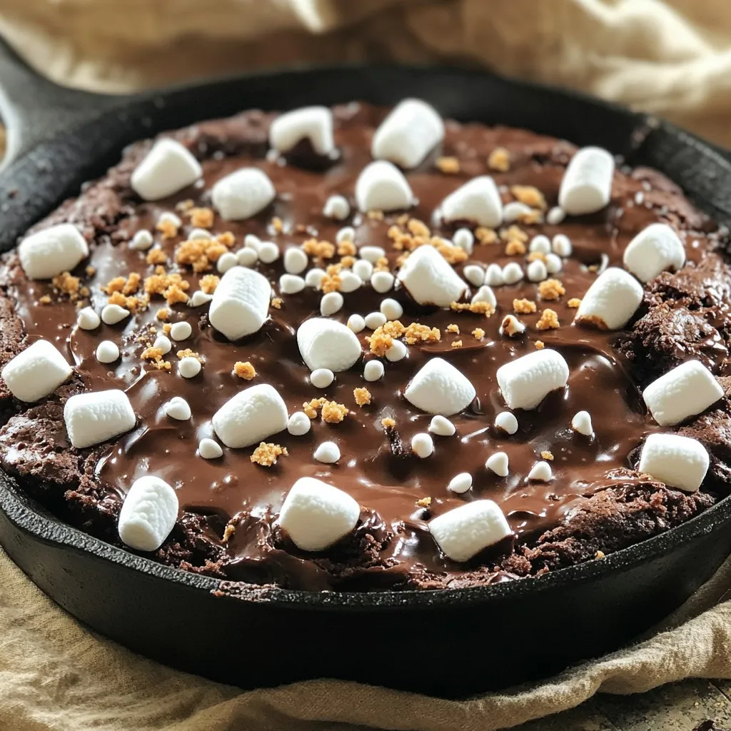 - 1 cup unsalted butter, melted - 1 cup granulated sugar - 1 cup packed brown sugar - 4 large eggs - 1 teaspoon vanilla extract - 1 cup all-purpose flour - 1 cup unsweetened cocoa powder - 1 teaspoon baking powder - 1/2 teaspoon salt - 1 cup semi-sweet chocolate chips - 1 cup mini marshmallows - 1 cup graham cracker crumbs For this recipe, I use unsalted butter. It gives a rich flavor without extra salt. Granulated sugar and brown sugar add the right sweetness and moisture. Choose high-quality cocoa powder for a deep chocolate taste. Fresh eggs are key for a good rise. Use all-purpose flour for the best texture. - Additional chocolate chips - Scoop of vanilla ice cream - Crushed graham crackers You can add more chocolate chips on top for extra sweetness. A scoop of vanilla ice cream makes it even better, especially when warm. Crushed graham crackers on top add a nice crunch. These toppings help create that classic s'mores vibe! First, preheat your oven to 350°F (175°C). This step is key for even baking. While the oven heats, grab a 10-inch cast iron skillet. To grease it, use a paper towel or a brush to spread some melted butter. Make sure to coat the bottom and sides well. This will help your brownies come out easily. In a large bowl, mix together the melted butter, granulated sugar, and brown sugar. Stir until the mix looks smooth and creamy. Next, add in four large eggs, one at a time, stirring well after each addition. Then, add one teaspoon of vanilla extract. In a separate bowl, sift together one cup of all-purpose flour, one cup of unsweetened cocoa powder, one teaspoon of baking powder, and half a teaspoon of salt. Slowly mix the dry ingredients into the wet ones until they combine well. Finally, gently fold in one cup of semi-sweet chocolate chips. Pour half of your brownie batter into the greased skillet. Spread it out evenly. Next, sprinkle half a cup of graham cracker crumbs over the batter. After that, add half a cup of mini marshmallows. Now, pour the rest of the brownie batter on top. Finish by adding the remaining graham cracker crumbs and marshmallows. This creates delicious layers. Place the skillet in your preheated oven and bake for 25 to 30 minutes. To check for doneness, insert a toothpick in the center. If it comes out with a few moist crumbs, your brownies are ready. Be careful not to overbake; you want them gooey! Once done, remove the skillet from the oven and let it cool for a few minutes. Enjoy your warm, gooey s'mores brownie skillet! To get that gooey brownie, watch your mixing. Mix just until you see no dry flour. If you mix too much, your brownies will turn cakey. This is key for a rich, fudgy center. Baking time is also vital. Aim for 25-30 minutes. Check with a toothpick. If it comes out with a few moist crumbs, it's done. Letting it cool helps too. This will keep the center soft and moist. Want to boost flavor? Try adding nuts like walnuts or pecans. They add a nice crunch and extra taste. You can also toss in some peanut butter chips or caramel for fun twists. For chocolate lovers, switch up the chocolate types. Use dark chocolate chips for more depth. You can also mix in some white chocolate chips for a sweet contrast. Each choice adds a unique twist to your S'mores Brownie Skillet. {{image_2}} You can change the nuts in your s'mores brownie skillet. Pecans, walnuts, or almonds add great flavor and crunch. If you want a nut-free option, skip the nuts or use seeds like sunflower or pumpkin seeds instead. They still give that nice texture without nuts. Seasonal flavors can make your dessert exciting. Try adding pumpkin spice in fall or peppermint for winter. You can also swap ingredients based on what you find. Use eggnog instead of vanilla or add cinnamon for a twist. These small changes can create a fun new taste. If you want a gluten-free version, use almond flour or a gluten-free flour blend. Make sure to check labels for safety. For a dairy-free option, use coconut oil instead of butter. You can also switch to dairy-free chocolate chips and marshmallows. These adjustments keep the dessert delicious for everyone. To keep your S'mores Brownie Skillet fresh, store it properly. First, let the skillet cool completely. Then, cover it tightly with plastic wrap or foil. You can also transfer the brownies to an airtight container. Place the container in the fridge. They will stay good for about 3 to 5 days. If you want to keep them longer, freeze the brownies. Cut them into squares and wrap each piece in plastic wrap. Place the wrapped pieces in a freezer bag. They can last in the freezer for up to 3 months. When it’s time to enjoy your leftovers, reheating is easy. Preheat your oven to 350°F (175°C). Place the skillet in the oven for about 10 minutes. This warms it up nicely. You can also microwave individual pieces for about 15 to 20 seconds. Just be careful not to overheat them, or they may become dry. For the best quality, enjoy your S'mores Brownie Skillet within 5 days when stored in the fridge. If frozen, eat them within 3 months for the best taste. To check for spoilage, look for signs like an off smell or a change in color. If the brownies feel hard or have a dry texture, it’s best to toss them. Fresh brownies should be soft and gooey! Yes, you can prepare the brownie mix ahead of time. Just follow the steps until you pour the batter into the skillet. Cover it with plastic wrap and store it in the fridge for up to 24 hours. When you're ready, bake it straight from the fridge. This saves time and keeps it fresh. If you need a substitute, try using white chocolate chips or butterscotch chips. For a dairy-free option, use dairy-free chocolate chips. You can also try chopped nuts or dried fruit for a fun twist. Each choice adds a unique flavor. Yes, you can use a different pan. A 9x13-inch baking dish works well if you don't have a cast iron skillet. Just keep an eye on the baking time, as it may differ. Make sure to grease the pan well to prevent sticking. To check for doneness, insert a toothpick into the center. If it comes out with a few moist crumbs, they are ready. If it comes out wet with batter, bake a few more minutes. The edges should look set and firm while the center remains slightly soft. This blog post covered how to make delicious brownies in a skillet. We discussed key ingredients like butter and sugars, plus optional toppings like chocolate chips or ice cream. I shared step-by-step instructions for prepping, mixing, and baking, along with tips for texture and flavor. You also learned about variations for different diets and how to store leftovers. Remember, with a little creativity, you can make this recipe your own. Enjoy your baking!