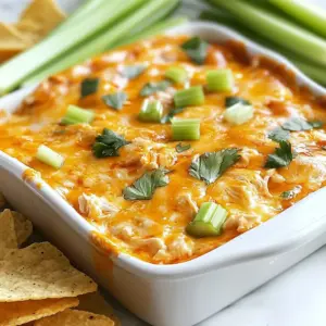 - 2 cups shredded cooked chicken - 1 (8 oz) cream cheese, softened - 1/2 cup sour cream - 1/2 cup ranch dressing - 1/2 cup buffalo sauce (adjust to taste) - 1 cup shredded cheddar cheese - 1/2 cup blue cheese crumbles (optional) - Fresh celery sticks and tortilla chips for serving Buffalo chicken dip starts with simple ingredients that pack a lot of flavor. You need shredded cooked chicken as a base. It adds protein and texture. Softened cream cheese gives the dip a rich and creamy feel. Sour cream adds extra creaminess and a nice tang. Ranch dressing adds flavor and pairs well with buffalo sauce. Buffalo sauce is key to this dish. You can adjust it based on how spicy you like your dip. Shredded cheddar cheese melts beautifully and brings a lovely taste. If you enjoy blue cheese, add it for a more complex flavor. For serving, fresh celery sticks and tortilla chips are perfect. They add crunch and freshness. You can also use veggie sticks or crackers. This dip is a crowd-pleaser, making it great for parties. {{ingredient_image_1}} - Preheat your oven to 350°F (175°C). - Grab a baking dish and set it aside. - In a large bowl, mix the softened cream cheese, sour cream, ranch dressing, and buffalo sauce. - Stir until the mixture is smooth and creamy. - Gently fold in the shredded chicken and 3/4 cup of the shredded cheddar cheese. - If you enjoy blue cheese, add the crumbles now and mix lightly. - Pour the creamy mixture into your prepared baking dish. - Evenly spread it out and top with the remaining cheddar cheese. - Place it in the oven and bake for 20-25 minutes. Watch for it to bubble and turn golden. You can prepare buffalo chicken dip before your party. Just mix all the ingredients. Store the dip in the fridge for up to two days before baking. This way, the flavors meld together nicely. When it's time to bake, preheat the oven to 350°F (175°C). For reheating, take the dip out of the fridge. Let it sit for 10-15 minutes at room temperature. This helps it heat evenly. Bake for 20-25 minutes until it’s bubbly and golden. If you want, you can microwave it in short bursts. Stir in between to heat evenly. Buffalo sauce can be spicy. To customize the heat, start with a half cup of buffalo sauce. Taste it first. If you want more heat, add more sauce a tablespoon at a time. Remember, you can use milder sauces if you prefer less spice. Mixing in some honey can help balance out the heat too. Buffalo chicken dip pairs well with many things. Serve it with fresh celery sticks or tortilla chips. These crunchy sides add texture and flavor. You can also try crackers or pita chips for variety. For garnish, add fresh celery sticks on top. A drizzle of buffalo sauce adds a nice touch. You can also sprinkle chopped green onions or parsley for color. This makes your dish look even more inviting. Pro Tips Adjust the Heat: Feel free to modify the amount of buffalo sauce depending on your spice tolerance. Start with less and add more until it reaches your desired heat level. Mixing Tip: Ensure your cream cheese is at room temperature for easier mixing. This will help achieve a smooth and creamy dip without lumps. Make Ahead: You can prepare the dip a day in advance. Just cover and refrigerate it before baking. It will save you time on the day of your gathering! Serving Suggestion: For a fun twist, serve the dip in individual cups with celery sticks and tortilla chips for dipping, making it easy for guests to enjoy! {{image_2}} You can spice up your buffalo chicken dip in many ways. Try using different hot sauces to change the heat. For a milder dip, use a sweet chili sauce. For extra heat, go with a ghost pepper sauce. Each sauce brings a unique flavor to the dish. Adding vegetables can also create a fun twist. Chopped green onions or diced bell peppers mix well. You can even stir in some spinach for added nutrition. These veggies not only add flavor but also make the dip colorful and appealing. If you need to make this dip gluten-free, use gluten-free ranch dressing. Check the labels to ensure the buffalo sauce is also gluten-free. This way, everyone can enjoy the dip without worry. For a low-carb option, skip the blue cheese and serve with fresh veggies. Think celery sticks, carrots, or bell peppers. They offer a nice crunch and keep the dish light. If you want a vegan version, use shredded jackfruit in place of chicken. Replace cream cheese with cashew cream or a store-bought vegan cream cheese. Use a vegan ranch dressing and buffalo sauce to complete the dish. This way, everyone can join in on the fun! To store leftover dip, place it in an airtight container. This keeps it fresh. The dip lasts about three to four days in the fridge. Always check for any off smells before using. If it smells fine, it should be safe to eat. If you want to keep the dip longer, you can freeze it. First, let it cool down completely. Then, transfer it to a freezer-safe container. Make sure to leave some space at the top, as it will expand when frozen. The dip can last up to three months in the freezer. Just remember to label it with the date! When you're ready to enjoy the dip again, you can reheat it easily. The best way is to thaw it in the fridge overnight. Then, place it in a baking dish and heat it at 350°F (175°C) for about 20 minutes. Stir it halfway through to warm it evenly. You can also microwave it for a quick fix. Heat it in short bursts, stirring in between, until it's hot. This way, you keep the creamy texture and rich flavor. If you want to swap ranch dressing, you have options. You can use blue cheese dressing for a richer flavor. Alternatively, try a homemade mix of yogurt, garlic powder, and herbs. This gives a fresh taste and keeps it healthy. You can even use a simple mix of sour cream and mayo. It’s all about your taste! Yes, you can make this dip in a slow cooker! Start by mixing all the ingredients in the slow cooker. Set it on low for about 2 to 3 hours. Stir it every so often to mix everything well. The dip will be hot and bubbly when ready. The slow cooker is great for keeping it warm during your party! Buffalo chicken dip lasts about 3 to 4 days in the fridge. Make sure to store it in an airtight container. This keeps it fresh and tasty. When you want to eat it again, check for any off smells or changes in texture. If it looks good, just reheat it until hot. Enjoy your tasty dip! This blog post showed you how to make buffalo chicken dip from start to finish. We covered the ingredients, step-by-step instructions, and tips for serving. You learned about variations and how to store leftovers. Buffalo chicken dip is fun to make and share. It’s a great dish for parties or game days. Now you can impress your friends with this tasty recipe! Enjoy your cooking adventure!
