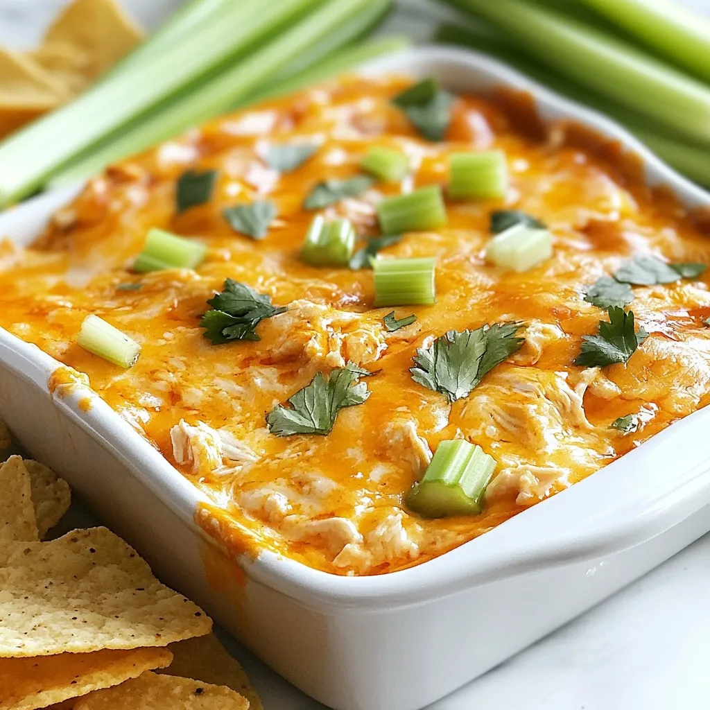 - 2 cups shredded cooked chicken - 1 (8 oz) cream cheese, softened - 1/2 cup sour cream - 1/2 cup ranch dressing - 1/2 cup buffalo sauce (adjust to taste) - 1 cup shredded cheddar cheese - 1/2 cup blue cheese crumbles (optional) - Fresh celery sticks and tortilla chips for serving Buffalo chicken dip starts with simple ingredients that pack a lot of flavor. You need shredded cooked chicken as a base. It adds protein and texture. Softened cream cheese gives the dip a rich and creamy feel. Sour cream adds extra creaminess and a nice tang. Ranch dressing adds flavor and pairs well with buffalo sauce. Buffalo sauce is key to this dish. You can adjust it based on how spicy you like your dip. Shredded cheddar cheese melts beautifully and brings a lovely taste. If you enjoy blue cheese, add it for a more complex flavor. For serving, fresh celery sticks and tortilla chips are perfect. They add crunch and freshness. You can also use veggie sticks or crackers. This dip is a crowd-pleaser, making it great for parties. {{ingredient_image_1}} - Preheat your oven to 350°F (175°C). - Grab a baking dish and set it aside. - In a large bowl, mix the softened cream cheese, sour cream, ranch dressing, and buffalo sauce. - Stir until the mixture is smooth and creamy. - Gently fold in the shredded chicken and 3/4 cup of the shredded cheddar cheese. - If you enjoy blue cheese, add the crumbles now and mix lightly. - Pour the creamy mixture into your prepared baking dish. - Evenly spread it out and top with the remaining cheddar cheese. - Place it in the oven and bake for 20-25 minutes. Watch for it to bubble and turn golden. You can prepare buffalo chicken dip before your party. Just mix all the ingredients. Store the dip in the fridge for up to two days before baking. This way, the flavors meld together nicely. When it's time to bake, preheat the oven to 350°F (175°C). For reheating, take the dip out of the fridge. Let it sit for 10-15 minutes at room temperature. This helps it heat evenly. Bake for 20-25 minutes until it’s bubbly and golden. If you want, you can microwave it in short bursts. Stir in between to heat evenly. Buffalo sauce can be spicy. To customize the heat, start with a half cup of buffalo sauce. Taste it first. If you want more heat, add more sauce a tablespoon at a time. Remember, you can use milder sauces if you prefer less spice. Mixing in some honey can help balance out the heat too. Buffalo chicken dip pairs well with many things. Serve it with fresh celery sticks or tortilla chips. These crunchy sides add texture and flavor. You can also try crackers or pita chips for variety. For garnish, add fresh celery sticks on top. A drizzle of buffalo sauce adds a nice touch. You can also sprinkle chopped green onions or parsley for color. This makes your dish look even more inviting. Pro Tips Adjust the Heat: Feel free to modify the amount of buffalo sauce depending on your spice tolerance. Start with less and add more until it reaches your desired heat level. Mixing Tip: Ensure your cream cheese is at room temperature for easier mixing. This will help achieve a smooth and creamy dip without lumps. Make Ahead: You can prepare the dip a day in advance. Just cover and refrigerate it before baking. It will save you time on the day of your gathering! Serving Suggestion: For a fun twist, serve the dip in individual cups with celery sticks and tortilla chips for dipping, making it easy for guests to enjoy! {{image_2}} You can spice up your buffalo chicken dip in many ways. Try using different hot sauces to change the heat. For a milder dip, use a sweet chili sauce. For extra heat, go with a ghost pepper sauce. Each sauce brings a unique flavor to the dish. Adding vegetables can also create a fun twist. Chopped green onions or diced bell peppers mix well. You can even stir in some spinach for added nutrition. These veggies not only add flavor but also make the dip colorful and appealing. If you need to make this dip gluten-free, use gluten-free ranch dressing. Check the labels to ensure the buffalo sauce is also gluten-free. This way, everyone can enjoy the dip without worry. For a low-carb option, skip the blue cheese and serve with fresh veggies. Think celery sticks, carrots, or bell peppers. They offer a nice crunch and keep the dish light. If you want a vegan version, use shredded jackfruit in place of chicken. Replace cream cheese with cashew cream or a store-bought vegan cream cheese. Use a vegan ranch dressing and buffalo sauce to complete the dish. This way, everyone can join in on the fun! To store leftover dip, place it in an airtight container. This keeps it fresh. The dip lasts about three to four days in the fridge. Always check for any off smells before using. If it smells fine, it should be safe to eat. If you want to keep the dip longer, you can freeze it. First, let it cool down completely. Then, transfer it to a freezer-safe container. Make sure to leave some space at the top, as it will expand when frozen. The dip can last up to three months in the freezer. Just remember to label it with the date! When you're ready to enjoy the dip again, you can reheat it easily. The best way is to thaw it in the fridge overnight. Then, place it in a baking dish and heat it at 350°F (175°C) for about 20 minutes. Stir it halfway through to warm it evenly. You can also microwave it for a quick fix. Heat it in short bursts, stirring in between, until it's hot. This way, you keep the creamy texture and rich flavor. If you want to swap ranch dressing, you have options. You can use blue cheese dressing for a richer flavor. Alternatively, try a homemade mix of yogurt, garlic powder, and herbs. This gives a fresh taste and keeps it healthy. You can even use a simple mix of sour cream and mayo. It’s all about your taste! Yes, you can make this dip in a slow cooker! Start by mixing all the ingredients in the slow cooker. Set it on low for about 2 to 3 hours. Stir it every so often to mix everything well. The dip will be hot and bubbly when ready. The slow cooker is great for keeping it warm during your party! Buffalo chicken dip lasts about 3 to 4 days in the fridge. Make sure to store it in an airtight container. This keeps it fresh and tasty. When you want to eat it again, check for any off smells or changes in texture. If it looks good, just reheat it until hot. Enjoy your tasty dip! This blog post showed you how to make buffalo chicken dip from start to finish. We covered the ingredients, step-by-step instructions, and tips for serving. You learned about variations and how to store leftovers. Buffalo chicken dip is fun to make and share. It’s a great dish for parties or game days. Now you can impress your friends with this tasty recipe! Enjoy your cooking adventure!
