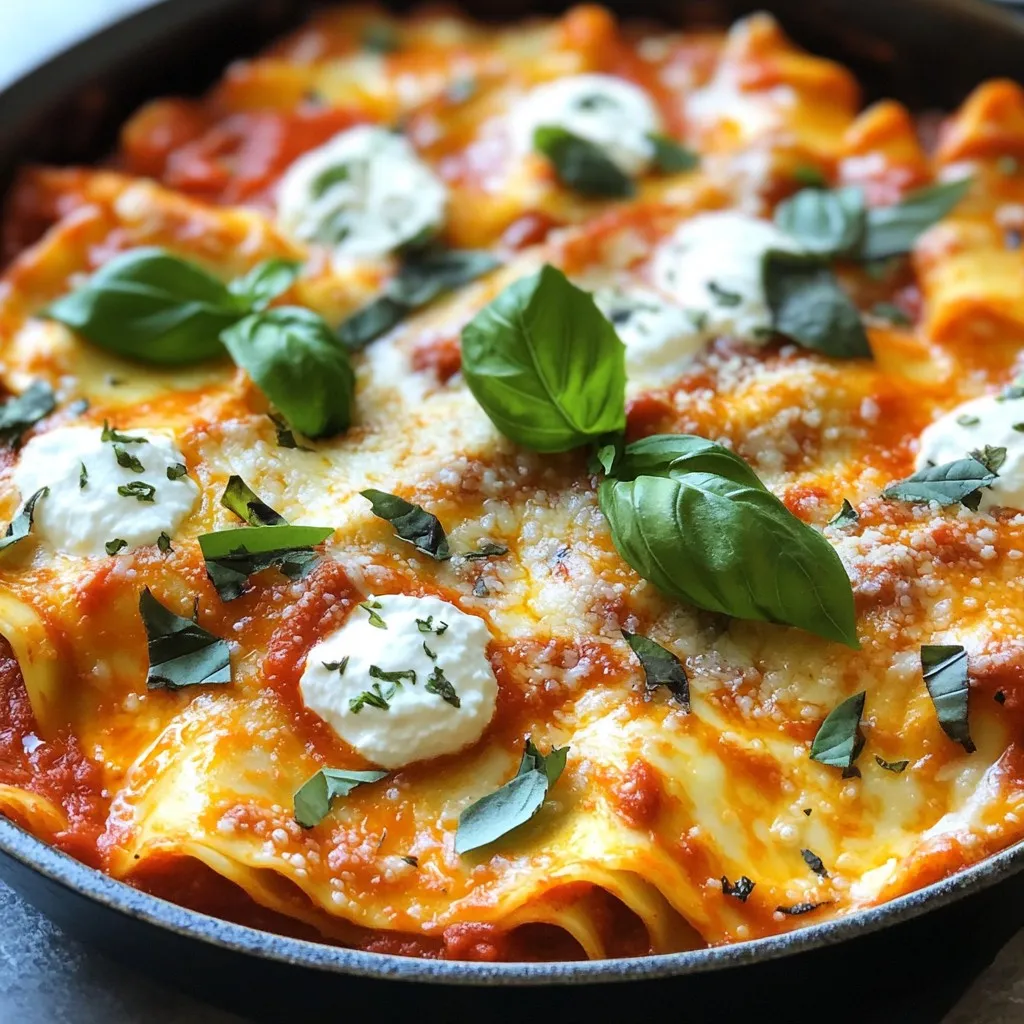 - 12 lasagna noodles, broken into pieces - 2 cups roasted red peppers (pureed) - 1 1/2 cups ricotta cheese - 1 cup mozzarella cheese - 1/2 cup Parmesan cheese - Olive oil - Minced garlic - Dried basil - Dried oregano - Salt and pepper - Fresh basil for garnish Gather these ingredients before you start cooking. Fresh roasted red peppers add great flavor. You can buy them jarred or make your own. The creamy ricotta and melted mozzarella create a rich texture. The Parmesan adds a nice salty bite. Use dried herbs like basil and oregano to boost flavor without extra prep. Olive oil helps sauté the garlic and makes the dish rich. Don't forget salt and pepper for seasoning. Garnish with fresh basil for a pop of color and freshness. Enjoy the process of gathering these ingredients; it sets the stage for a delightful meal! To start, I heat 1 tablespoon of olive oil in a large skillet over medium heat. I add 3 cloves of minced garlic and sauté for about 1 minute. I want the garlic to be fragrant, but I must be careful not to burn it. Next, I pour in 2 cups of marinara sauce and 2 cups of pureed roasted red peppers. I stir well to combine these flavors and let the sauce simmer for about 5 minutes. This step builds a rich base for the lasagna. In a separate bowl, I mix 1 1/2 cups of ricotta cheese with 1 teaspoon of dried basil, 1 teaspoon of oregano, salt, and pepper. I ensure this mixture is smooth and creamy. Then, I break 12 lasagna noodles into pieces and add them to the sauce mixture in the skillet. I stir to coat each piece well. To help cook the noodles, I pour in 1/2 cup of water or chicken broth for added flavor. I cover the skillet with a lid and let it simmer for about 15-20 minutes. I check and stir occasionally until the noodles are al dente. Once the noodles are cooked, I drop spoonfuls of the ricotta mixture over the top. I gently fold it in, mixing it with the noodles and sauce. Then, I sprinkle 1 cup of grated mozzarella cheese and 1/2 cup of grated Parmesan cheese evenly over the top. I cover the skillet again and let it cook for an additional 5-7 minutes until the cheese melts and bubbles. After that, I remove it from heat and let it cool for a couple of minutes. To finish, I garnish with fresh basil leaves for a pop of color and flavor. How to avoid overcooking noodles To avoid overcooking the noodles, check them often while they cook. Stir every few minutes to ensure even cooking. Remember, they will continue cooking a bit after you remove the skillet from heat. Aim for al dente, so they have a nice bite. Best uses for leftovers Leftovers can be a great treat! Store them in an airtight container in the fridge. You can reheat them for lunch or dinner. The flavors will meld even more, making them taste better the next day. You can also turn leftovers into a tasty pasta bake by adding more cheese on top and baking until golden. Presentation tips for serving from the skillet Serving from the skillet looks rustic and inviting. Don’t worry about transferring to a plate. Just garnish with fresh basil leaves on top for color. You can also sprinkle extra cheese for a nice touch. This makes it feel special and homemade. Extras to enhance flavor A drizzle of olive oil on top adds richness and depth. You can also add a dash of red pepper flakes for a kick. A sprinkle of fresh herbs, like parsley or thyme, can elevate the dish too. These little touches make a big difference in flavor! {{image_2}} You can change up the cheese for a new twist. Try goat cheese for a tangy flavor. It melts well and adds creaminess. You can also mix in some vegetables. Spinach works great for color and nutrition. Sauté mushrooms for an earthy taste that complements the sauce. If you need a gluten-free version, use gluten-free lasagna noodles. They are easy to find in stores. For vegan options, swap the cheeses. Use cashew cheese or tofu for a creamy texture. Nutritional yeast can add a cheesy flavor without dairy. To store leftovers of your creamy roasted red pepper lasagna skillet, let it cool first. Then, place it in an airtight container. This keeps the flavors fresh. You can also use glass containers or plastic ones with tight lids. Make sure to label the container with the date. This way, you know when to eat it. When reheating, the best way is using the stove. Place the skillet over low heat. Stir often to avoid sticking. You can add a splash of water or broth to keep it moist. If you prefer the microwave, cover the dish with a damp paper towel. This helps keep the lasagna from drying out. Heat in short intervals until warm. Enjoy every cheesy bite! Can I make this dish ahead of time? Yes, you can! Just prepare the lasagna skillet and store it in the fridge. Cover it well and eat it within two days. When ready to serve, heat it on the stove or in the oven. This way, you save time and enjoy a quick meal. How do I make homemade roasted red peppers? Making roasted red peppers is easy! Start by preheating your oven to 450°F (230°C). Slice fresh red peppers in half and remove the seeds. Place them skin side up on a baking sheet. Roast for 20-25 minutes until the skins are blackened. After roasting, put them in a bowl and cover it to let them steam. Once cool, peel off the skins. Now, you have tasty roasted red peppers for your dish! What to do if the sauce is too thick? If your sauce is thick, add a little water or chicken broth. Stir it well to combine. This will help loosen the sauce and make it creamy. Always taste as you go to ensure the flavor stays great. How to fix overcooked noodles? If your noodles are overcooked, don't worry! You can try adding a splash of broth or water to the skillet. Gently stir to help them absorb moisture. This may soften them a bit. If they are too mushy, consider adding some fresh veggies for extra texture. In this blog post, we explored how to make a delicious lasagna with roasted red peppers. We covered each step, from preparing the sauce to final assembly, ensuring perfect flavor and texture. You learned tips for cooking noodles and serving suggestions to impress guests. Remember, you can customize this dish with various ingredients and dietary swaps. With proper storage and reheating methods, your leftovers can taste just as great. Enjoy making this lasagna and feel free to experiment with your favorite flavors!