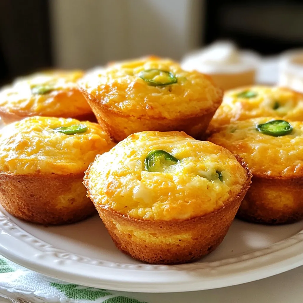 To make Cheddar Jalapeño Cornbread Muffins, gather these ingredients: - 1 cup cornmeal - 1 cup all-purpose flour - 1 tablespoon baking powder - 1/2 teaspoon salt - 1/4 teaspoon black pepper - 1 cup buttermilk - 1/3 cup vegetable oil - 1 large egg - 1 cup shredded sharp cheddar cheese - 1/2 cup fresh jalapeños, finely chopped (seeds removed for less heat) - 2 tablespoons honey (optional, for a hint of sweetness) You can add a few optional ingredients to boost flavor: - Fresh herbs like cilantro or chives for a fresh note - A pinch of garlic powder for savory depth - Crumbled bacon for a smoky crunch Don’t worry if you lack some ingredients. Here are some swaps: - Use almond milk or oat milk instead of buttermilk. - Substitute coconut oil for vegetable oil to add a hint of sweetness. - Replace sharp cheddar with pepper jack for extra heat. These substitutions keep the muffins tasty while catering to your needs. Enjoy the process of making these flavorful muffins! {{ingredient_image_1}} First, I start by preheating my oven to 400°F (200°C). This temperature helps the muffins rise well. I then grease a muffin tin or line it with paper liners. This step keeps the muffins from sticking. Next, I grab a large mixing bowl. In it, I combine 1 cup of cornmeal, 1 cup of all-purpose flour, 1 tablespoon of baking powder, 1/2 teaspoon of salt, and 1/4 teaspoon of black pepper. I whisk these together until they blend nicely. This mix gives the muffins their base. In another bowl, I mix the wet ingredients. I add 1 cup of buttermilk, 1/3 cup of vegetable oil, and 1 large egg. I stir these until they look smooth. This mixture adds moisture and richness to the muffins. Now, I pour the wet mix into the dry mix. I gently stir until just combined. It’s key not to overmix here. Then, I fold in 1 cup of shredded sharp cheddar cheese and 1/2 cup of finely chopped jalapeños. If I want a touch of sweetness, I add 2 tablespoons of honey. This step layers in flavor and texture. I divide the batter evenly among the muffin cups, filling each about two-thirds full. Then, I place the muffin tin in the oven. I bake them for 15-20 minutes. I check for doneness by inserting a toothpick into the center. If it comes out clean, they're ready! After baking, I let them cool in the tin for about 5 minutes. Then, I transfer them to a wire rack to cool completely. To get a great muffin texture, I focus on mixing. I mix the dry and wet ingredients separately. When I combine them, I stir gently. This helps keep air in the batter. Overmixing can make them dense. I like to see small lumps in the mix; this is normal. Jalapeños can be spicy or mild. To control the heat, I remove the seeds. If you want less spice, use fewer jalapeños. For more heat, add more chopped jalapeños. You can also mix in some crushed red pepper for extra kick. Each baker can adjust to their taste. I love serving these muffins warm. A dollop of butter on top makes them special. You can also pair them with a spicy dipping sauce. For a fun look, add a slice of jalapeño on top. These muffins work great as a side dish for chili or soup. They can also be a tasty snack on their own. Pro Tips Fresh Jalapeños: Using fresh jalapeños adds vibrant flavor and heat. If you prefer less spice, remove the seeds and membranes before chopping. Buttermilk Substitute: If you don’t have buttermilk, you can make a quick substitute by mixing 1 cup of milk with 1 tablespoon of vinegar or lemon juice. Let it sit for 5 minutes before using. Don’t Overmix: Mix the batter just until combined to ensure your muffins are light and fluffy. Overmixing can lead to dense muffins. Storage Tips: Store leftover muffins in an airtight container at room temperature for up to 2 days or freeze them for longer storage. Reheat in the oven for the best texture. {{image_2}} You can swap out cheddar cheese for other tasty options. Try pepper jack for a spicy kick. Or, use Monterey Jack for a milder flavor. If you like blue cheese, it adds a bold taste too. Each cheese brings its own unique flavor. Feel free to get creative with your muffins. You can add whole corn kernels for extra texture. Chopped green onions lend a fresh taste. Consider mixing in cooked bacon bits for a savory touch. You can even fold in sun-dried tomatoes for a hint of sweetness. You can make sweet or savory cornbread muffins. To make them sweet, add honey or sugar to the batter. You can also mix in blueberries or cranberries. For a savory twist, skip the honey and add herbs like thyme or rosemary. Both versions taste great and fit different meals. Store your leftover muffins in an airtight container. This keeps them fresh. You can place a paper towel inside to absorb any moisture. Let them cool completely before storing. They will stay good for up to three days at room temperature. For longer storage, move them to the fridge. They stay fresh for about a week this way. Reheat your muffins in the oven for the best taste. Preheat the oven to 350°F (175°C). Place the muffins on a baking sheet. Heat them for about 5 to 10 minutes. This keeps them soft and warm. You can also microwave them for 15 to 20 seconds. But this may make them a bit chewy. Freezing is a great option for long-term storage. Wrap each muffin tightly in plastic wrap. Then, place them in a freezer bag. They will last for up to three months in the freezer. When you want to eat them, thaw them in the fridge overnight. Reheat them in the oven for a tasty treat. Yes, you can make these muffins gluten-free. Simply swap out the all-purpose flour for a gluten-free flour blend. Look for blends that include xanthan gum for the best results. This change keeps the muffins light and fluffy without gluten. To adjust the heat level, you can change the amount of jalapeños. Use fewer jalapeños if you want less spice. If you love heat, add more or leave some seeds in. For a milder flavor, try using roasted red peppers instead. These muffins pair well with many dishes. Serve them warm with butter for a simple treat. They are great alongside chili, soups, or stews. You can also enjoy them with a spicy dipping sauce for added flavor. These muffins stay fresh for about 2-3 days at room temperature. Store them in an airtight container to keep them moist. You can also freeze them for up to 3 months. Just thaw before serving for the best taste. In this blog post, we explored the key ingredients for Cheddar Jalapeño Cornbread Muffins. You learned about optional ingredients to boost flavor and smart substitutions. We also covered step-by-step instructions for mixing, baking, and cooling. Tips for the perfect texture and serving ideas were shared, along with variations to make them your own. Finally, we discussed the best ways to store and reheat leftovers. Now, you’re ready to bake delicious muffins that everyone will love. Enjoy experimenting with flavors and sharing your creations!