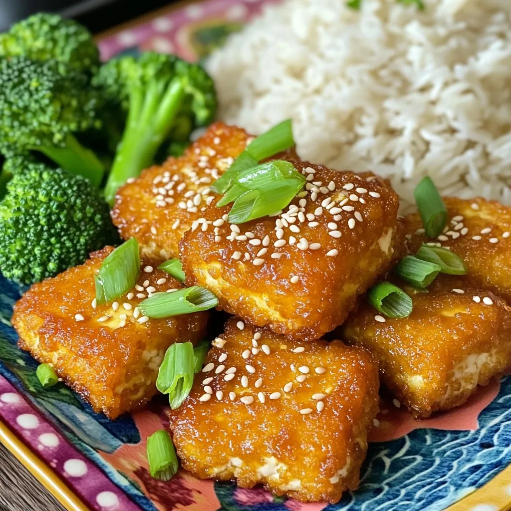 - 1 block (14 oz) firm tofu, drained and pressed - 1/4 cup soy sauce (or tamari for gluten-free) - 2 tablespoons maple syrup - 2 tablespoons sesame oil - 1 tablespoon grated fresh ginger - 2 cloves garlic, minced - 1 tablespoon rice vinegar - 1/4 cup cornstarch These ingredients create a rich, tasty marinade. The firm tofu holds up well and soaks in the flavors. Soy sauce adds saltiness, while maple syrup brings a hint of sweetness. Sesame oil gives a nutty taste, and ginger adds spice. Garlic and rice vinegar round out the mix with fresh and tangy notes. - 1 tablespoon sesame seeds (for garnish) - 2 green onions, sliced (for garnish) These garnishes not only look great but also add crunch and flavor. I love serving the nuggets with steamed broccoli and jasmine rice. This makes for a colorful and complete meal. You can drizzle extra marinade over the dish for added taste. If you have allergies, there are easy swaps you can make. Use tamari instead of soy sauce for gluten-free needs. You can switch maple syrup with agave syrup for a vegan option. If you can't have sesame oil, use olive oil instead. Be creative with your ingredients, and you'll still get a delicious dish. Start by draining and pressing one block of firm tofu. This step gets rid of excess water. Once pressed, cut the tofu into 1-inch cubes. These will be your nuggets. In a bowl, mix together the marinade. Combine 1/4 cup soy sauce, 2 tablespoons maple syrup, and 2 tablespoons sesame oil. Add 1 tablespoon grated ginger and 2 minced garlic cloves. Finally, stir in 1 tablespoon rice vinegar. Whisk until smooth. Add the tofu cubes to the marinade. Toss gently so each piece gets coated. Let the tofu marinate for at least 30 minutes. For more flavor, you can marinate it in the fridge for up to 2 hours. Once marinated, sprinkle 1/4 cup cornstarch over the tofu. Toss the cubes gently again. This light coating helps make the nuggets crispy when cooked. Preheat your air fryer to 375°F (190°C) for about 5 minutes. Place the coated tofu nuggets in a single layer in the air fryer basket. Avoid overcrowding. Air fry for 15 minutes, shaking the basket halfway through. The nuggets should turn golden brown and crispy. Serve them right away! To get that perfect crispy texture, you need to coat the tofu well. After marinating, sprinkle cornstarch on the tofu. This light dusting helps create a crunchy shell in the air fryer. Make sure each nugget gets a good coat. It is key to not overcrowd the air fryer basket. Leave space between nuggets for hot air to circulate. This makes them crispy, not soggy. Marinating is crucial for flavor. Use my teriyaki marinade mix, which includes soy sauce, maple syrup, and sesame oil. Let the tofu soak up these flavors for at least 30 minutes. If you can, marinate for up to 2 hours in the fridge. This makes the tofu more tasty. Remember to toss the tofu gently to avoid breaking it apart. When serving, add some flair to your plate. Garnish the nuggets with sesame seeds and sliced green onions. These not only look great but also add more flavor. Serve the nuggets on a colorful platter. Pair them with steamed broccoli and jasmine rice for a full meal. Drizzle any leftover marinade for an extra punch of taste. {{image_2}} If you want to make these nuggets gluten-free, use tamari instead of soy sauce. Tamari has a similar taste and works great. Most brands are gluten-free, but always check the label. This small swap keeps the flavor strong while making it safe for gluten-sensitive diets. Add some heat with spicy teriyaki tofu nuggets. Mix in sriracha or chili paste with your marinade. Start with one teaspoon and adjust to your taste. You can also sprinkle red pepper flakes on the nuggets before air frying. This gives your dish a tasty kick that many enjoy. There are many ways to jazz up these nuggets. Try adding lime juice to the marinade for brightness. Fresh herbs like cilantro or basil can add a nice twist. You can even mix in a bit of pineapple juice for sweetness. Each of these options will give your nuggets a unique flavor that is sure to impress your family and friends. To keep your leftover teriyaki tofu nuggets fresh, let them cool completely. Place them in an airtight container. They can last in the fridge for up to four days. If you want them to stay tasty, avoid stacking them too much. This helps prevent them from getting soggy. When you're ready to enjoy the leftovers, reheating them right is key. Use your air fryer to keep them crisp. Set the air fryer to 350°F (175°C). Reheat the nuggets for about 5 to 7 minutes. This way, they regain their crunch and flavor. If you want to store the nuggets for a longer time, freezing works well. First, cool them completely and arrange them in a single layer on a baking sheet. Freeze for about one hour. Once they’re firm, transfer them to a freezer bag. They can stay frozen for up to three months. When you're ready to eat, no need to thaw. Just cook them straight from the freezer in the air fryer. You should marinate the tofu for at least 30 minutes. This allows the tofu to soak up the teriyaki flavors. For even better taste, try marinating it for up to 2 hours in the fridge. The longer it sits, the more delicious it will be! Yes, you can use different types of tofu. Firm or extra-firm tofu works best. Soft or silken tofu will not hold its shape well. If you prefer a lighter option, you can use baked tofu too. Just remember to adjust cooking time if needed. Some tasty dipping sauces include soy sauce, sweet chili sauce, or peanut sauce. You can also mix soy sauce with a bit of rice vinegar for a simple dip. For a kick, try adding sriracha or chili garlic sauce. These sauces add flavor and fun! The tofu nuggets are done when they are golden brown and crispy. You should air fry them for about 15 minutes. Shake the basket halfway through to ensure even cooking. If they look golden and feel firm, they are ready to enjoy! This guide covers everything you need to make teriyaki tofu nuggets. You learned about the main ingredients, tips for marinating and cooking, and how to store leftovers. These nuggets are simple to make and full of flavor. Try different variations to keep things exciting. With a few easy steps, you can enjoy a tasty and healthy dish anytime. Enjoy your cooking adventure!