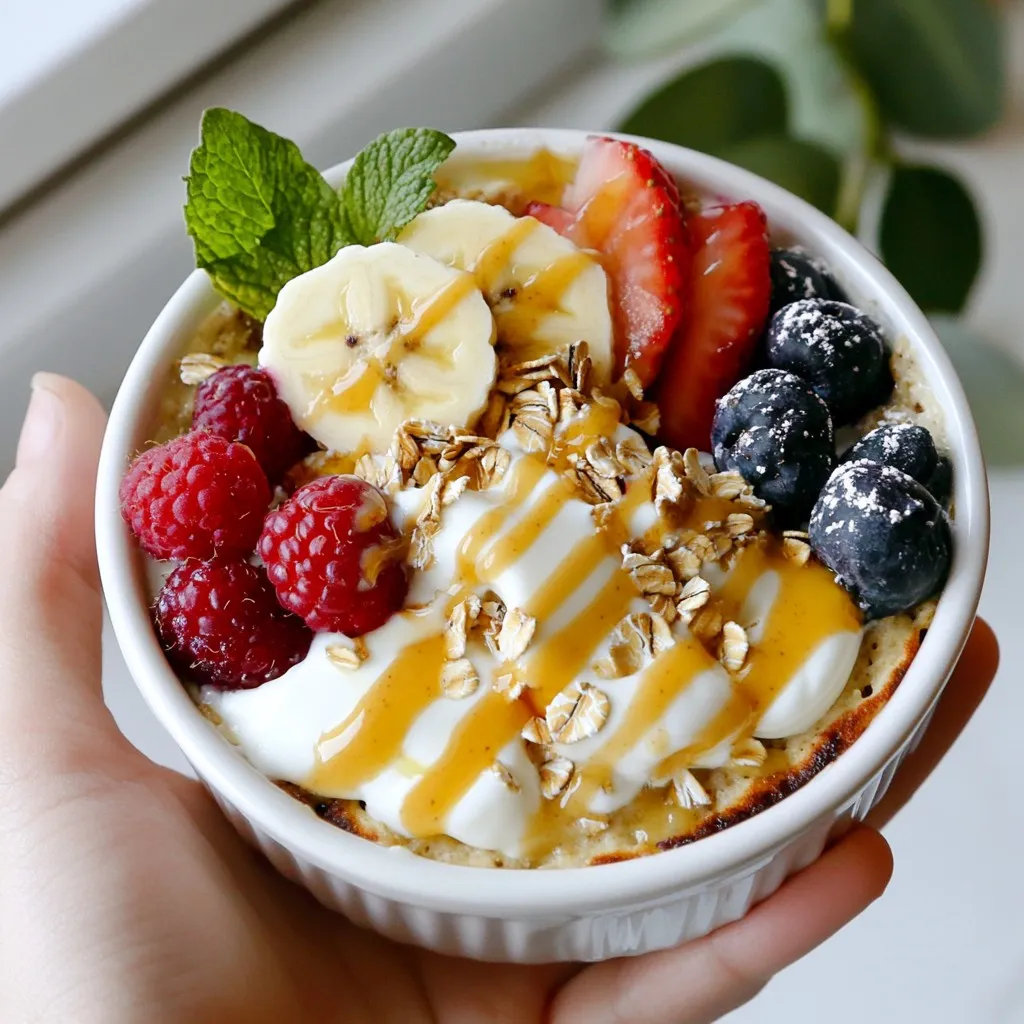 - 1 cup rolled oats - 1 scoop vanilla protein powder - 1 teaspoon baking powder - 1/2 teaspoon cinnamon - 1 cup almond milk (or any milk of choice) - 1 large banana, mashed - 1 tablespoon maple syrup (optional) - 1/4 cup berries (blueberries, raspberries, or diced strawberries) - 2 tablespoons nut butter (peanut butter or almond butter) - Toppings: Greek yogurt, sliced banana, extra berries, and chopped nuts Each serving of Baked Protein Pancake Bowls provides a good balance of nutrients. You get about: - Calories: 220 - Protein: 15 grams - Carbohydrates: 30 grams - Dietary Fiber: 5 grams - Sugars: 5 grams - Fat: 7 grams This meal is high in protein and fiber, which keeps you full and satisfied. You can easily swap ingredients to fit your taste or diet. Try these: - Oats: Use quick oats for a softer texture. - Protein Powder: Any flavor works; chocolate is a fun choice! - Almond Milk: Use cow's milk or soy milk instead. - Banana: Applesauce can replace the banana for a different flavor. - Nut Butter: Try sunflower seed butter for a nut-free option. These substitutions keep the meal tasty while catering to your needs. {{ingredient_image_1}} 1. Preheat the Oven: Set your oven to 350°F (175°C). Grease or line a baking dish with parchment paper. 2. Mix Dry Ingredients: In a large bowl, add 1 cup of rolled oats, 1 scoop of vanilla protein powder, 1 teaspoon of baking powder, and 1/2 teaspoon of cinnamon. Stir these well. 3. Prepare Wet Ingredients: In another bowl, mash 1 large banana. Add 1 cup of almond milk and 1 tablespoon of maple syrup if you want sweetness. Mix until smooth. 4. Combine Ingredients: Add the wet mix to the dry mix. Stir until you have a thick batter. Gently fold in 1/4 cup of berries, like blueberries or raspberries. 5. Pour Batter: Pour the pancake batter into your prepared baking dish. Spread it out evenly. 6. Bake: Place the dish in the oven. Bake for 25-30 minutes. The pancake should be set and the edges golden. 7. Cool and Slice: Take it out and let it cool for a few minutes. Cut into bowls. 8. Top Your Bowls: Serve your pancake bowls with Greek yogurt. Add extra berries, banana slices, and a drizzle of nut butter for great flavor. Enjoy your healthy and delicious meal! To make the best baked protein pancake bowls, start with good oats. I use rolled oats for a chewy texture. Next, choose a protein powder you love. Vanilla adds great flavor. Use fresh baking powder for a good rise. Mix the wet and dry ingredients gently to keep the batter light. Finally, fold in your berries carefully. This keeps them whole and juicy. One common mistake is overmixing the batter. This can make your pancake bowls tough. Another mistake is not measuring the baking powder. Too little won’t help the pancakes rise. Also, don’t skip greasing your dish or using parchment paper. This prevents sticking. Lastly, check your oven temperature. An oven that is too hot can burn the edges before the middle cooks. You can boost flavor by adding spices. Try a pinch of nutmeg or vanilla extract. For more sweetness, add extra maple syrup. Using ripe bananas helps too. They add natural sugar and moisture. For a creamier texture, use full-fat almond milk. You can also experiment with different nut butters. Each one adds a unique taste. Finally, don’t forget your toppings. Greek yogurt, fresh fruit, and nuts make a tasty finish. Pro Tips Use Overripe Bananas: Overripe bananas are sweeter and more flavorful, making them perfect for your pancake mixture. Experiment with Protein Powder: Different brands of protein powder may yield varying textures. Choose one that suits your taste and dietary needs. Customize Your Berries: Feel free to mix and match berries based on your preference or what's in season for a fresh twist. Store Leftovers Properly: Keep any leftover pancake bowls in an airtight container in the fridge for up to three days, reheating as needed. {{image_2}} You can easily switch up the flavor of your baked protein pancake bowls. Try adding different fruits like apples or peaches. You can also mix in a tablespoon of cocoa powder for a chocolatey twist. For a tropical flavor, use coconut milk and add pineapple chunks. These changes keep your breakfasts exciting and fun! If you need gluten-free options, use gluten-free oats instead of regular rolled oats. For a vegan version, substitute the protein powder with a plant-based protein powder. You can replace the almond milk with oat or soy milk. Simply omit the Greek yogurt or use a dairy-free yogurt for a creamy topping. These swaps make it easy for everyone to enjoy! Toppings can elevate your pancake bowls. Some of my favorites are Greek yogurt, honey, or maple syrup. You can also try nut butter, seeds, or granola for crunch. Fresh fruits like bananas, strawberries, or a sprinkle of cinnamon add flavor and color. Get creative with your toppings to make each bowl unique and tasty! To store your leftover baked protein pancake bowls, let them cool first. Then, cut them into slices. Use an airtight container to keep them fresh. Place a piece of parchment paper between layers to avoid sticking. Store in the fridge for up to three days. You can freeze these pancake bowls for longer storage. After cooling, slice them and wrap each slice in plastic wrap. Place all wrapped slices in a freezer-safe bag. Remove as much air as possible. You can freeze them for up to two months. Label the bag with the date so you know when you made them. When you're ready to eat, take a slice from the fridge or freezer. If it's frozen, let it thaw in the fridge overnight. Heat in the microwave for 30-60 seconds. If you prefer, warm them in the oven at 350°F (175°C) for about 10 minutes. You can top them again with yogurt or fresh fruit after reheating. Enjoy your tasty meal! To make baked protein pancake bowls gluten-free, simply replace rolled oats with gluten-free oats. Ensure your protein powder is also gluten-free. You can find many brands that cater to this need. Always check labels to be sure. With these swaps, you can enjoy a tasty and safe meal. Yes, you can use different types of protein powder. Options include whey, pea, or soy protein. Each type may change the flavor slightly. For example, chocolate protein adds a rich taste. Experiment to find what you like best. Just keep the same amount as in the recipe. You will know your pancake bowls are done when they are set and slightly golden on the edges. Insert a toothpick in the center; it should come out clean. If it has wet batter, bake a little longer. Keep an eye on them to avoid overbaking. Enjoy your delicious creation! This article covered all you need to know about baked protein pancake bowls. We learned about key ingredients, their nutrition, and tasty substitutions. I shared step-by-step instructions, tips to enhance your dish, and different flavor options. You now have storage tips for leftovers and answers to common questions. Remember, these pancake bowls are versatile and fun. Enjoy making them your own! Keep experimenting with flavors and toppings to find your favorite mix. Happy cooking!