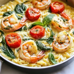 To make this tasty dish, gather these main ingredients: - 1 pound large shrimp, peeled and deveined - 1 cup orzo pasta - 3 cups chicken broth - 1 cup heavy cream - 1 cup cherry tomatoes, halved - 2 cups fresh spinach - 1/2 cup sun-dried tomatoes, chopped - 3 cloves garlic, minced - 1 teaspoon Italian seasoning - 1 tablespoon olive oil - Salt and pepper to taste These ingredients combine to create a rich and creamy meal. The shrimp adds protein, while the orzo acts as a hearty base. The spinach and tomatoes bring freshness and color. You can personalize your shrimp orzo with these optional ingredients: - Fresh herbs like parsley or thyme - Lemon zest for a bright flavor - Red pepper flakes for heat - Artichoke hearts for extra texture - Cream cheese for more creaminess Feel free to add or swap ingredients to match your taste. Cooking should be fun and flexible. To finish off your dish, consider these toppings: - Grated Parmesan cheese - Fresh basil leaves - A drizzle of olive oil - Cracked black pepper These toppings elevate the flavors and make your dish look beautiful. Enjoy experimenting with different combinations to find your favorite! {{ingredient_image_1}} You need to gather all your ingredients first. This makes cooking easier and faster. Here’s what you need: - 1 pound large shrimp, peeled and deveined - 1 cup orzo pasta - 3 cups chicken broth - 1 cup heavy cream - 1 cup cherry tomatoes, halved - 2 cups fresh spinach - 1/2 cup sun-dried tomatoes, chopped - 3 cloves garlic, minced - 1 teaspoon Italian seasoning - 1 tablespoon olive oil - Salt and pepper to taste - Grated Parmesan cheese for serving - Fresh basil leaves for garnish 1. Start by heating your olive oil in a large pot over medium heat. 2. Add the minced garlic and cook for 1-2 minutes. You want it fragrant but not burned. 3. Next, toss in the shrimp, adding salt, pepper, and Italian seasoning. Cook them for 2-3 minutes until they turn pink. 4. Remove the shrimp and set them aside. 5. In the same pot, add the orzo. Stir it for about 1 minute to lightly toast it. 6. Pour in the chicken broth and bring to a gentle boil. Lower the heat, cover, and cook for 8-10 minutes. Stir now and then to stop sticking. 7. After the orzo is al dente, mix in the heavy cream, cherry tomatoes, sun-dried tomatoes, and spinach. Stir until the spinach wilts. 8. Return the shrimp to the pot and mix gently. Heat everything for another 1-2 minutes. 9. Adjust the seasoning with salt and pepper if needed. 10. Remove from heat and let the dish sit for a few minutes to thicken. 11. Serve warm, topped with grated Parmesan cheese and fresh basil. For that perfect finish, sprinkle extra Parmesan cheese on top. The cheese adds a lovely flavor. Fresh basil gives a nice aroma and bright color. If you like a bit of heat, add red pepper flakes when cooking. This dish is rich and creamy, so serve it warm for the best taste! When cooking shrimp, timing is key. Cook them for only 2-3 minutes. They should turn pink and opaque. Overcooking makes shrimp tough. Always remove the shrimp from the pot early. This way, they will stay tender while you finish the dish. To get that perfect creamy sauce, use heavy cream. It thickens well and adds richness. After cooking the orzo, add the cream slowly. Stir it gently to mix. This helps prevent lumps. If the sauce is too thick, add a bit more broth. Always check the consistency before serving. Seasoning is vital for flavor. Use salt, pepper, and Italian seasoning. Fresh garlic makes the dish pop. Sun-dried tomatoes add a sweet and tangy taste. Don’t forget to taste as you cook. Adjust the seasoning to your liking. Just a pinch more salt or pepper can make a big difference. Pro Tips Perfectly Cooked Shrimp: Be careful not to overcook the shrimp; they should turn pink and opaque, which usually takes about 2-3 minutes. Remove them from the pot as soon as they are cooked to prevent them from becoming rubbery. Al Dente Orzo: Keep an eye on the orzo while it cooks to ensure it reaches the perfect al dente texture. Stir occasionally to prevent sticking and to ensure even cooking. Make it Creamy: For a richer flavor, let the heavy cream simmer for a minute or two before adding the other ingredients. This helps to enhance the creaminess of the sauce. Fresh Herbs Finish: Always add fresh herbs like basil after cooking to maintain their vibrant flavor and color. This will elevate the dish's overall presentation and taste. {{image_2}} If you want a vegetarian dish, you can swap shrimp for mushrooms. Use 8 ounces of sliced mushrooms for a meaty texture. You can also add chickpeas for protein. They add great flavor and texture. Try using diced zucchini or eggplant for a fresh twist. Both choices work well in this creamy dish. Orzo is a great pasta choice, but you can use others too. Try using farro or quinoa for a hearty option. If you want gluten-free, use rice or gluten-free pasta. Each choice brings a unique taste and texture. Just watch the cooking times, as they may differ from orzo. You can customize the recipe to fit your needs. If you are lactose-free, swap heavy cream for coconut milk. It gives a creamy feel without dairy. For a lower-carb option, use cauliflower rice instead of orzo. You can also use vegetable broth for a plant-based dish. These swaps keep your meal tasty and enjoyable. After you enjoy your One Pot Creamy Tuscan Shrimp Orzo, always store leftovers properly. Cool the dish to room temperature. Then, transfer it to an airtight container. This keeps the flavors fresh. Store it in the fridge for up to three days. Label the container with the date, so you remember when you made it. When you're ready to eat your leftovers, reheating is simple. Place the orzo in a pot over low heat. Add a splash of chicken broth or cream to keep it moist. Stir well and heat until warm. You can also use the microwave. Place in a microwave-safe bowl, cover it, and heat for 1-2 minutes, stirring halfway. If you want to save some for later, freezing is a good option. First, let the dish cool completely. Then, portion it into freezer-safe containers. Make sure to leave some space for expansion. Label each container with the date. You can freeze it for up to three months. To reheat, thaw it overnight in the fridge. Then, follow the reheating instructions above for the best results. To make One Pot Creamy Tuscan Shrimp Orzo, start by heating olive oil in a large pot. Add minced garlic and cook it for a minute. Then, add the shrimp, season with salt, pepper, and Italian seasoning, and cook until pink. Remove the shrimp and set them aside. Next, add orzo pasta to the same pot and stir for about one minute. Pour in chicken broth and bring it to a boil. Lower the heat and cover the pot, cooking for 8-10 minutes until the orzo is tender. Now, stir in heavy cream, cherry tomatoes, sun-dried tomatoes, and spinach. Cook until the spinach wilts. Finally, return the shrimp to the pot, mix gently, and heat through. Serve it warm with Parmesan cheese and basil on top. Yes, you can use frozen shrimp for this recipe. Just thaw them first. To thaw, place shrimp in cold water for about 15 minutes. Once thawed, peel and devein them if needed. This step will save you time and still give you tasty results. Creamy Tuscan Shrimp Orzo pairs well with a fresh salad. A simple green salad with a light vinaigrette works great. You can also serve it with garlic bread for a hearty meal. For a special touch, try a glass of white wine to complement the dish. This dish lasts about 3-4 days in the refrigerator. Store it in an airtight container to keep it fresh. When ready to eat, just reheat it gently on the stove or in the microwave. Add a splash of cream or broth if it seems a bit dry when reheating. You learned about the key ingredients and steps to make One Pot Creamy Tuscan Shrimp Orzo. I shared tips on cooking shrimp, creating a creamy sauce, and enhancing flavors. You can even try different pasta or a vegetarian option. Remember to store leftovers properly and enjoy them later. This dish is simple and tasty, perfect for any meal. Dive into your kitchen and make this delightful recipe today!